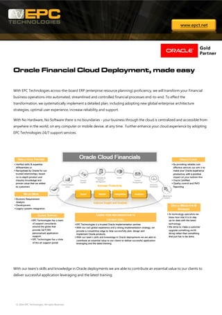 © 2014 EPC Technologies. All rights Reserved
Oracle Financial Cloud Deployment, made easy
With EPC Technologies across-the-board ERP (enterprise resource planning) proficiency, we will transform your Financial
business operations into automated, streamlined and controlled financial processes end-to-end. To effect the
transformation, we systematically implement a detailed plan, including adopting new global enterprise architecture
strategies, optimal user experience, increase reliability and support.
With No Hardware, No Software there is no boundaries - your business through the cloud is centralized and accessible from
anywhere in the world, on any computer or mobile devise, at any time. Further enhance your cloud experience by adopting
EPC Technologies 24/7 support services.
With our team's skills and knowledge in Oracle deployments we are able to contribute an essential value to our clients to
deliver successful application leveraging and the latest training.
www.epct.net
 