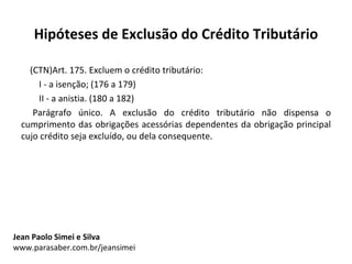 Hipóteses de Exclusão do Crédito Tributário

   (CTN)Art. 175. Excluem o crédito tributário:
     I - a isenção; (176 a 179)
     II - a anistia. (180 a 182)
    Parágrafo único. A exclusão do crédito tributário não dispensa o
 cumprimento das obrigações acessórias dependentes da obrigação principal
 cujo crédito seja excluído, ou dela consequente.




Jean Paolo Simei e Silva
www.parasaber.com.br/jeansimei
 