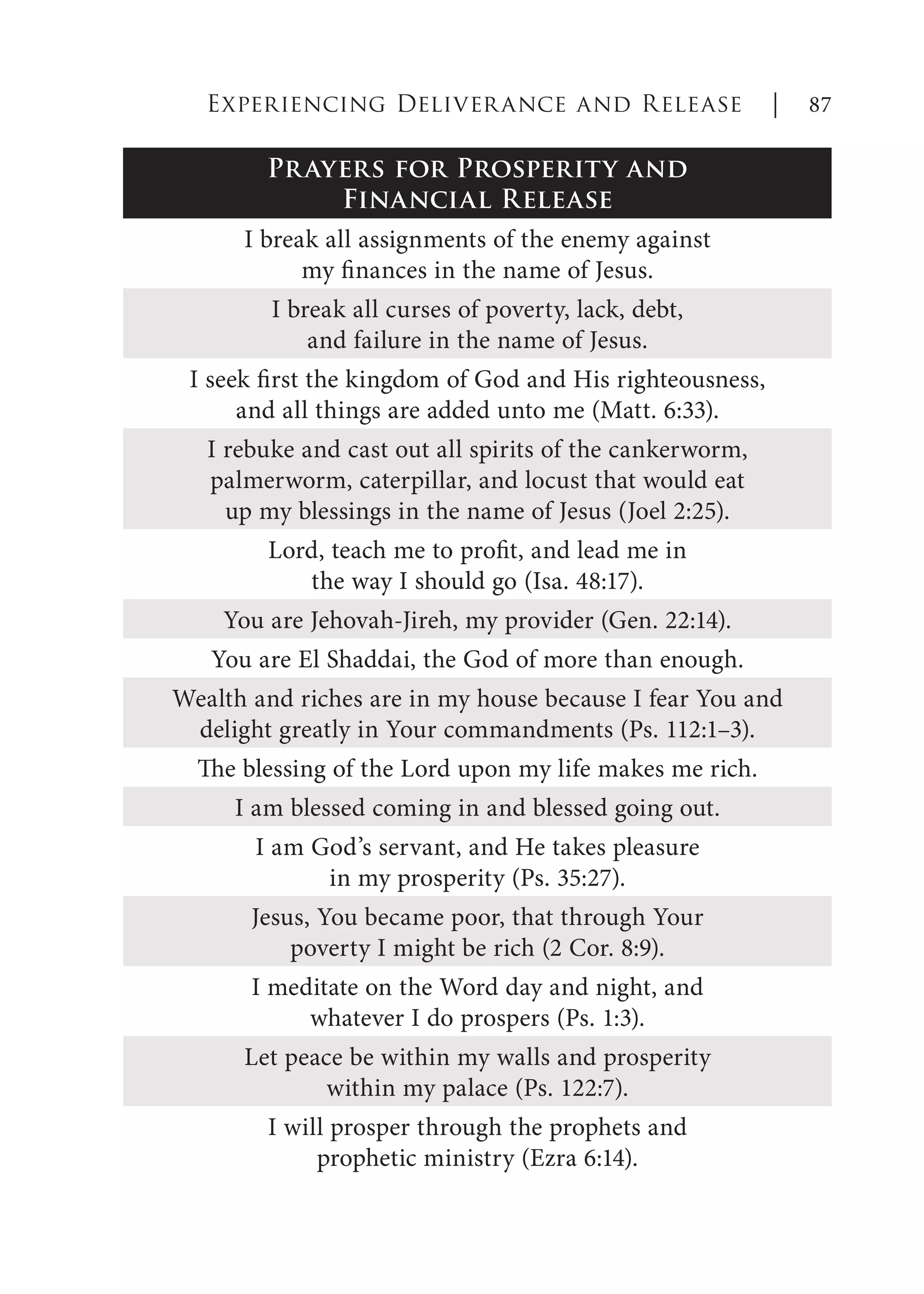 Prayers for Prosperity and
Financial Release
I break all assignments of the enemy against
my finances in the name of Jesus.
I break all curses of poverty, lack, debt,
and failure in the name of Jesus.
I seek first the kingdom of God and His righteousness,
and all things are added unto me (Matt. 6:33).
I rebuke and cast out all spirits of the cankerworm,
palmerworm, caterpillar, and locust that would eat
up my blessings in the name of Jesus (Joel 2:25).
Lord, teach me to profit, and lead me in
the way I should go (Isa. 48:17).
You are Jehovah-Jireh, my provider (Gen. 22:14).
You are El Shaddai, the God of more than enough.
Wealth and riches are in my house because I fear You and
delight greatly in Your commandments (Ps. 112:1–3).
The blessing of the Lord upon my life makes me rich.
I am blessed coming in and blessed going out.
I am God’s servant, and He takes pleasure
in my prosperity (Ps. 35:27).
Jesus, You became poor, that through Your
poverty I might be rich (2 Cor. 8:9).
I meditate on the Word day and night, and
whatever I do prospers (Ps. 1:3).
Let peace be within my walls and prosperity
within my palace (Ps. 122:7).
I will prosper through the prophets and
prophetic ministry (Ezra 6:14).
Experiencing Deliverance and Release | 87
 