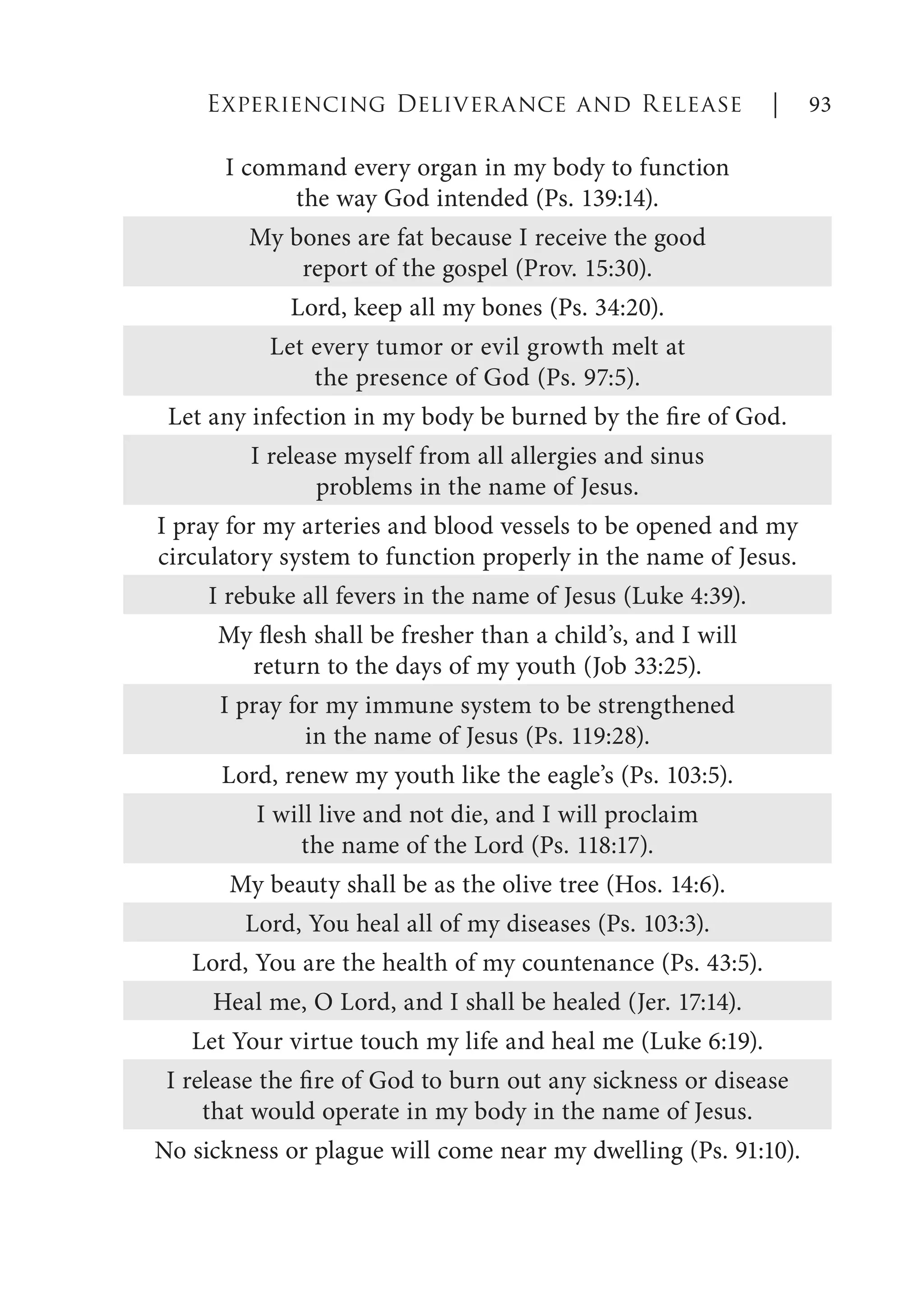 Experiencing Deliverance and Release | 93
I command every organ in my body to function
the way God intended (Ps. 139:14).
My bones are fat because I receive the good
report of the gospel (Prov. 15:30).
Lord, keep all my bones (Ps. 34:20).
Let every tumor or evil growth melt at
the presence of God (Ps. 97:5).
Let any infection in my body be burned by the fire of God.
I release myself from all allergies and sinus
problems in the name of Jesus.
I pray for my arteries and blood vessels to be opened and my
circulatory system to function properly in the name of Jesus.
I rebuke all fevers in the name of Jesus (Luke 4:39).
My flesh shall be fresher than a child’s, and I will
return to the days of my youth (Job 33:25).
I pray for my immune system to be strengthened
in the name of Jesus (Ps. 119:28).
Lord, renew my youth like the eagle’s (Ps. 103:5).
I will live and not die, and I will proclaim
the name of the Lord (Ps. 118:17).
My beauty shall be as the olive tree (Hos. 14:6).
Lord, You heal all of my diseases (Ps. 103:3).
Lord, You are the health of my countenance (Ps. 43:5).
Heal me, O Lord, and I shall be healed (Jer. 17:14).
Let Your virtue touch my life and heal me (Luke 6:19).
I release the fire of God to burn out any sickness or disease
that would operate in my body in the name of Jesus.
No sickness or plague will come near my dwelling (Ps. 91:10).
 