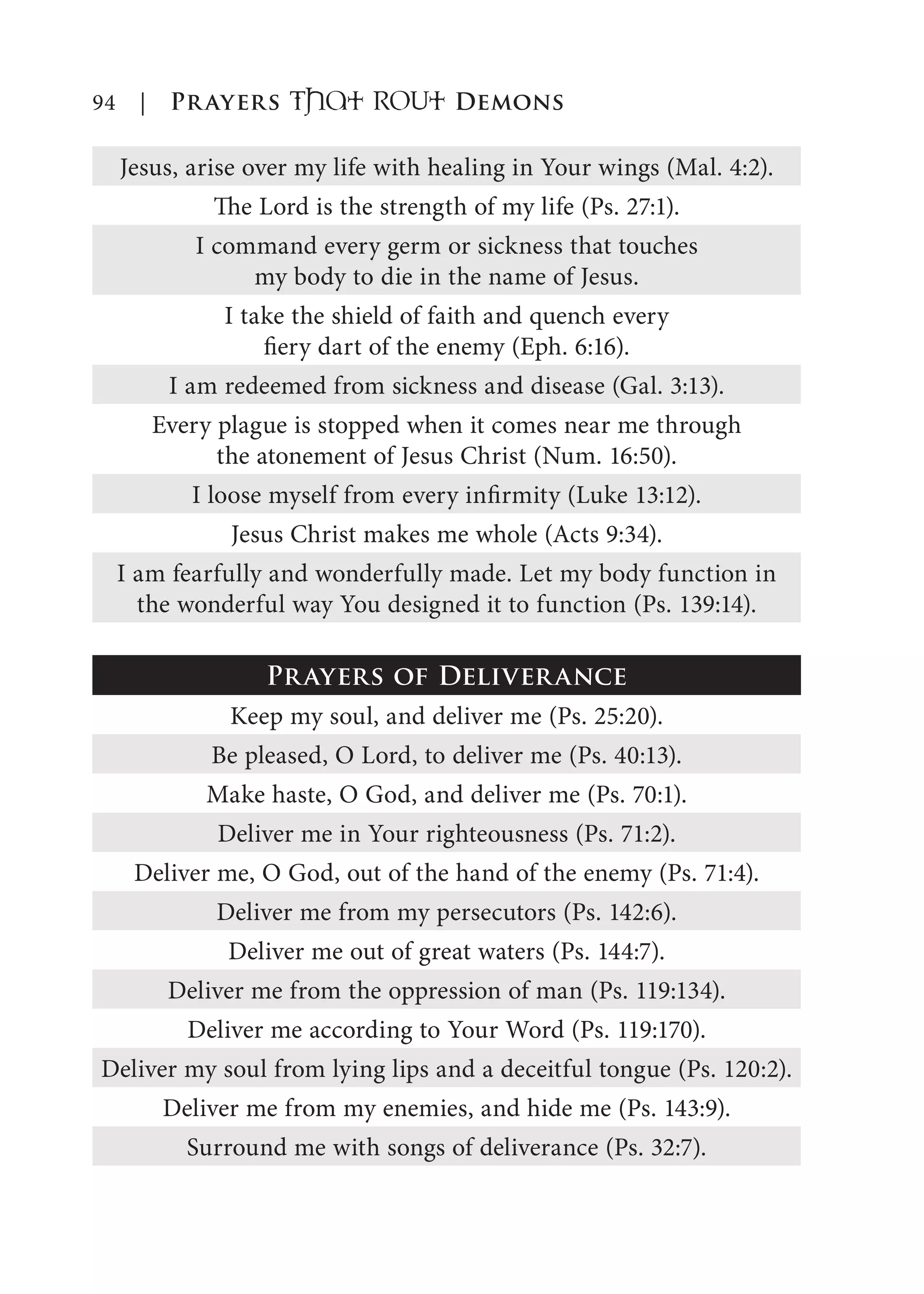 94 | Prayers That RoUt Demons
Jesus, arise over my life with healing in Your wings (Mal. 4:2).
The Lord is the strength of my life (Ps. 27:1).
I command every germ or sickness that touches
my body to die in the name of Jesus.
I take the shield of faith and quench every
fiery dart of the enemy (Eph. 6:16).
I am redeemed from sickness and disease (Gal. 3:13).
Every plague is stopped when it comes near me through
the atonement of Jesus Christ (Num. 16:50).
I loose myself from every infirmity (Luke 13:12).
Jesus Christ makes me whole (Acts 9:34).
I am fearfully and wonderfully made. Let my body function in
the wonderful way You designed it to function (Ps. 139:14).
Prayers of Deliverance
Keep my soul, and deliver me (Ps. 25:20).
Be pleased, O Lord, to deliver me (Ps. 40:13).
Make haste, O God, and deliver me (Ps. 70:1).
Deliver me in Your righteousness (Ps. 71:2).
Deliver me, O God, out of the hand of the enemy (Ps. 71:4).
Deliver me from my persecutors (Ps. 142:6).
Deliver me out of great waters (Ps. 144:7).
Deliver me from the oppression of man (Ps. 119:134).
Deliver me according to Your Word (Ps. 119:170).
Deliver my soul from lying lips and a deceitful tongue (Ps. 120:2).
Deliver me from my enemies, and hide me (Ps. 143:9).
Surround me with songs of deliverance (Ps. 32:7).
 