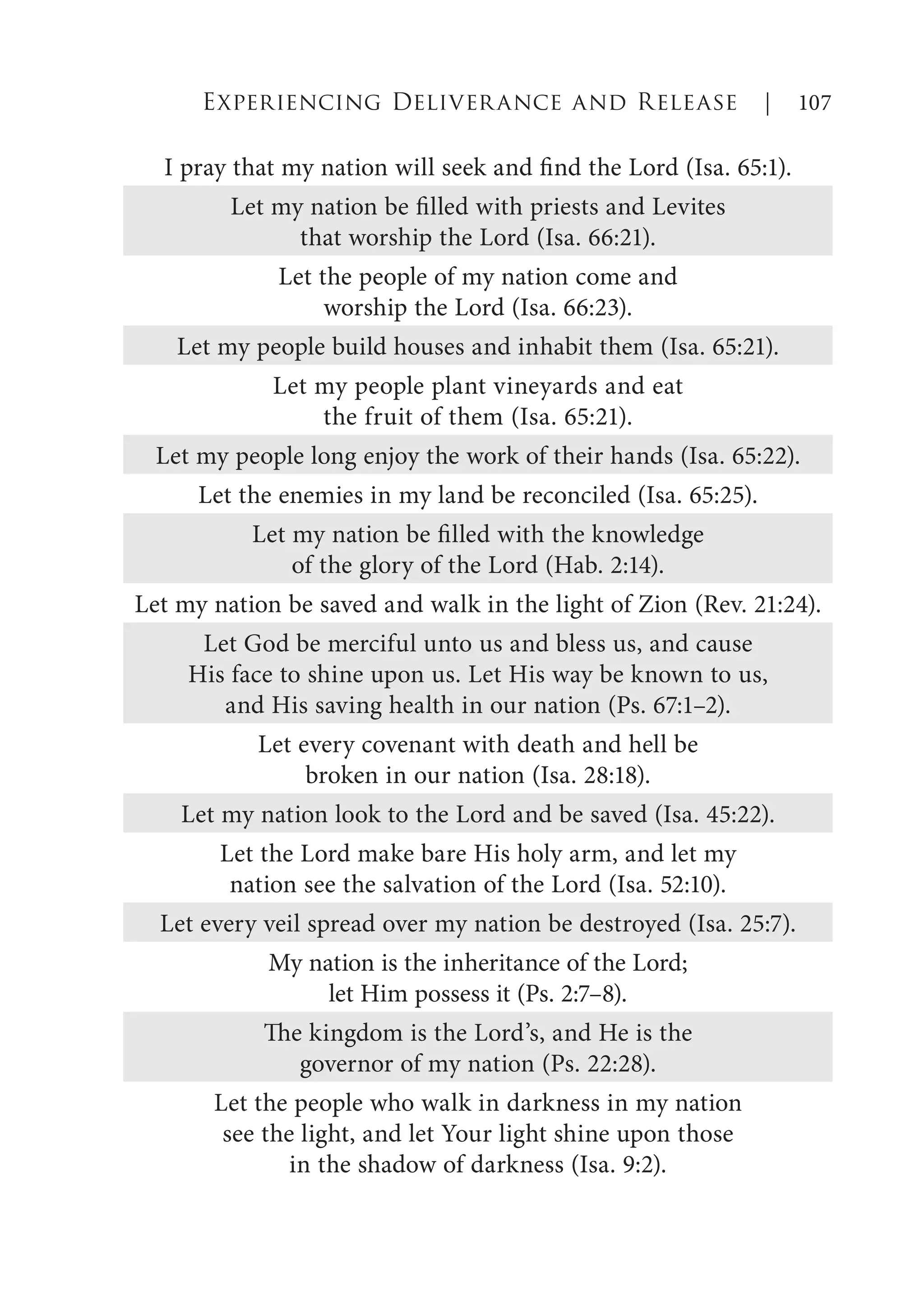 I pray that my nation will seek and find the Lord (Isa. 65:1).
Let my nation be filled with priests and Levites
that worship the Lord (Isa. 66:21).
Let the people of my nation come and
worship the Lord (Isa. 66:23).
Let my people build houses and inhabit them (Isa. 65:21).
Let my people plant vineyards and eat
the fruit of them (Isa. 65:21).
Let my people long enjoy the work of their hands (Isa. 65:22).
Let the enemies in my land be reconciled (Isa. 65:25).
Let my nation be filled with the knowledge
of the glory of the Lord (Hab. 2:14).
Let my nation be saved and walk in the light of Zion (Rev. 21:24).
Let God be merciful unto us and bless us, and cause
His face to shine upon us. Let His way be known to us,
and His saving health in our nation (Ps. 67:1–2).
Let every covenant with death and hell be
broken in our nation (Isa. 28:18).
Let my nation look to the Lord and be saved (Isa. 45:22).
Let the Lord make bare His holy arm, and let my
nation see the salvation of the Lord (Isa. 52:10).
Let every veil spread over my nation be destroyed (Isa. 25:7).
My nation is the inheritance of the Lord;
let Him possess it (Ps. 2:7–8).
The kingdom is the Lord’s, and He is the
governor of my nation (Ps. 22:28).
Let the people who walk in darkness in my nation
see the light, and let Your light shine upon those
in the shadow of darkness (Isa. 9:2).
Experiencing Deliverance and Release | 107
 