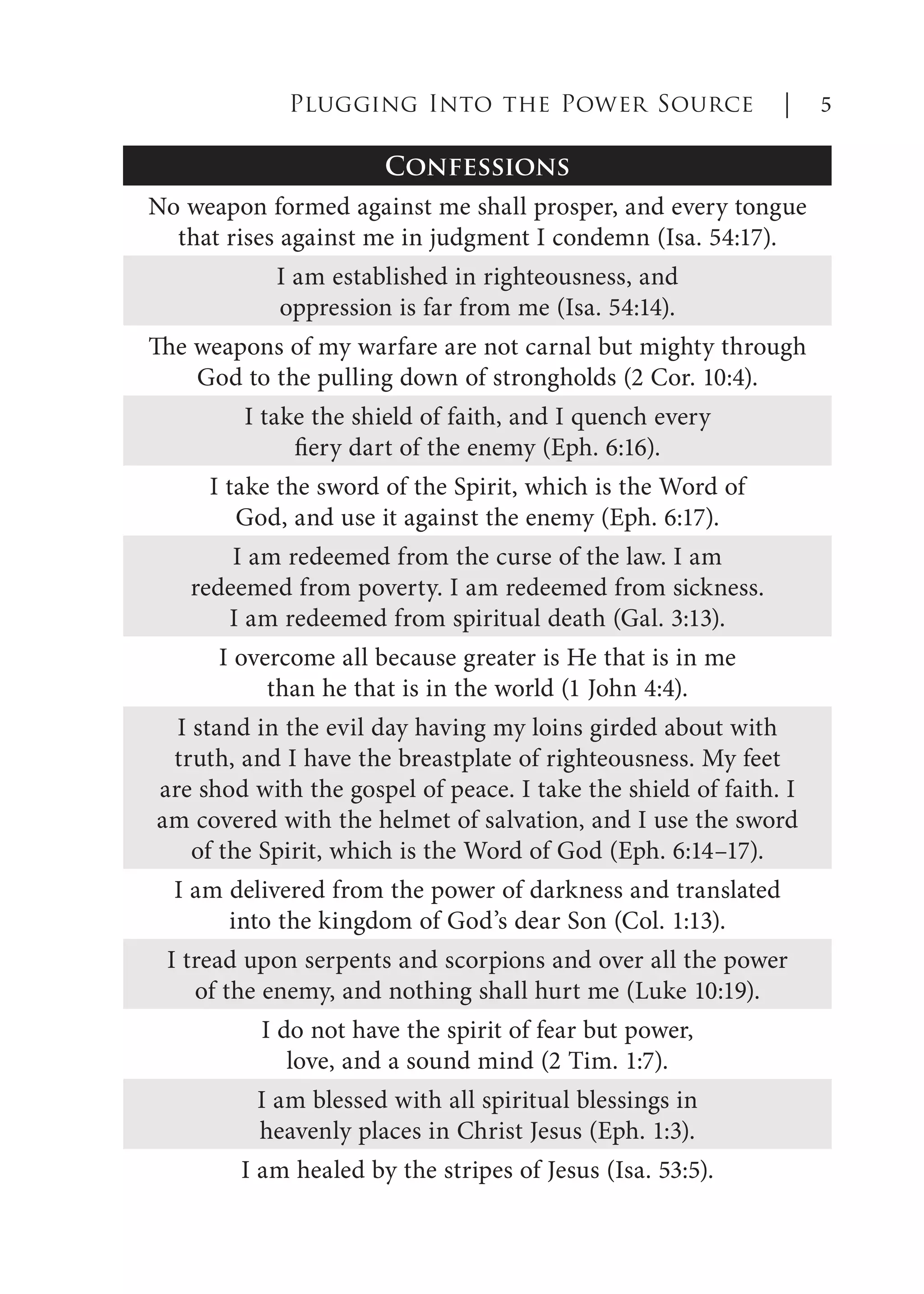 Confessions
No weapon formed against me shall prosper, and every tongue
that rises against me in judgment I condemn (Isa. 54:17).
I am established in righteousness, and
oppression is far from me (Isa. 54:14).
The weapons of my warfare are not carnal but mighty through
God to the pulling down of strongholds (2 Cor. 10:4).
I take the shield of faith, and I quench every
fiery dart of the enemy (Eph. 6:16).
I take the sword of the Spirit, which is the Word of
God, and use it against the enemy (Eph. 6:17).
I am redeemed from the curse of the law. I am
redeemed from poverty. I am redeemed from sickness.
I am redeemed from spiritual death (Gal. 3:13).
I overcome all because greater is He that is in me
than he that is in the world (1 John 4:4).
I stand in the evil day having my loins girded about with
truth, and I have the breastplate of righteousness. My feet
are shod with the gospel of peace. I take the shield of faith. I
am covered with the helmet of salvation, and I use the sword
of the Spirit, which is the Word of God (Eph. 6:14–17).
I am delivered from the power of darkness and translated
into the kingdom of God’s dear Son (Col. 1:13).
I tread upon serpents and scorpions and over all the power
of the enemy, and nothing shall hurt me (Luke 10:19).
I do not have the spirit of fear but power,
love, and a sound mind (2 Tim. 1:7).
I am blessed with all spiritual blessings in
heavenly places in Christ Jesus (Eph. 1:3).
I am healed by the stripes of Jesus (Isa. 53:5).
Plugging Into the Power Source | 5
 