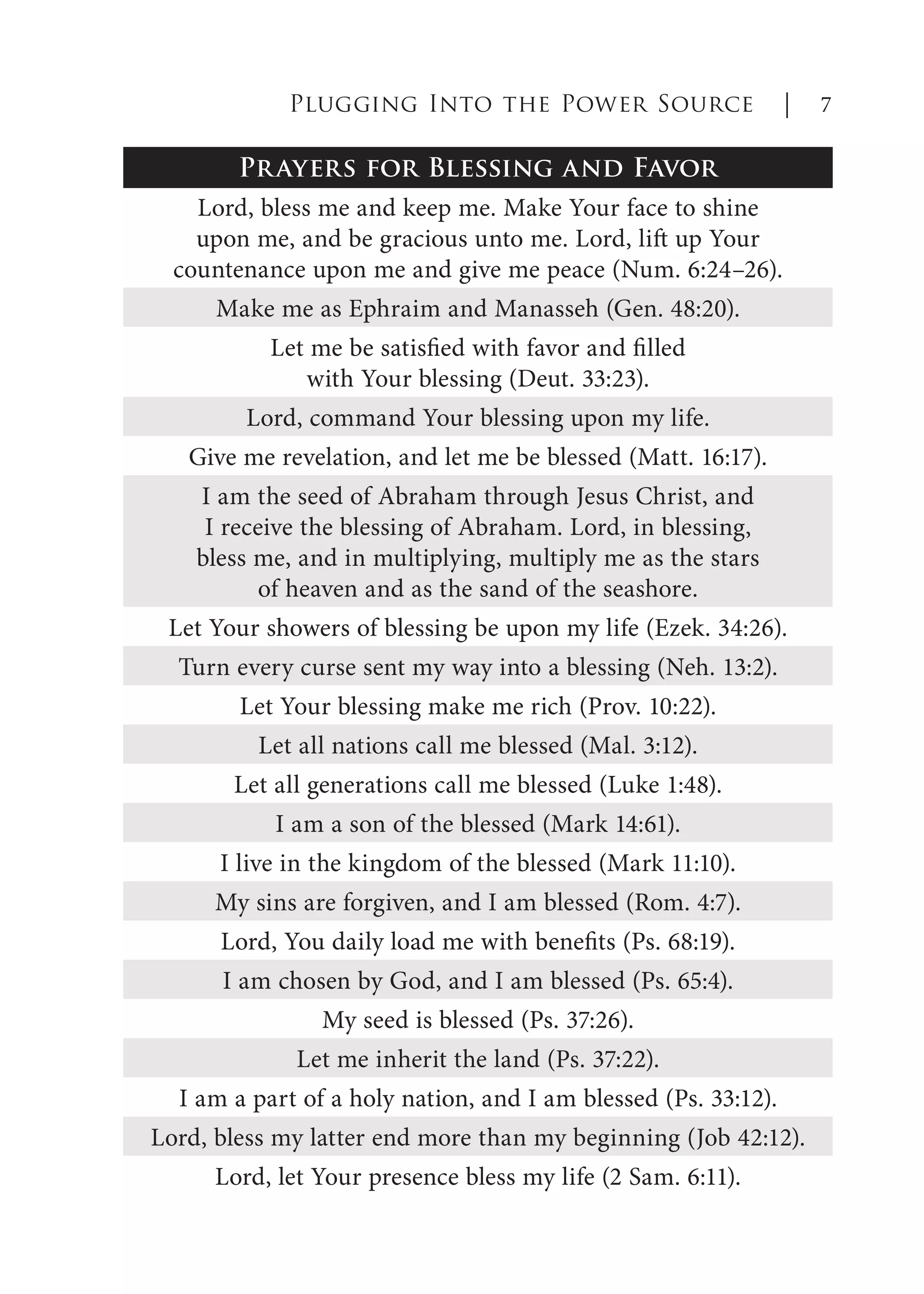Prayers for Blessing and Favor
Lord, bless me and keep me. Make Your face to shine
upon me, and be gracious unto me. Lord, lift up Your
countenance upon me and give me peace (Num. 6:24–26).
Make me as Ephraim and Manasseh (Gen. 48:20).
Let me be satisfied with favor and filled
with Your blessing (Deut. 33:23).
Lord, command Your blessing upon my life.
Give me revelation, and let me be blessed (Matt. 16:17).
I am the seed of Abraham through Jesus Christ, and
I receive the blessing of Abraham. Lord, in blessing,
bless me, and in multiplying, multiply me as the stars
of heaven and as the sand of the seashore.
Let Your showers of blessing be upon my life (Ezek. 34:26).
Turn every curse sent my way into a blessing (Neh. 13:2).
Let Your blessing make me rich (Prov. 10:22).
Let all nations call me blessed (Mal. 3:12).
Let all generations call me blessed (Luke 1:48).
I am a son of the blessed (Mark 14:61).
I live in the kingdom of the blessed (Mark 11:10).
My sins are forgiven, and I am blessed (Rom. 4:7).
Lord, You daily load me with benefits (Ps. 68:19).
I am chosen by God, and I am blessed (Ps. 65:4).
My seed is blessed (Ps. 37:26).
Let me inherit the land (Ps. 37:22).
I am a part of a holy nation, and I am blessed (Ps. 33:12).
Lord, bless my latter end more than my beginning (Job 42:12).
Lord, let Your presence bless my life (2 Sam. 6:11).
Plugging Into the Power Source | 7
 