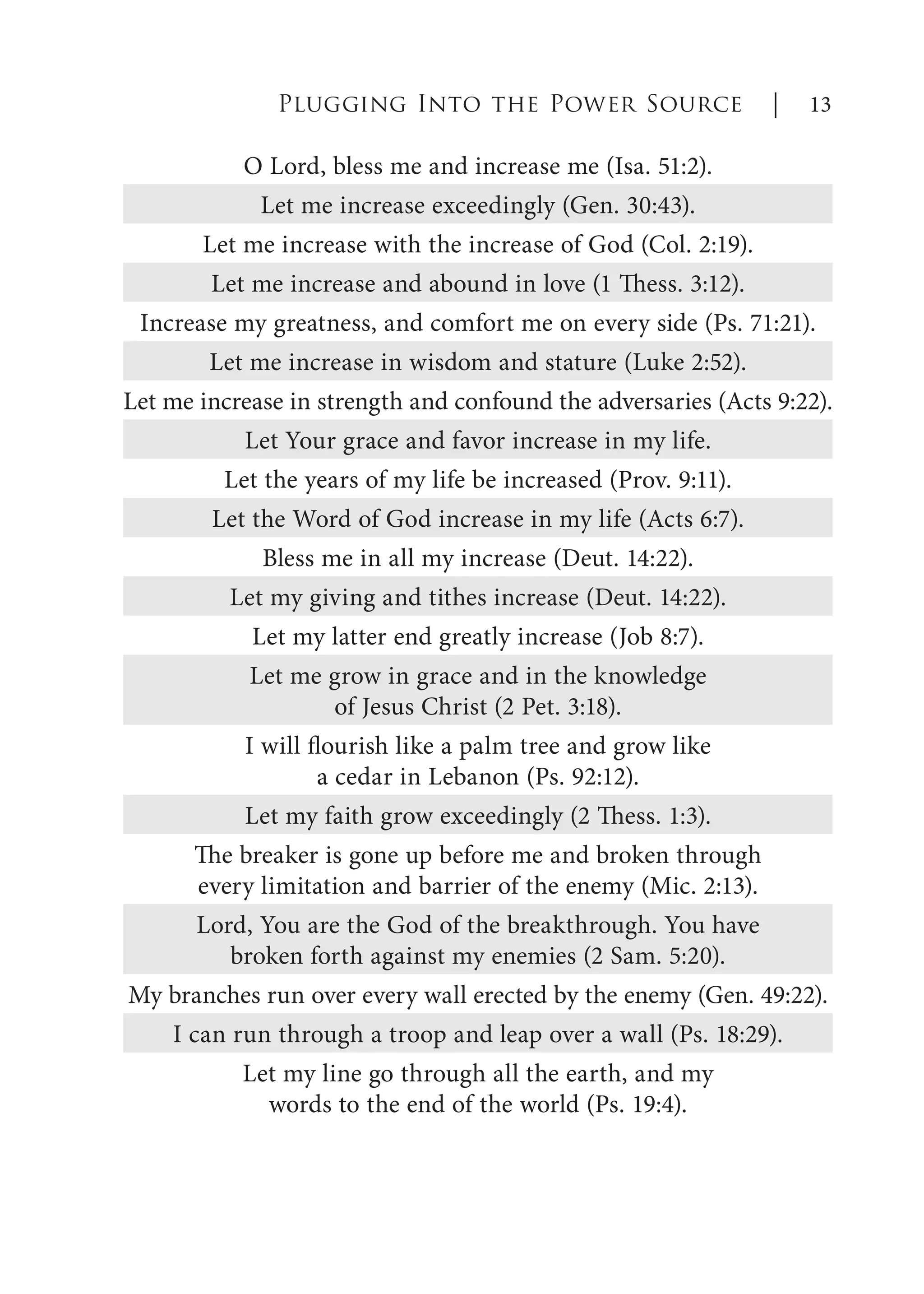 O Lord, bless me and increase me (Isa. 51:2).
Let me increase exceedingly (Gen. 30:43).
Let me increase with the increase of God (Col. 2:19).
Let me increase and abound in love (1 Thess. 3:12).
Increase my greatness, and comfort me on every side (Ps. 71:21).
Let me increase in wisdom and stature (Luke 2:52).
Let me increase in strength and confound the adversaries (Acts 9:22).
Let Your grace and favor increase in my life.
Let the years of my life be increased (Prov. 9:11).
Let the Word of God increase in my life (Acts 6:7).
Bless me in all my increase (Deut. 14:22).
Let my giving and tithes increase (Deut. 14:22).
Let my latter end greatly increase (Job 8:7).
Let me grow in grace and in the knowledge
of Jesus Christ (2 Pet. 3:18).
I will flourish like a palm tree and grow like
a cedar in Lebanon (Ps. 92:12).
Let my faith grow exceedingly (2 Thess. 1:3).
The breaker is gone up before me and broken through
every limitation and barrier of the enemy (Mic. 2:13).
Lord, You are the God of the breakthrough. You have
broken forth against my enemies (2 Sam. 5:20).
My branches run over every wall erected by the enemy (Gen. 49:22).
I can run through a troop and leap over a wall (Ps. 18:29).
Let my line go through all the earth, and my
words to the end of the world (Ps. 19:4).
Plugging Into the Power Source | 13
 