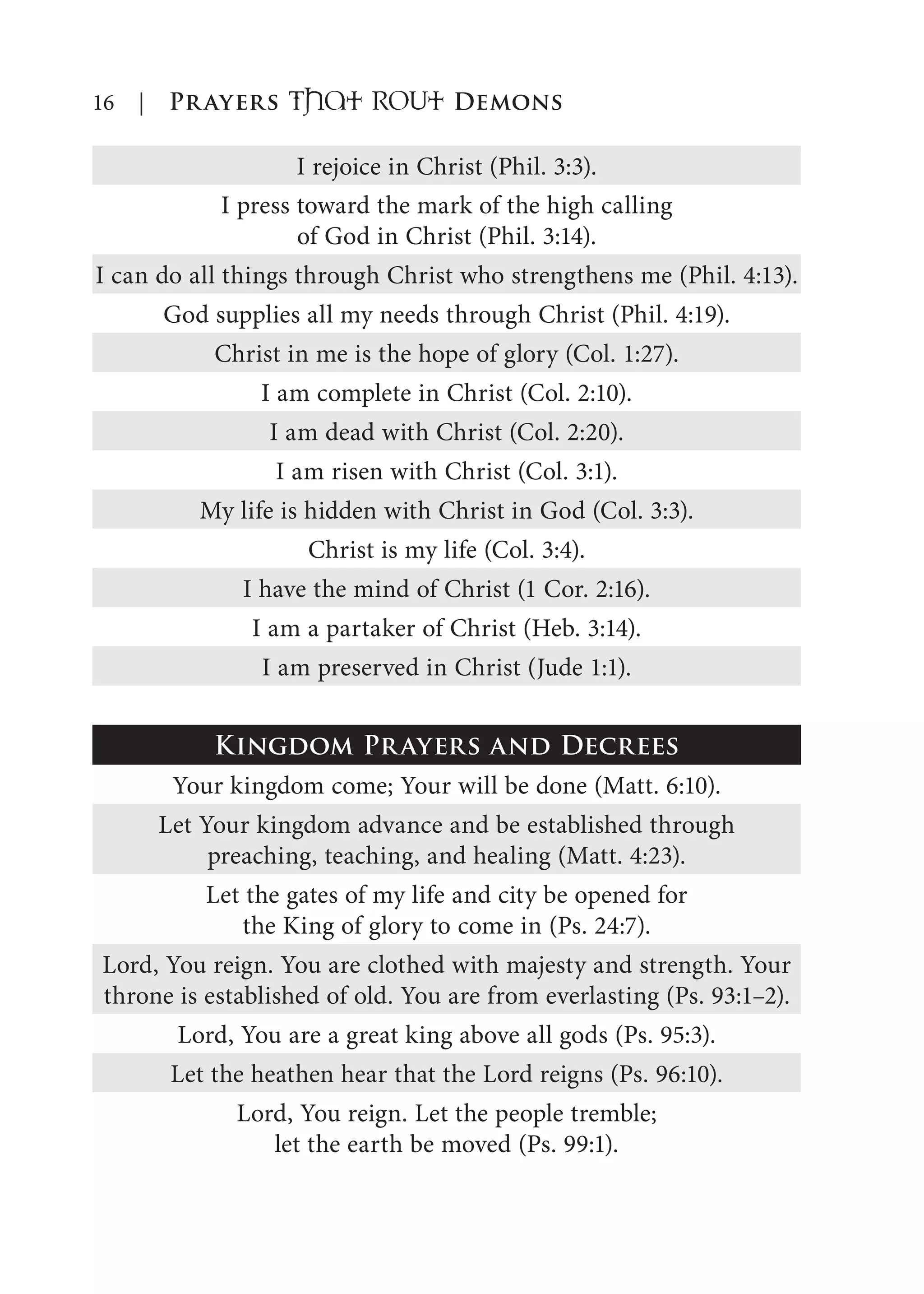 16 | Prayers That RoUt Demons
I rejoice in Christ (Phil. 3:3).
I press toward the mark of the high calling
of God in Christ (Phil. 3:14).
I can do all things through Christ who strengthens me (Phil. 4:13).
God supplies all my needs through Christ (Phil. 4:19).
Christ in me is the hope of glory (Col. 1:27).
I am complete in Christ (Col. 2:10).
I am dead with Christ (Col. 2:20).
I am risen with Christ (Col. 3:1).
My life is hidden with Christ in God (Col. 3:3).
Christ is my life (Col. 3:4).
I have the mind of Christ (1 Cor. 2:16).
I am a partaker of Christ (Heb. 3:14).
I am preserved in Christ (Jude 1:1).
Kingdom Prayers and Decrees
Your kingdom come; Your will be done (Matt. 6:10).
Let Your kingdom advance and be established through
preaching, teaching, and healing (Matt. 4:23).
Let the gates of my life and city be opened for
the King of glory to come in (Ps. 24:7).
Lord, You reign. You are clothed with majesty and strength. Your
throne is established of old. You are from everlasting (Ps. 93:1–2).
Lord, You are a great king above all gods (Ps. 95:3).
Let the heathen hear that the Lord reigns (Ps. 96:10).
Lord, You reign. Let the people tremble;
let the earth be moved (Ps. 99:1).
 