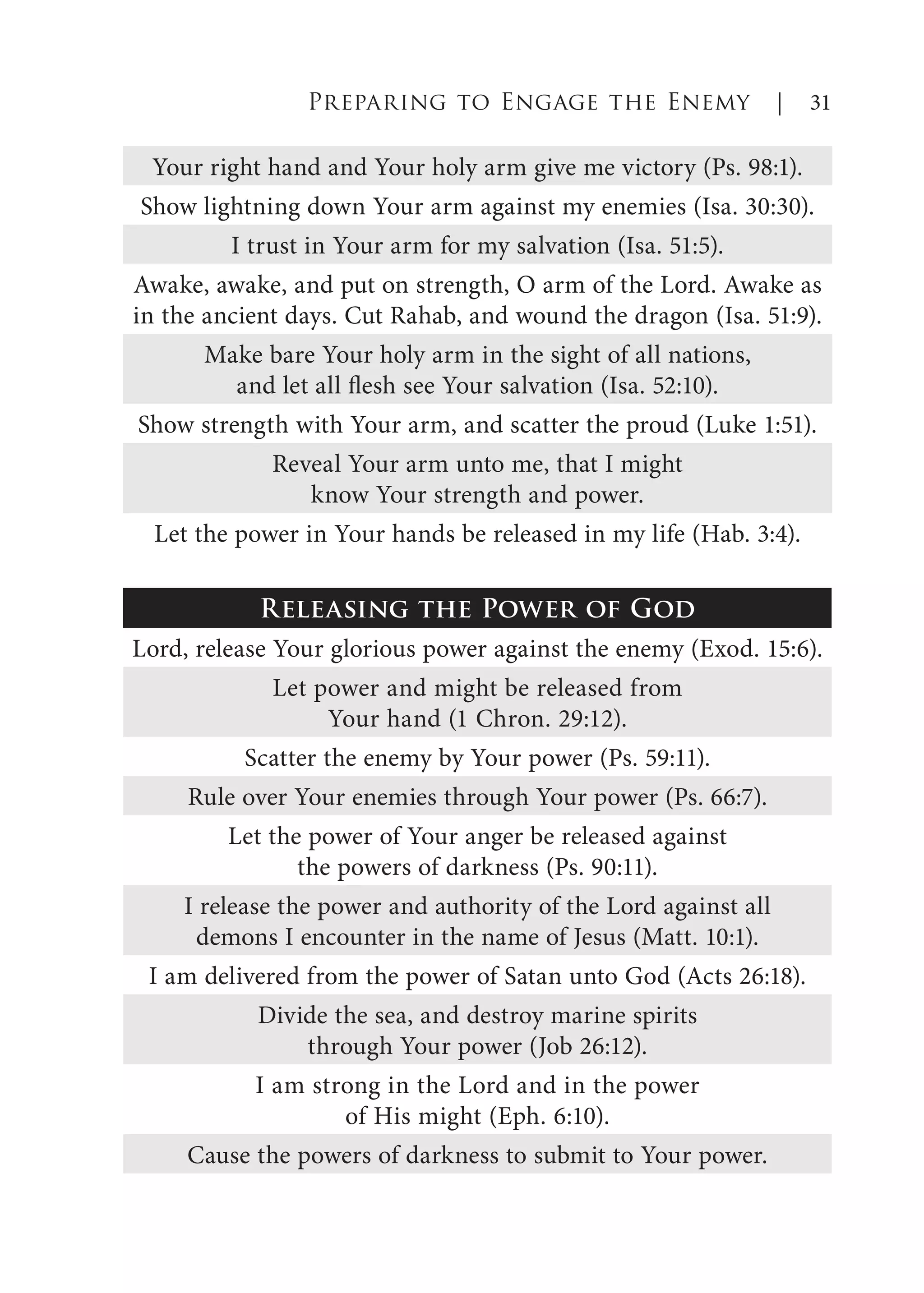 Your right hand and Your holy arm give me victory (Ps. 98:1).
Show lightning down Your arm against my enemies (Isa. 30:30).
I trust in Your arm for my salvation (Isa. 51:5).
Awake, awake, and put on strength, O arm of the Lord. Awake as
in the ancient days. Cut Rahab, and wound the dragon (Isa. 51:9).
Make bare Your holy arm in the sight of all nations,
and let all flesh see Your salvation (Isa. 52:10).
Show strength with Your arm, and scatter the proud (Luke 1:51).
Reveal Your arm unto me, that I might
know Your strength and power.
Let the power in Your hands be released in my life (Hab. 3:4).
Releasing the Power of God
Lord, release Your glorious power against the enemy (Exod. 15:6).
Let power and might be released from
Your hand (1 Chron. 29:12).
Scatter the enemy by Your power (Ps. 59:11).
Rule over Your enemies through Your power (Ps. 66:7).
Let the power of Your anger be released against
the powers of darkness (Ps. 90:11).
I release the power and authority of the Lord against all
demons I encounter in the name of Jesus (Matt. 10:1).
I am delivered from the power of Satan unto God (Acts 26:18).
Divide the sea, and destroy marine spirits
through Your power (Job 26:12).
I am strong in the Lord and in the power
of His might (Eph. 6:10).
Cause the powers of darkness to submit to Your power.
Preparing to Engage the Enemy | 31
 