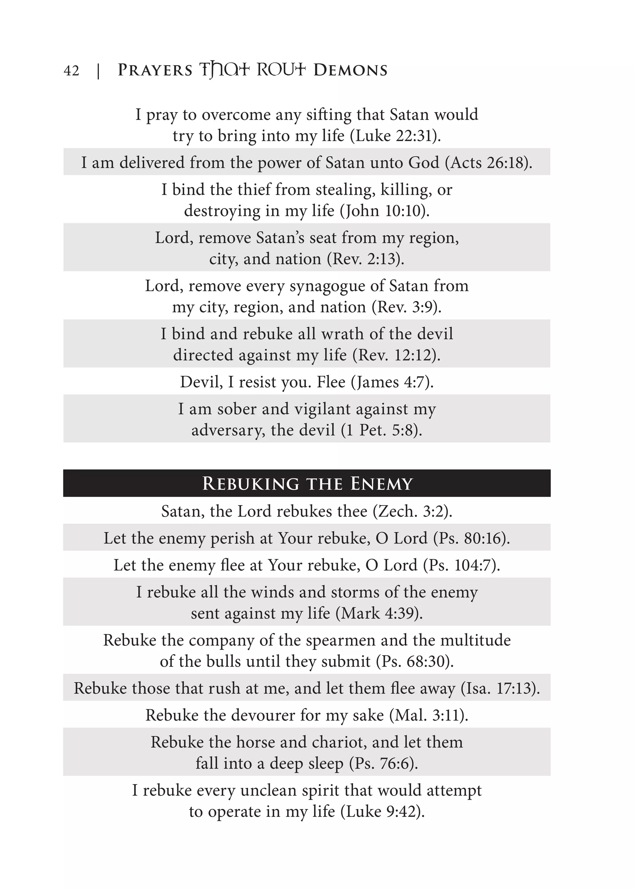 42 | Prayers That RoUt Demons
I pray to overcome any sifting that Satan would
try to bring into my life (Luke 22:31).
I am delivered from the power of Satan unto God (Acts 26:18).
I bind the thief from stealing, killing, or
destroying in my life (John 10:10).
Lord, remove Satan’s seat from my region,
city, and nation (Rev. 2:13).
Lord, remove every synagogue of Satan from
my city, region, and nation (Rev. 3:9).
I bind and rebuke all wrath of the devil
directed against my life (Rev. 12:12).
Devil, I resist you. Flee (James 4:7).
I am sober and vigilant against my
adversary, the devil (1 Pet. 5:8).
Rebuking the Enemy
Satan, the Lord rebukes thee (Zech. 3:2).
Let the enemy perish at Your rebuke, O Lord (Ps. 80:16).
Let the enemy flee at Your rebuke, O Lord (Ps. 104:7).
I rebuke all the winds and storms of the enemy
sent against my life (Mark 4:39).
Rebuke the company of the spearmen and the multitude
of the bulls until they submit (Ps. 68:30).
Rebuke those that rush at me, and let them flee away (Isa. 17:13).
Rebuke the devourer for my sake (Mal. 3:11).
Rebuke the horse and chariot, and let them
fall into a deep sleep (Ps. 76:6).
I rebuke every unclean spirit that would attempt
to operate in my life (Luke 9:42).
 