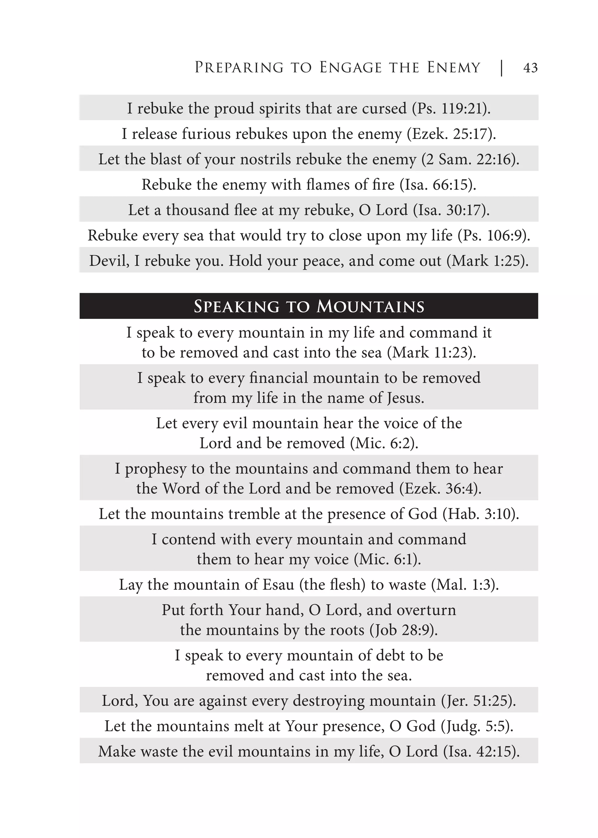 I rebuke the proud spirits that are cursed (Ps. 119:21).
I release furious rebukes upon the enemy (Ezek. 25:17).
Let the blast of your nostrils rebuke the enemy (2 Sam. 22:16).
Rebuke the enemy with flames of fire (Isa. 66:15).
Let a thousand flee at my rebuke, O Lord (Isa. 30:17).
Rebuke every sea that would try to close upon my life (Ps. 106:9).
Devil, I rebuke you. Hold your peace, and come out (Mark 1:25).
Speaking to Mountains
I speak to every mountain in my life and command it
to be removed and cast into the sea (Mark 11:23).
I speak to every financial mountain to be removed
from my life in the name of Jesus.
Let every evil mountain hear the voice of the
Lord and be removed (Mic. 6:2).
I prophesy to the mountains and command them to hear
the Word of the Lord and be removed (Ezek. 36:4).
Let the mountains tremble at the presence of God (Hab. 3:10).
I contend with every mountain and command
them to hear my voice (Mic. 6:1).
Lay the mountain of Esau (the flesh) to waste (Mal. 1:3).
Put forth Your hand, O Lord, and overturn
the mountains by the roots (Job 28:9).
I speak to every mountain of debt to be
removed and cast into the sea.
Lord, You are against every destroying mountain (Jer. 51:25).
Let the mountains melt at Your presence, O God (Judg. 5:5).
Make waste the evil mountains in my life, O Lord (Isa. 42:15).
Preparing to Engage the Enemy | 43
 