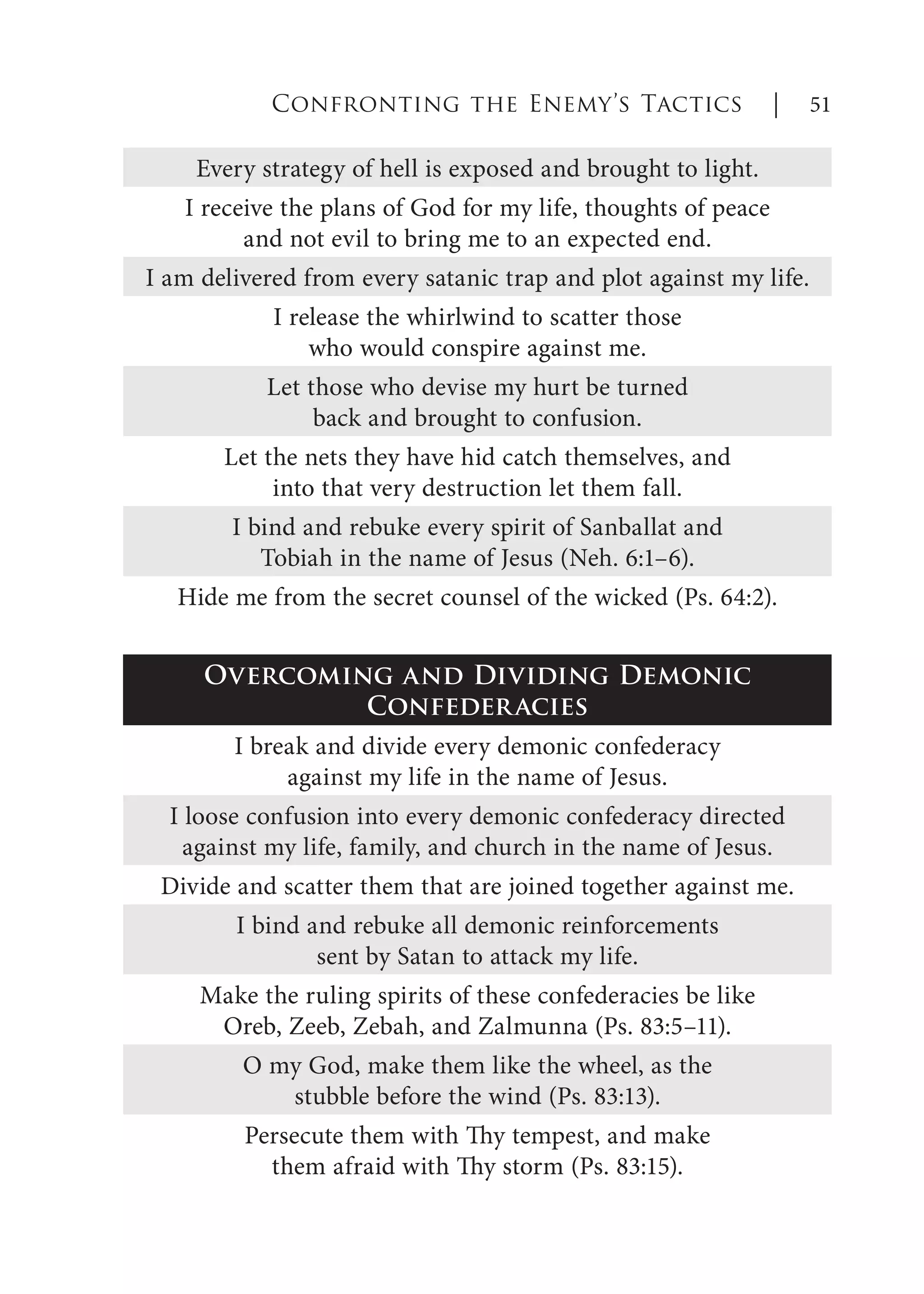 Every strategy of hell is exposed and brought to light.
I receive the plans of God for my life, thoughts of peace
and not evil to bring me to an expected end.
I am delivered from every satanic trap and plot against my life.
I release the whirlwind to scatter those
who would conspire against me.
Let those who devise my hurt be turned
back and brought to confusion.
Let the nets they have hid catch themselves, and
into that very destruction let them fall.
I bind and rebuke every spirit of Sanballat and
Tobiah in the name of Jesus (Neh. 6:1–6).
Hide me from the secret counsel of the wicked (Ps. 64:2).
Overcoming and Dividing Demonic
Confederacies
I break and divide every demonic confederacy
against my life in the name of Jesus.
I loose confusion into every demonic confederacy directed
against my life, family, and church in the name of Jesus.
Divide and scatter them that are joined together against me.
I bind and rebuke all demonic reinforcements
sent by Satan to attack my life.
Make the ruling spirits of these confederacies be like
Oreb, Zeeb, Zebah, and Zalmunna (Ps. 83:5–11).
O my God, make them like the wheel, as the
stubble before the wind (Ps. 83:13).
Persecute them with Thy tempest, and make
them afraid with Thy storm (Ps. 83:15).
Confronting the Enemy’s Tactics | 51
 