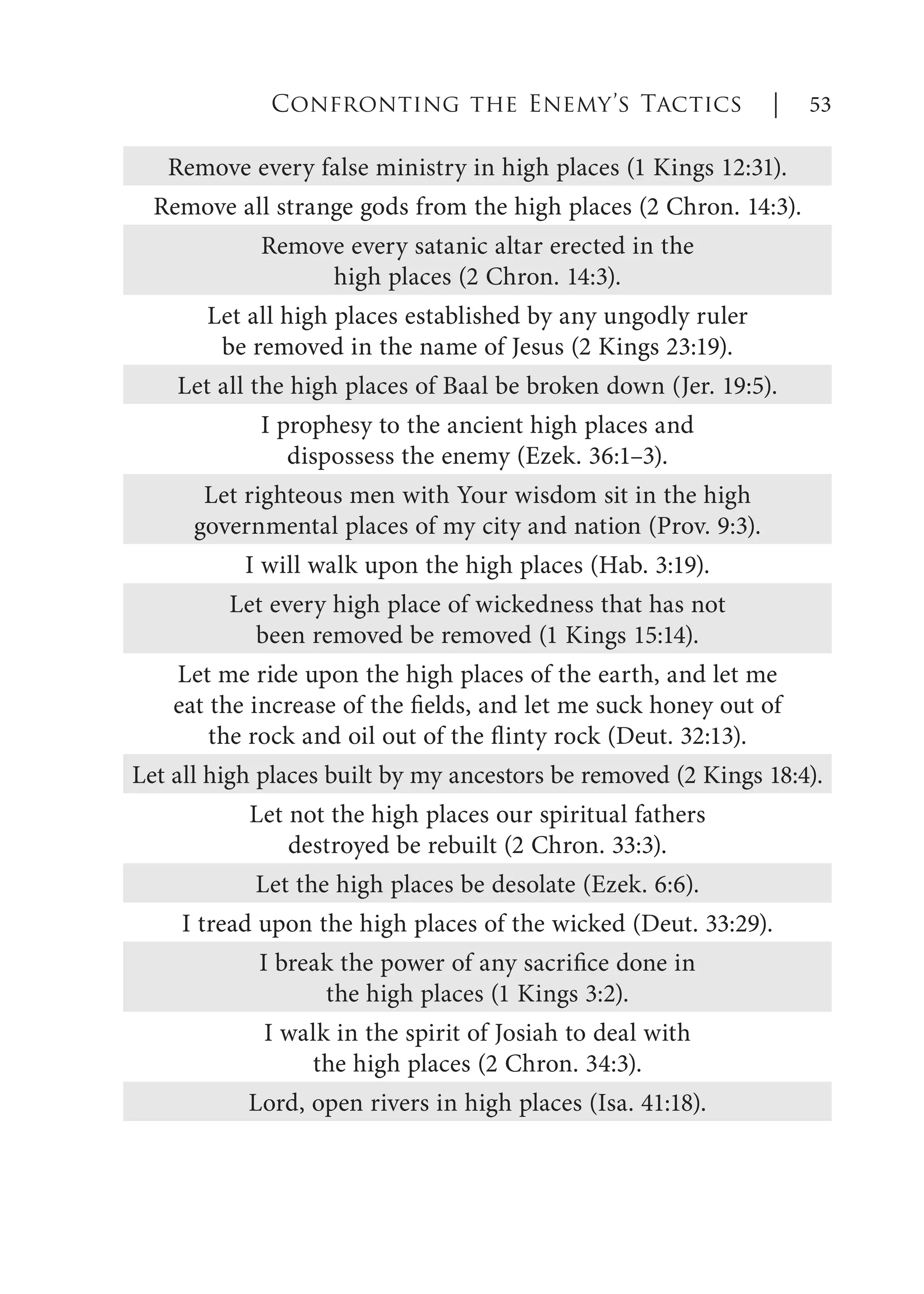 Remove every false ministry in high places (1 Kings 12:31).
Remove all strange gods from the high places (2 Chron. 14:3).
Remove every satanic altar erected in the
high places (2 Chron. 14:3).
Let all high places established by any ungodly ruler
be removed in the name of Jesus (2 Kings 23:19).
Let all the high places of Baal be broken down (Jer. 19:5).
I prophesy to the ancient high places and
dispossess the enemy (Ezek. 36:1–3).
Let righteous men with Your wisdom sit in the high
governmental places of my city and nation (Prov. 9:3).
I will walk upon the high places (Hab. 3:19).
Let every high place of wickedness that has not
been removed be removed (1 Kings 15:14).
Let me ride upon the high places of the earth, and let me
eat the increase of the fields, and let me suck honey out of
the rock and oil out of the flinty rock (Deut. 32:13).
Let all high places built by my ancestors be removed (2 Kings 18:4).
Let not the high places our spiritual fathers
destroyed be rebuilt (2 Chron. 33:3).
Let the high places be desolate (Ezek. 6:6).
I tread upon the high places of the wicked (Deut. 33:29).
I break the power of any sacrifice done in
the high places (1 Kings 3:2).
I walk in the spirit of Josiah to deal with
the high places (2 Chron. 34:3).
Lord, open rivers in high places (Isa. 41:18).
Confronting the Enemy’s Tactics | 53
 