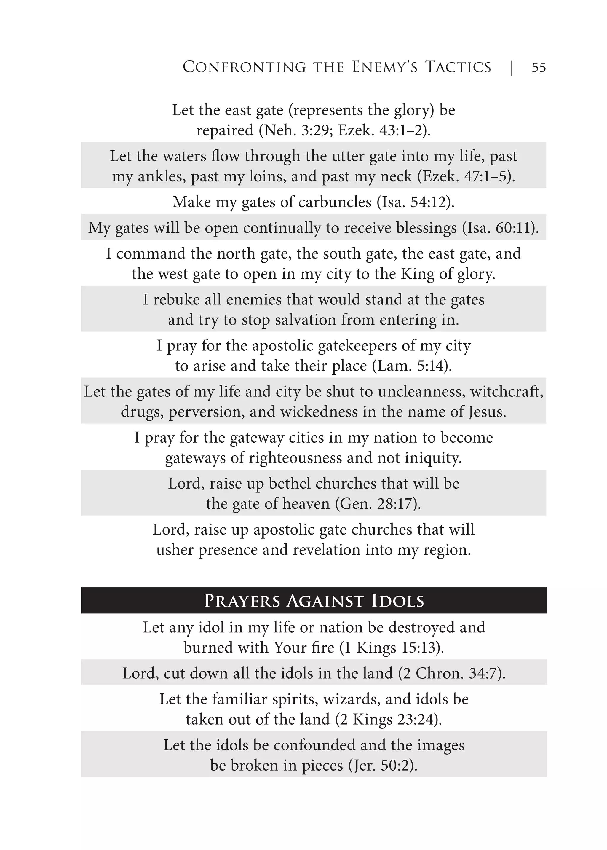 Let the east gate (represents the glory) be
repaired (Neh. 3:29; Ezek. 43:1–2).
Let the waters flow through the utter gate into my life, past
my ankles, past my loins, and past my neck (Ezek. 47:1–5).
Make my gates of carbuncles (Isa. 54:12).
My gates will be open continually to receive blessings (Isa. 60:11).
I command the north gate, the south gate, the east gate, and
the west gate to open in my city to the King of glory.
I rebuke all enemies that would stand at the gates
and try to stop salvation from entering in.
I pray for the apostolic gatekeepers of my city
to arise and take their place (Lam. 5:14).
Let the gates of my life and city be shut to uncleanness, witchcraft,
drugs, perversion, and wickedness in the name of Jesus.
I pray for the gateway cities in my nation to become
gateways of righteousness and not iniquity.
Lord, raise up bethel churches that will be
the gate of heaven (Gen. 28:17).
Lord, raise up apostolic gate churches that will
usher presence and revelation into my region.
Prayers Against Idols
Let any idol in my life or nation be destroyed and
burned with Your fire (1 Kings 15:13).
Lord, cut down all the idols in the land (2 Chron. 34:7).
Let the familiar spirits, wizards, and idols be
taken out of the land (2 Kings 23:24).
Let the idols be confounded and the images
be broken in pieces (Jer. 50:2).
Confronting the Enemy’s Tactics | 55
 
