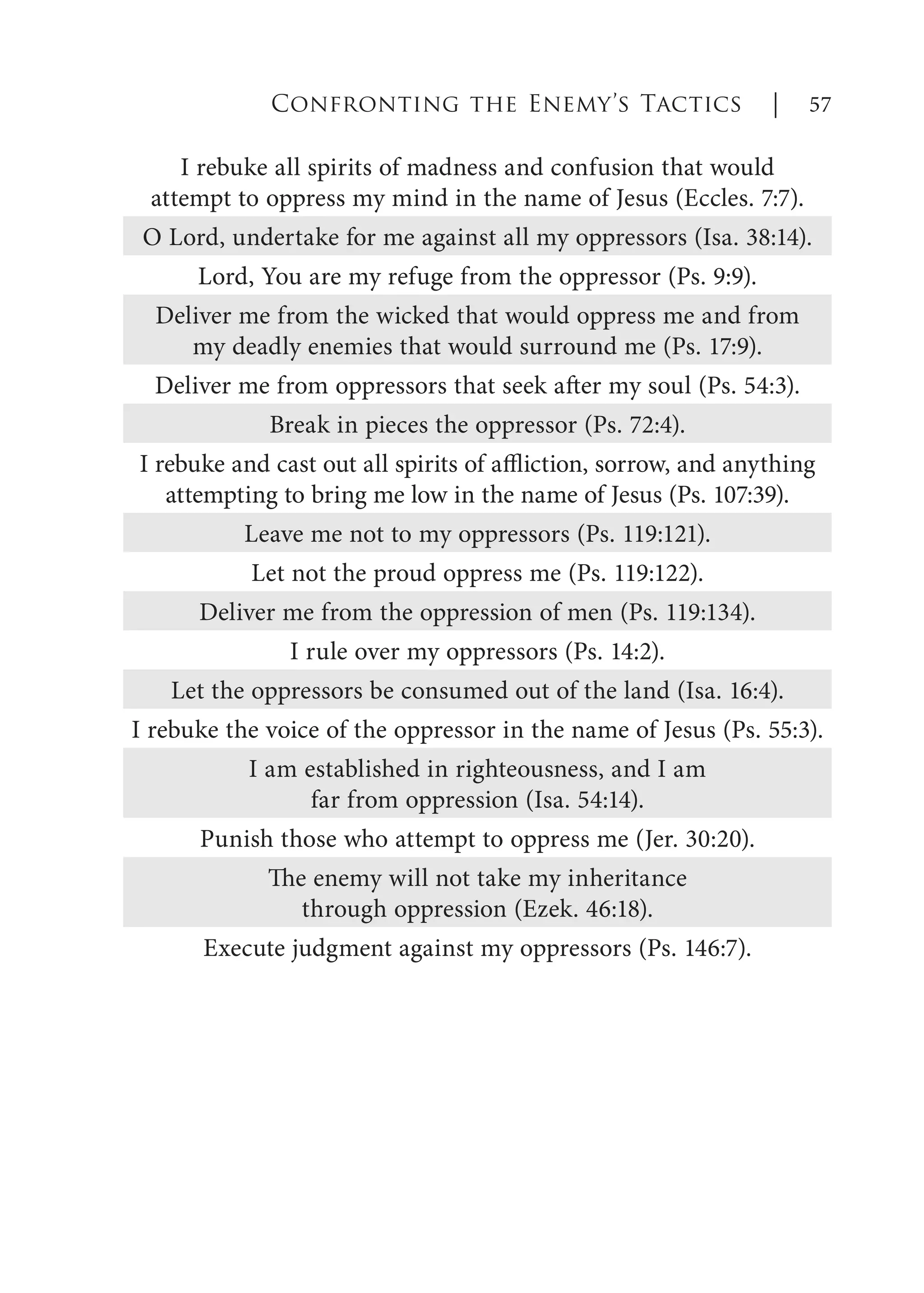 I rebuke all spirits of madness and confusion that would
attempt to oppress my mind in the name of Jesus (Eccles. 7:7).
O Lord, undertake for me against all my oppressors (Isa. 38:14).
Lord, You are my refuge from the oppressor (Ps. 9:9).
Deliver me from the wicked that would oppress me and from
my deadly enemies that would surround me (Ps. 17:9).
Deliver me from oppressors that seek after my soul (Ps. 54:3).
Break in pieces the oppressor (Ps. 72:4).
I rebuke and cast out all spirits of affliction, sorrow, and anything
attempting to bring me low in the name of Jesus (Ps. 107:39).
Leave me not to my oppressors (Ps. 119:121).
Let not the proud oppress me (Ps. 119:122).
Deliver me from the oppression of men (Ps. 119:134).
I rule over my oppressors (Ps. 14:2).
Let the oppressors be consumed out of the land (Isa. 16:4).
I rebuke the voice of the oppressor in the name of Jesus (Ps. 55:3).
I am established in righteousness, and I am
far from oppression (Isa. 54:14).
Punish those who attempt to oppress me (Jer. 30:20).
The enemy will not take my inheritance
through oppression (Ezek. 46:18).
Execute judgment against my oppressors (Ps. 146:7).
Confronting the Enemy’s Tactics | 57
 