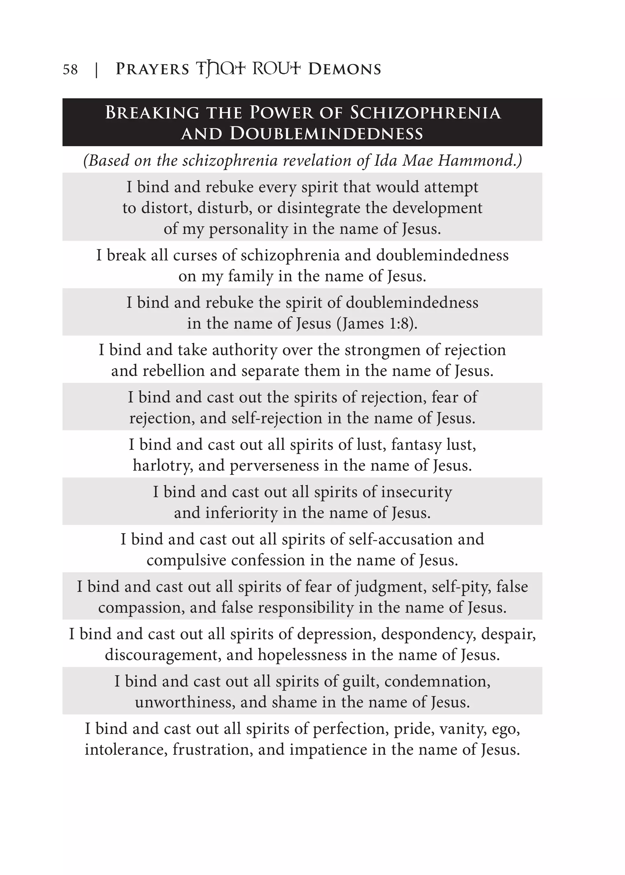 58 | Prayers That RoUt Demons
Breaking the Power of Schizophrenia
and Doublemindedness
(Based on the schizophrenia revelation of Ida Mae Hammond.)
I bind and rebuke every spirit that would attempt
to distort, disturb, or disintegrate the development
of my personality in the name of Jesus.
I break all curses of schizophrenia and doublemindedness
on my family in the name of Jesus.
I bind and rebuke the spirit of doublemindedness
in the name of Jesus (James 1:8).
I bind and take authority over the strongmen of rejection
and rebellion and separate them in the name of Jesus.
I bind and cast out the spirits of rejection, fear of
rejection, and self-rejection in the name of Jesus.
I bind and cast out all spirits of lust, fantasy lust,
harlotry, and perverseness in the name of Jesus.
I bind and cast out all spirits of insecurity
and inferiority in the name of Jesus.
I bind and cast out all spirits of self-accusation and
compulsive confession in the name of Jesus.
I bind and cast out all spirits of fear of judgment, self-pity, false
compassion, and false responsibility in the name of Jesus.
I bind and cast out all spirits of depression, despondency, despair,
discouragement, and hopelessness in the name of Jesus.
I bind and cast out all spirits of guilt, condemnation,
unworthiness, and shame in the name of Jesus.
I bind and cast out all spirits of perfection, pride, vanity, ego,
intolerance, frustration, and impatience in the name of Jesus.
 
