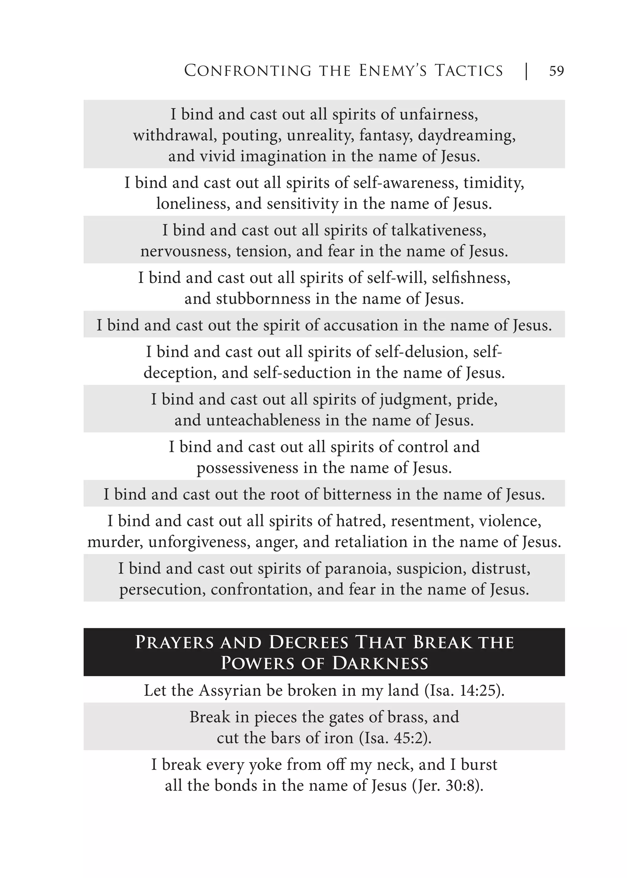 I bind and cast out all spirits of unfairness,
withdrawal, pouting, unreality, fantasy, daydreaming,
and vivid imagination in the name of Jesus.
I bind and cast out all spirits of self-awareness, timidity,
loneliness, and sensitivity in the name of Jesus.
I bind and cast out all spirits of talkativeness,
nervousness, tension, and fear in the name of Jesus.
I bind and cast out all spirits of self-will, selfishness,
and stubbornness in the name of Jesus.
I bind and cast out the spirit of accusation in the name of Jesus.
I bind and cast out all spirits of self-delusion, self-
deception, and self-seduction in the name of Jesus.
I bind and cast out all spirits of judgment, pride,
and unteachableness in the name of Jesus.
I bind and cast out all spirits of control and
possessiveness in the name of Jesus.
I bind and cast out the root of bitterness in the name of Jesus.
I bind and cast out all spirits of hatred, resentment, violence,
murder, unforgiveness, anger, and retaliation in the name of Jesus.
I bind and cast out spirits of paranoia, suspicion, distrust,
persecution, confrontation, and fear in the name of Jesus.
Prayers and Decrees That Break the
Powers of Darkness
Let the Assyrian be broken in my land (Isa. 14:25).
Break in pieces the gates of brass, and
cut the bars of iron (Isa. 45:2).
I break every yoke from off my neck, and I burst
all the bonds in the name of Jesus (Jer. 30:8).
Confronting the Enemy’s Tactics | 59
 