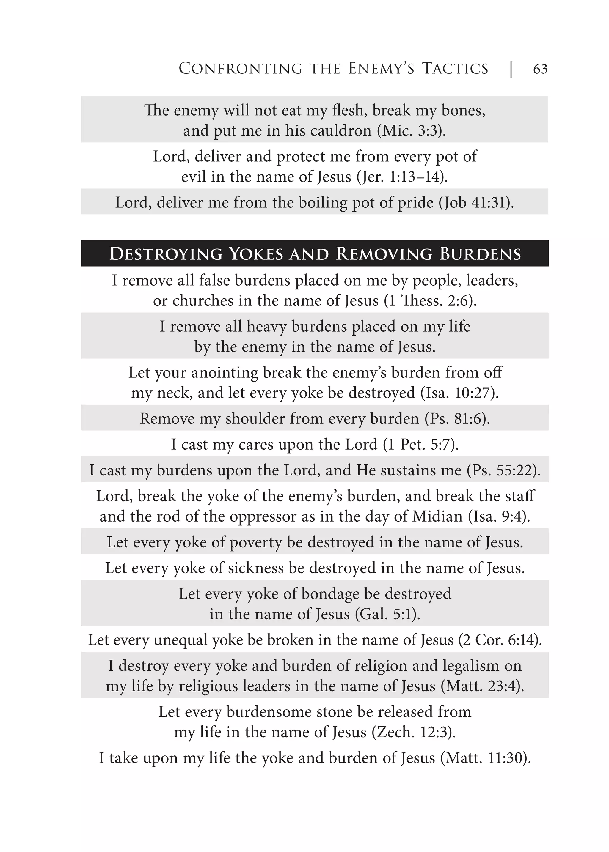 The enemy will not eat my flesh, break my bones,
and put me in his cauldron (Mic. 3:3).
Lord, deliver and protect me from every pot of
evil in the name of Jesus (Jer. 1:13–14).
Lord, deliver me from the boiling pot of pride (Job 41:31).
Destroying Yokes and Removing Burdens
I remove all false burdens placed on me by people, leaders,
or churches in the name of Jesus (1 Thess. 2:6).
I remove all heavy burdens placed on my life
by the enemy in the name of Jesus.
Let your anointing break the enemy’s burden from off
my neck, and let every yoke be destroyed (Isa. 10:27).
Remove my shoulder from every burden (Ps. 81:6).
I cast my cares upon the Lord (1 Pet. 5:7).
I cast my burdens upon the Lord, and He sustains me (Ps. 55:22).
Lord, break the yoke of the enemy’s burden, and break the staff
and the rod of the oppressor as in the day of Midian (Isa. 9:4).
Let every yoke of poverty be destroyed in the name of Jesus.
Let every yoke of sickness be destroyed in the name of Jesus.
Let every yoke of bondage be destroyed
in the name of Jesus (Gal. 5:1).
Let every unequal yoke be broken in the name of Jesus (2 Cor. 6:14).
I destroy every yoke and burden of religion and legalism on
my life by religious leaders in the name of Jesus (Matt. 23:4).
Let every burdensome stone be released from
my life in the name of Jesus (Zech. 12:3).
I take upon my life the yoke and burden of Jesus (Matt. 11:30).
Confronting the Enemy’s Tactics | 63
 