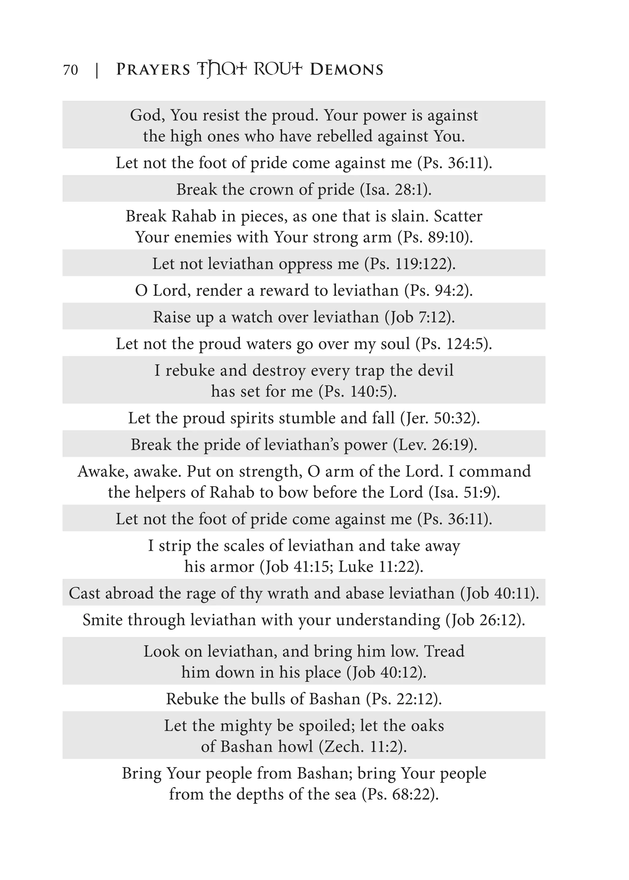 70 | Prayers That RoUt Demons
God, You resist the proud. Your power is against
the high ones who have rebelled against You.
Let not the foot of pride come against me (Ps. 36:11).
Break the crown of pride (Isa. 28:1).
Break Rahab in pieces, as one that is slain. Scatter
Your enemies with Your strong arm (Ps. 89:10).
Let not leviathan oppress me (Ps. 119:122).
O Lord, render a reward to leviathan (Ps. 94:2).
Raise up a watch over leviathan (Job 7:12).
Let not the proud waters go over my soul (Ps. 124:5).
I rebuke and destroy every trap the devil
has set for me (Ps. 140:5).
Let the proud spirits stumble and fall (Jer. 50:32).
Break the pride of leviathan’s power (Lev. 26:19).
Awake, awake. Put on strength, O arm of the Lord. I command
the helpers of Rahab to bow before the Lord (Isa. 51:9).
Let not the foot of pride come against me (Ps. 36:11).
I strip the scales of leviathan and take away
his armor (Job 41:15; Luke 11:22).
Cast abroad the rage of thy wrath and abase leviathan (Job 40:11).
Smite through leviathan with your understanding (Job 26:12).
Look on leviathan, and bring him low. Tread
him down in his place (Job 40:12).
Rebuke the bulls of Bashan (Ps. 22:12).
Let the mighty be spoiled; let the oaks
of Bashan howl (Zech. 11:2).
Bring Your people from Bashan; bring Your people
from the depths of the sea (Ps. 68:22).
 