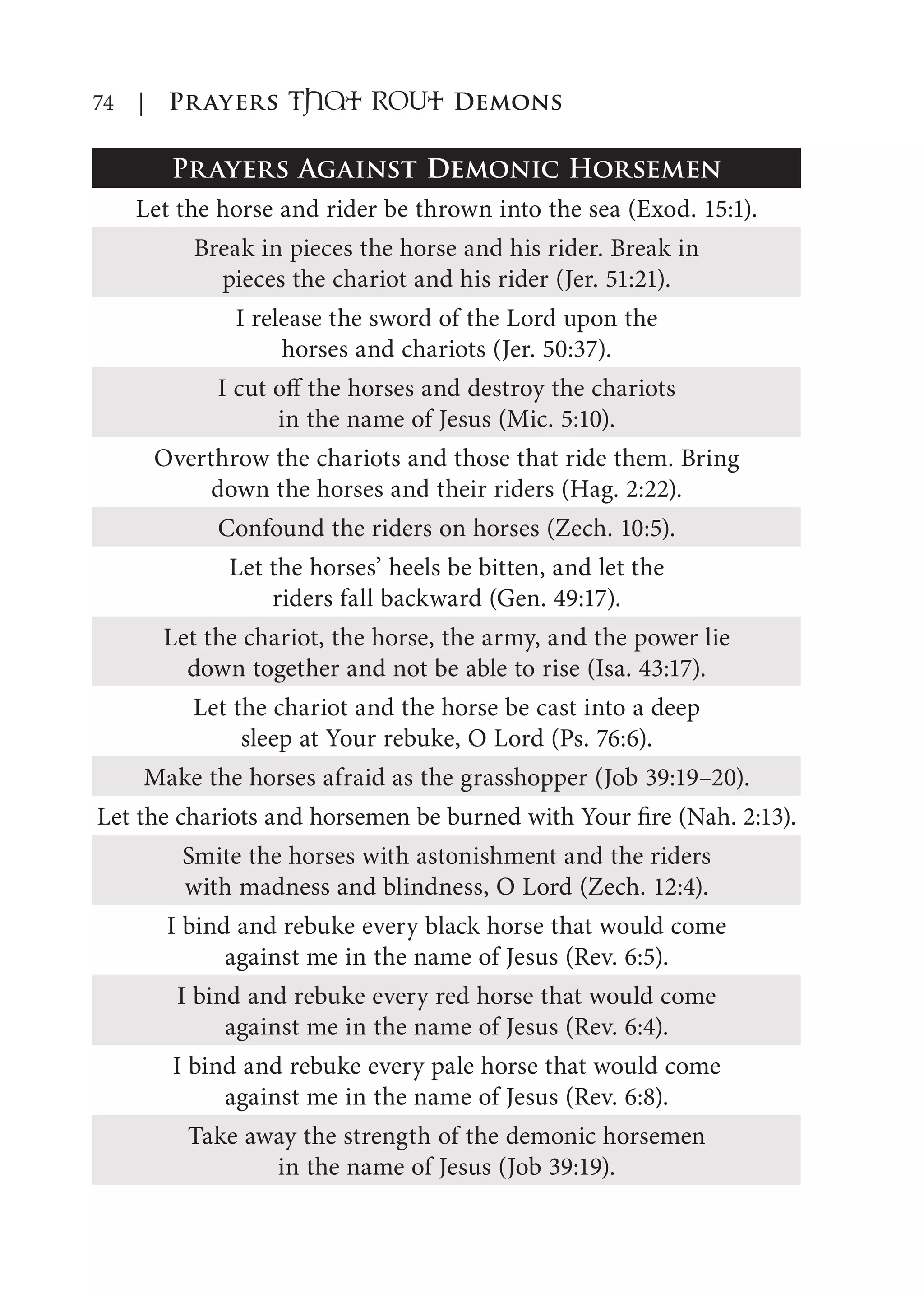 74 | Prayers That RoUt Demons
Prayers Against Demonic Horsemen
Let the horse and rider be thrown into the sea (Exod. 15:1).
Break in pieces the horse and his rider. Break in
pieces the chariot and his rider (Jer. 51:21).
I release the sword of the Lord upon the
horses and chariots (Jer. 50:37).
I cut off the horses and destroy the chariots
in the name of Jesus (Mic. 5:10).
Overthrow the chariots and those that ride them. Bring
down the horses and their riders (Hag. 2:22).
Confound the riders on horses (Zech. 10:5).
Let the horses’ heels be bitten, and let the
riders fall backward (Gen. 49:17).
Let the chariot, the horse, the army, and the power lie
down together and not be able to rise (Isa. 43:17).
Let the chariot and the horse be cast into a deep
sleep at Your rebuke, O Lord (Ps. 76:6).
Make the horses afraid as the grasshopper (Job 39:19–20).
Let the chariots and horsemen be burned with Your fire (Nah. 2:13).
Smite the horses with astonishment and the riders
with madness and blindness, O Lord (Zech. 12:4).
I bind and rebuke every black horse that would come
against me in the name of Jesus (Rev. 6:5).
I bind and rebuke every red horse that would come
against me in the name of Jesus (Rev. 6:4).
I bind and rebuke every pale horse that would come
against me in the name of Jesus (Rev. 6:8).
Take away the strength of the demonic horsemen
in the name of Jesus (Job 39:19).
 