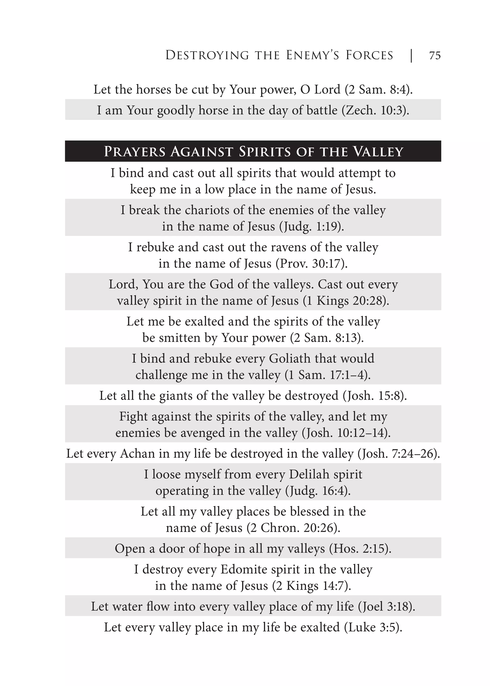Let the horses be cut by Your power, O Lord (2 Sam. 8:4).
I am Your goodly horse in the day of battle (Zech. 10:3).
Prayers Against Spirits of the Valley
I bind and cast out all spirits that would attempt to
keep me in a low place in the name of Jesus.
I break the chariots of the enemies of the valley
in the name of Jesus (Judg. 1:19).
I rebuke and cast out the ravens of the valley
in the name of Jesus (Prov. 30:17).
Lord, You are the God of the valleys. Cast out every
valley spirit in the name of Jesus (1 Kings 20:28).
Let me be exalted and the spirits of the valley
be smitten by Your power (2 Sam. 8:13).
I bind and rebuke every Goliath that would
challenge me in the valley (1 Sam. 17:1–4).
Let all the giants of the valley be destroyed (Josh. 15:8).
Fight against the spirits of the valley, and let my
enemies be avenged in the valley (Josh. 10:12–14).
Let every Achan in my life be destroyed in the valley (Josh. 7:24–26).
I loose myself from every Delilah spirit
operating in the valley (Judg. 16:4).
Let all my valley places be blessed in the
name of Jesus (2 Chron. 20:26).
Open a door of hope in all my valleys (Hos. 2:15).
I destroy every Edomite spirit in the valley
in the name of Jesus (2 Kings 14:7).
Let water flow into every valley place of my life (Joel 3:18).
Let every valley place in my life be exalted (Luke 3:5).
Destroying the Enemy’s Forces | 75
 