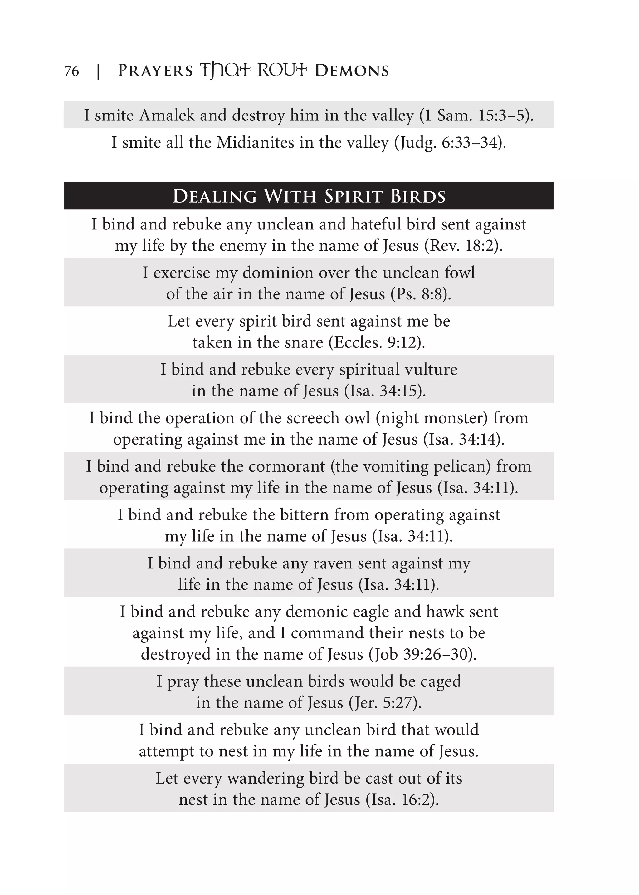 76 | Prayers That RoUt Demons
I smite Amalek and destroy him in the valley (1 Sam. 15:3–5).
I smite all the Midianites in the valley (Judg. 6:33–34).
Dealing With Spirit Birds
I bind and rebuke any unclean and hateful bird sent against
my life by the enemy in the name of Jesus (Rev. 18:2).
I exercise my dominion over the unclean fowl
of the air in the name of Jesus (Ps. 8:8).
Let every spirit bird sent against me be
taken in the snare (Eccles. 9:12).
I bind and rebuke every spiritual vulture
in the name of Jesus (Isa. 34:15).
I bind the operation of the screech owl (night monster) from
operating against me in the name of Jesus (Isa. 34:14).
I bind and rebuke the cormorant (the vomiting pelican) from
operating against my life in the name of Jesus (Isa. 34:11).
I bind and rebuke the bittern from operating against
my life in the name of Jesus (Isa. 34:11).
I bind and rebuke any raven sent against my
life in the name of Jesus (Isa. 34:11).
I bind and rebuke any demonic eagle and hawk sent
against my life, and I command their nests to be
destroyed in the name of Jesus (Job 39:26–30).
I pray these unclean birds would be caged
in the name of Jesus (Jer. 5:27).
I bind and rebuke any unclean bird that would
attempt to nest in my life in the name of Jesus.
Let every wandering bird be cast out of its
nest in the name of Jesus (Isa. 16:2).
 
