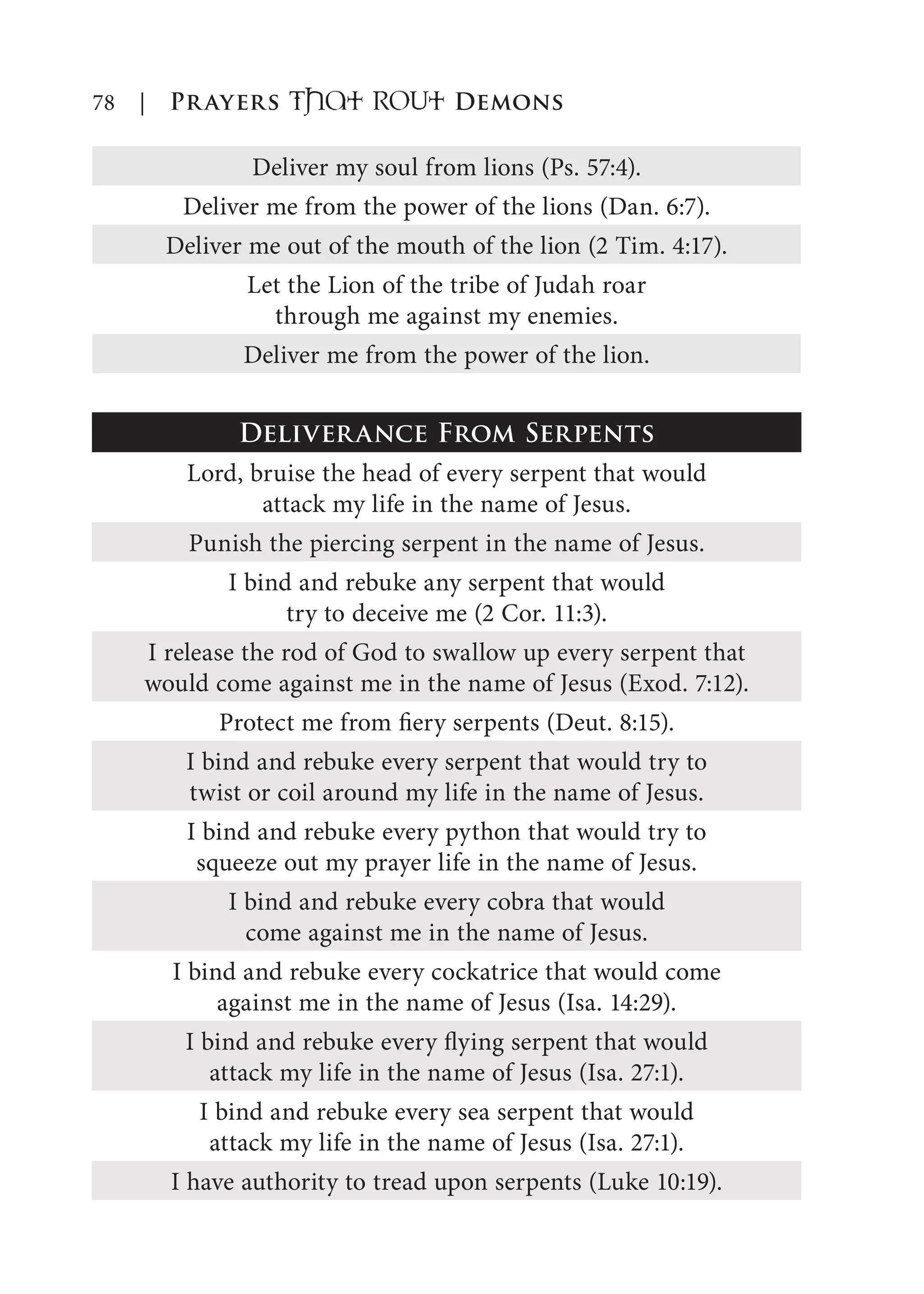 78 | Prayers That RoUt Demons
Deliver my soul from lions (Ps. 57:4).
Deliver me from the power of the lions (Dan. 6:7).
Deliver me out of the mouth of the lion (2 Tim. 4:17).
Let the Lion of the tribe of Judah roar
through me against my enemies.
Deliver me from the power of the lion.
Deliverance From Serpents
Lord, bruise the head of every serpent that would
attack my life in the name of Jesus.
Punish the piercing serpent in the name of Jesus.
I bind and rebuke any serpent that would
try to deceive me (2 Cor. 11:3).
I release the rod of God to swallow up every serpent that
would come against me in the name of Jesus (Exod. 7:12).
Protect me from fiery serpents (Deut. 8:15).
I bind and rebuke every serpent that would try to
twist or coil around my life in the name of Jesus.
I bind and rebuke every python that would try to
squeeze out my prayer life in the name of Jesus.
I bind and rebuke every cobra that would
come against me in the name of Jesus.
I bind and rebuke every cockatrice that would come
against me in the name of Jesus (Isa. 14:29).
I bind and rebuke every flying serpent that would
attack my life in the name of Jesus (Isa. 27:1).
I bind and rebuke every sea serpent that would
attack my life in the name of Jesus (Isa. 27:1).
I have authority to tread upon serpents (Luke 10:19).
 