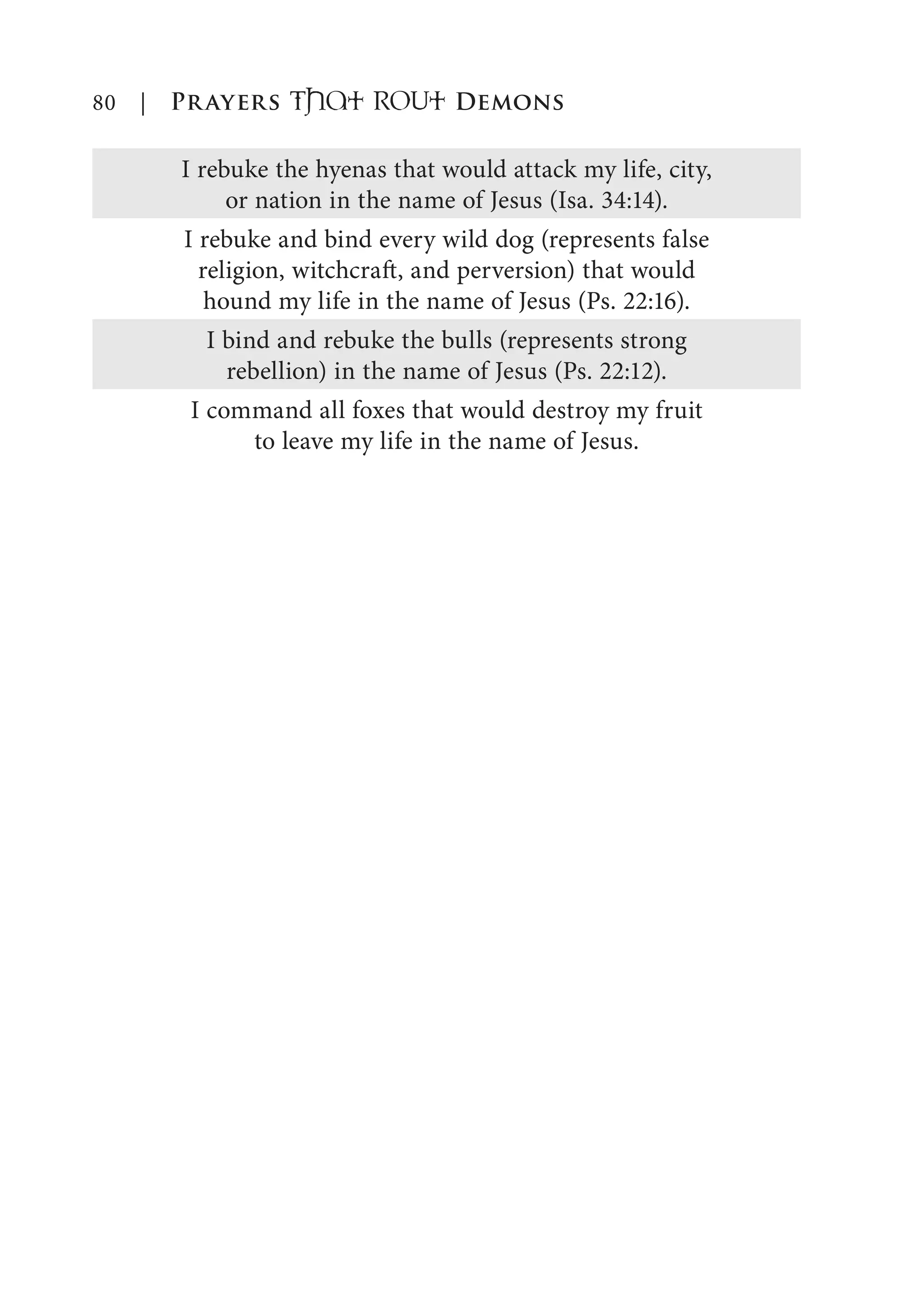 80 | Prayers That RoUt Demons
I rebuke the hyenas that would attack my life, city,
or nation in the name of Jesus (Isa. 34:14).
I rebuke and bind every wild dog (represents false
religion, witchcraft, and perversion) that would
hound my life in the name of Jesus (Ps. 22:16).
I bind and rebuke the bulls (represents strong
rebellion) in the name of Jesus (Ps. 22:12).
I command all foxes that would destroy my fruit
to leave my life in the name of Jesus.
 