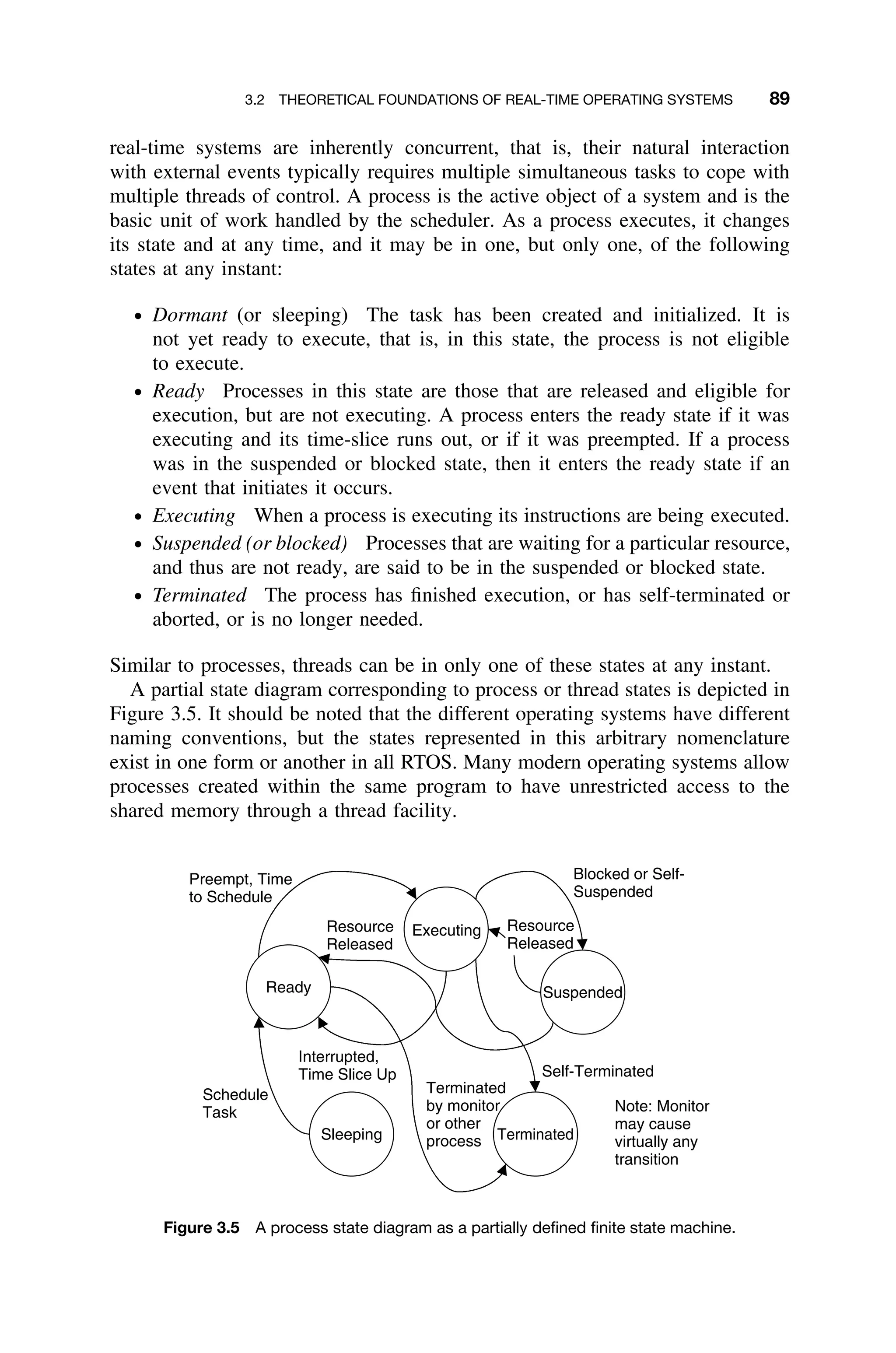 3.2 THEORETICAL FOUNDATIONS OF REAL-TIME OPERATING SYSTEMS 89
real-time systems are inherently concurrent, that is, their natural interaction
with external events typically requires multiple simultaneous tasks to cope with
multiple threads of control. A process is the active object of a system and is the
basic unit of work handled by the scheduler. As a process executes, it changes
its state and at any time, and it may be in one, but only one, of the following
states at any instant:
ž Dormant (or sleeping) The task has been created and initialized. It is
not yet ready to execute, that is, in this state, the process is not eligible
to execute.
ž Ready Processes in this state are those that are released and eligible for
execution, but are not executing. A process enters the ready state if it was
executing and its time-slice runs out, or if it was preempted. If a process
was in the suspended or blocked state, then it enters the ready state if an
event that initiates it occurs.
ž Executing When a process is executing its instructions are being executed.
ž Suspended (or blocked) Processes that are waiting for a particular resource,
and thus are not ready, are said to be in the suspended or blocked state.
ž Terminated The process has ﬁnished execution, or has self-terminated or
aborted, or is no longer needed.
Similar to processes, threads can be in only one of these states at any instant.
A partial state diagram corresponding to process or thread states is depicted in
Figure 3.5. It should be noted that the different operating systems have different
naming conventions, but the states represented in this arbitrary nomenclature
exist in one form or another in all RTOS. Many modern operating systems allow
processes created within the same program to have unrestricted access to the
shared memory through a thread facility.
Ready Suspended
Sleeping Terminated
Preempt, Time
to Schedule
Interrupted,
Time Slice Up
Blocked or Self-
Suspended
Terminated
by monitor
or other
process
Self-Terminated
Schedule
Task
Resource
Released
Executing
Note: Monitor
may cause
virtually any
transition
Resource
Released
Figure 3.5 A process state diagram as a partially deﬁned ﬁnite state machine.
 