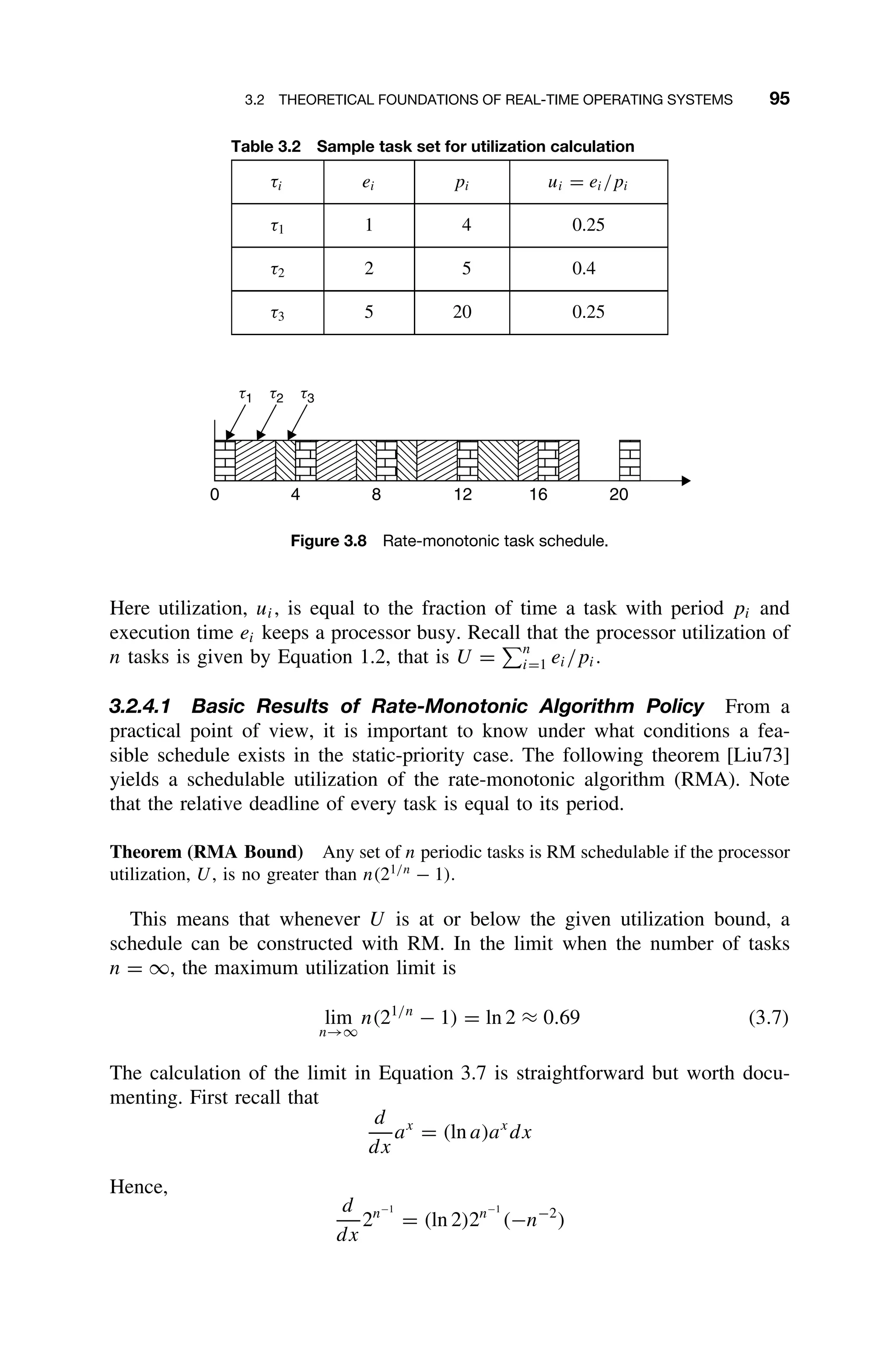 3.2 THEORETICAL FOUNDATIONS OF REAL-TIME OPERATING SYSTEMS 95
Table 3.2 Sample task set for utilization calculation
τi ei pi ui = ei/pi
τ1 1 4 0.25
τ2 2 5 0.4
τ3 5 20 0.25
0 4 8 12 16 20
t1 t2 t3
Figure 3.8 Rate-monotonic task schedule.
Here utilization, ui, is equal to the fraction of time a task with period pi and
execution time ei keeps a processor busy. Recall that the processor utilization of
n tasks is given by Equation 1.2, that is U =
n
i=1 ei/pi.
3.2.4.1 Basic Results of Rate-Monotonic Algorithm Policy From a
practical point of view, it is important to know under what conditions a fea-
sible schedule exists in the static-priority case. The following theorem [Liu73]
yields a schedulable utilization of the rate-monotonic algorithm (RMA). Note
that the relative deadline of every task is equal to its period.
Theorem (RMA Bound) Any set of n periodic tasks is RM schedulable if the processor
utilization, U, is no greater than n(21/n
− 1).
This means that whenever U is at or below the given utilization bound, a
schedule can be constructed with RM. In the limit when the number of tasks
n = ∞, the maximum utilization limit is
lim
n→∞
n(21/n
− 1) = ln 2 ≈ 0.69 (3.7)
The calculation of the limit in Equation 3.7 is straightforward but worth docu-
menting. First recall that
d
dx
ax
= (ln a)ax
dx
Hence,
d
dx
2n−1
= (ln 2)2n−1
(−n−2
)
 