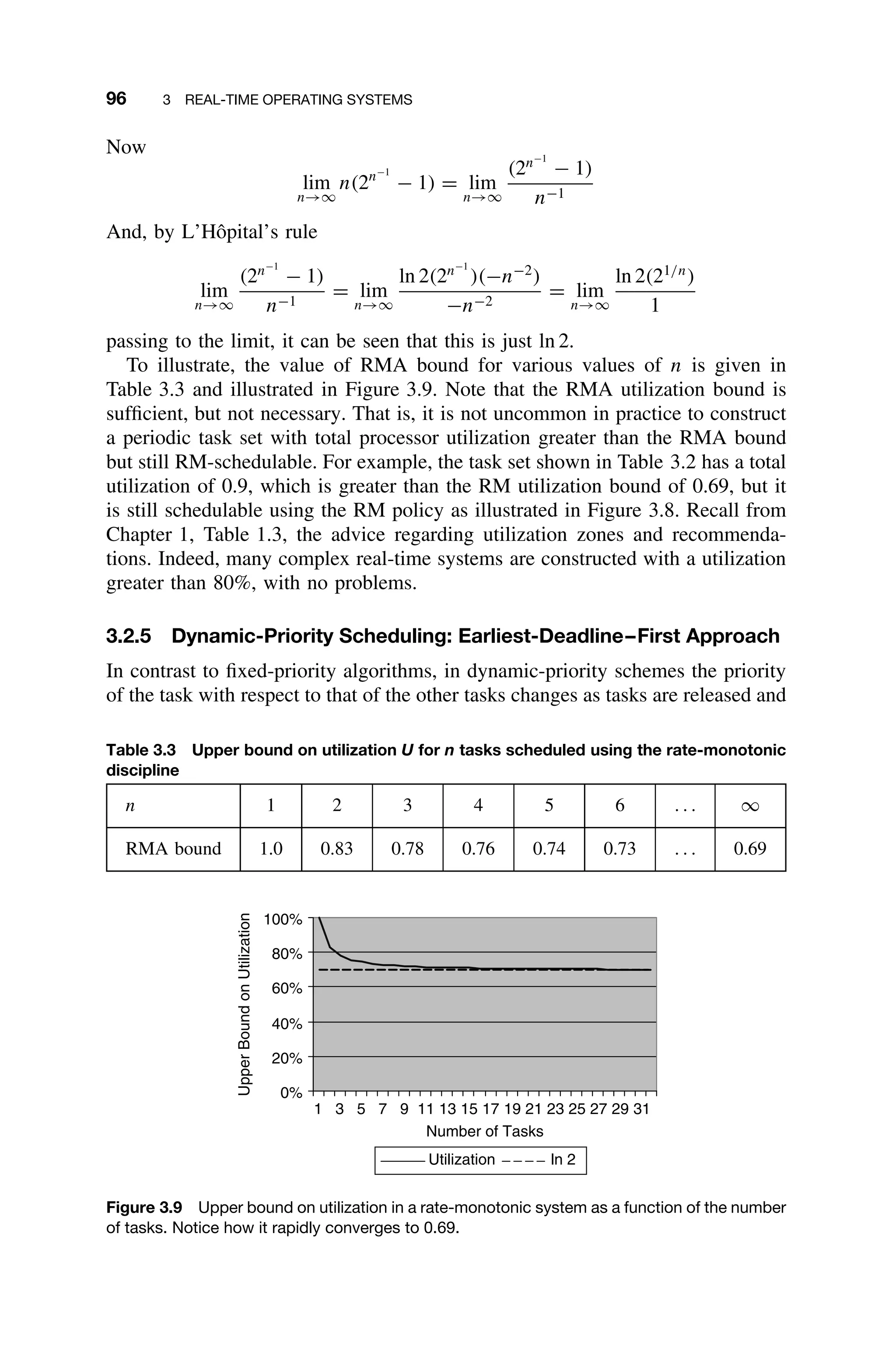 96 3 REAL-TIME OPERATING SYSTEMS
Now
lim
n→∞
n(2n−1
− 1) = lim
n→∞
(2n−1
− 1)
n−1
And, by L’Hôpital’s rule
lim
n→∞
(2n−1
− 1)
n−1
= lim
n→∞
ln 2(2n−1
)(−n−2
)
−n−2
= lim
n→∞
ln 2(21/n
)
1
passing to the limit, it can be seen that this is just ln 2.
To illustrate, the value of RMA bound for various values of n is given in
Table 3.3 and illustrated in Figure 3.9. Note that the RMA utilization bound is
sufﬁcient, but not necessary. That is, it is not uncommon in practice to construct
a periodic task set with total processor utilization greater than the RMA bound
but still RM-schedulable. For example, the task set shown in Table 3.2 has a total
utilization of 0.9, which is greater than the RM utilization bound of 0.69, but it
is still schedulable using the RM policy as illustrated in Figure 3.8. Recall from
Chapter 1, Table 1.3, the advice regarding utilization zones and recommenda-
tions. Indeed, many complex real-time systems are constructed with a utilization
greater than 80%, with no problems.
3.2.5 Dynamic-Priority Scheduling: Earliest-Deadline–First Approach
In contrast to ﬁxed-priority algorithms, in dynamic-priority schemes the priority
of the task with respect to that of the other tasks changes as tasks are released and
Table 3.3 Upper bound on utilization U for n tasks scheduled using the rate-monotonic
discipline
n 1 2 3 4 5 6 . . . ∞
RMA bound 1.0 0.83 0.78 0.76 0.74 0.73 . . . 0.69
0%
20%
40%
60%
80%
100%
1 3 5 7 9 11 13 15 17 19 21 23 25 27 29 31
Number of Tasks
Upper
Bound
on
Utilization
Utilization ln 2
Figure 3.9 Upper bound on utilization in a rate-monotonic system as a function of the number
of tasks. Notice how it rapidly converges to 0.69.
 