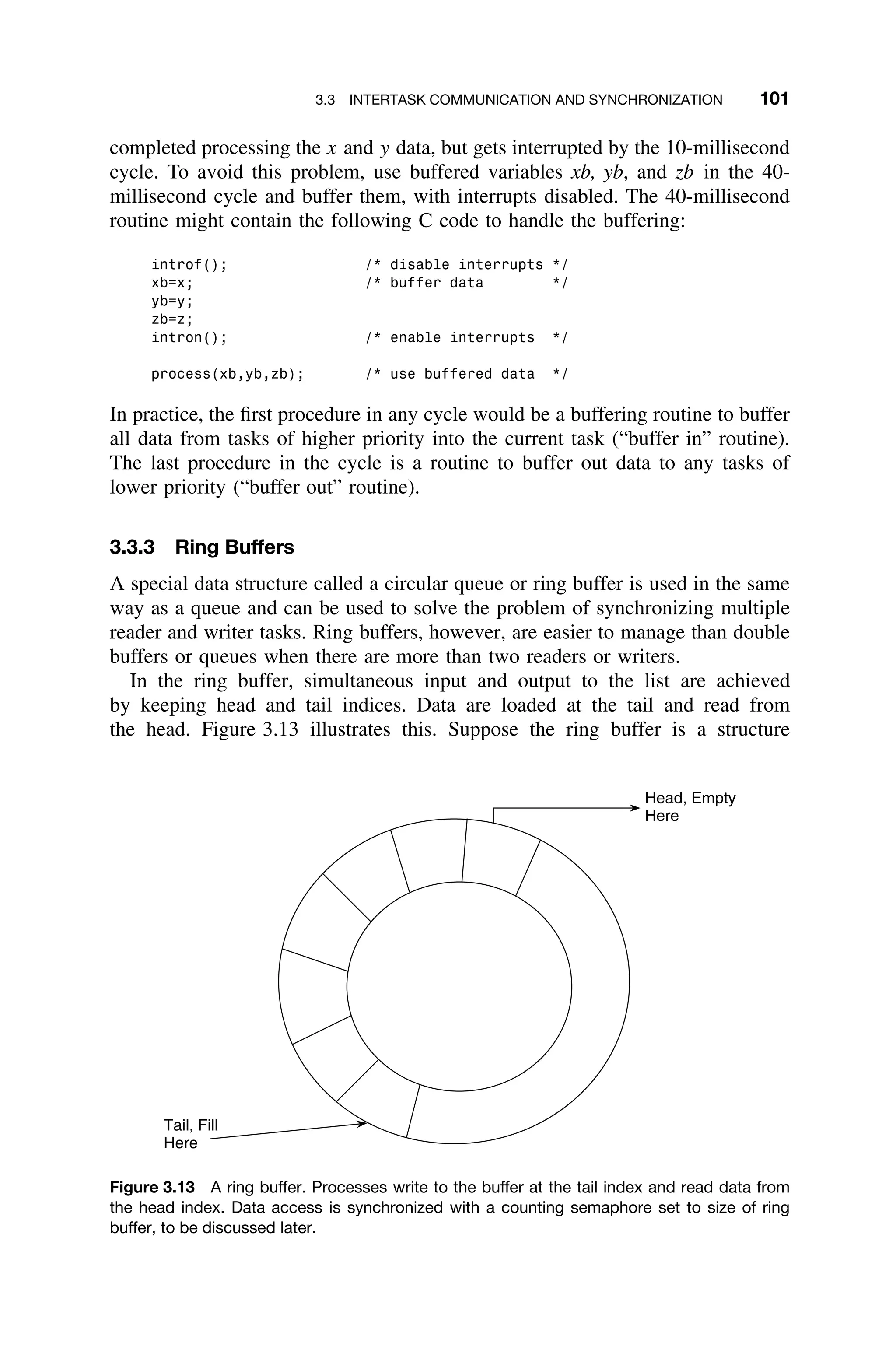 3.3 INTERTASK COMMUNICATION AND SYNCHRONIZATION 101
completed processing the x and y data, but gets interrupted by the 10-millisecond
cycle. To avoid this problem, use buffered variables xb, yb, and zb in the 40-
millisecond cycle and buffer them, with interrupts disabled. The 40-millisecond
routine might contain the following C code to handle the buffering:
introf(); /* disable interrupts */
xb=x; /* buffer data */
yb=y;
zb=z;
intron(); /* enable interrupts */
process(xb,yb,zb); /* use buffered data */
In practice, the ﬁrst procedure in any cycle would be a buffering routine to buffer
all data from tasks of higher priority into the current task (“buffer in” routine).
The last procedure in the cycle is a routine to buffer out data to any tasks of
lower priority (“buffer out” routine).
3.3.3 Ring Buffers
A special data structure called a circular queue or ring buffer is used in the same
way as a queue and can be used to solve the problem of synchronizing multiple
reader and writer tasks. Ring buffers, however, are easier to manage than double
buffers or queues when there are more than two readers or writers.
In the ring buffer, simultaneous input and output to the list are achieved
by keeping head and tail indices. Data are loaded at the tail and read from
the head. Figure 3.13 illustrates this. Suppose the ring buffer is a structure
Head, Empty
Here
Tail, Fill
Here
Figure 3.13 A ring buffer. Processes write to the buffer at the tail index and read data from
the head index. Data access is synchronized with a counting semaphore set to size of ring
buffer, to be discussed later.
 