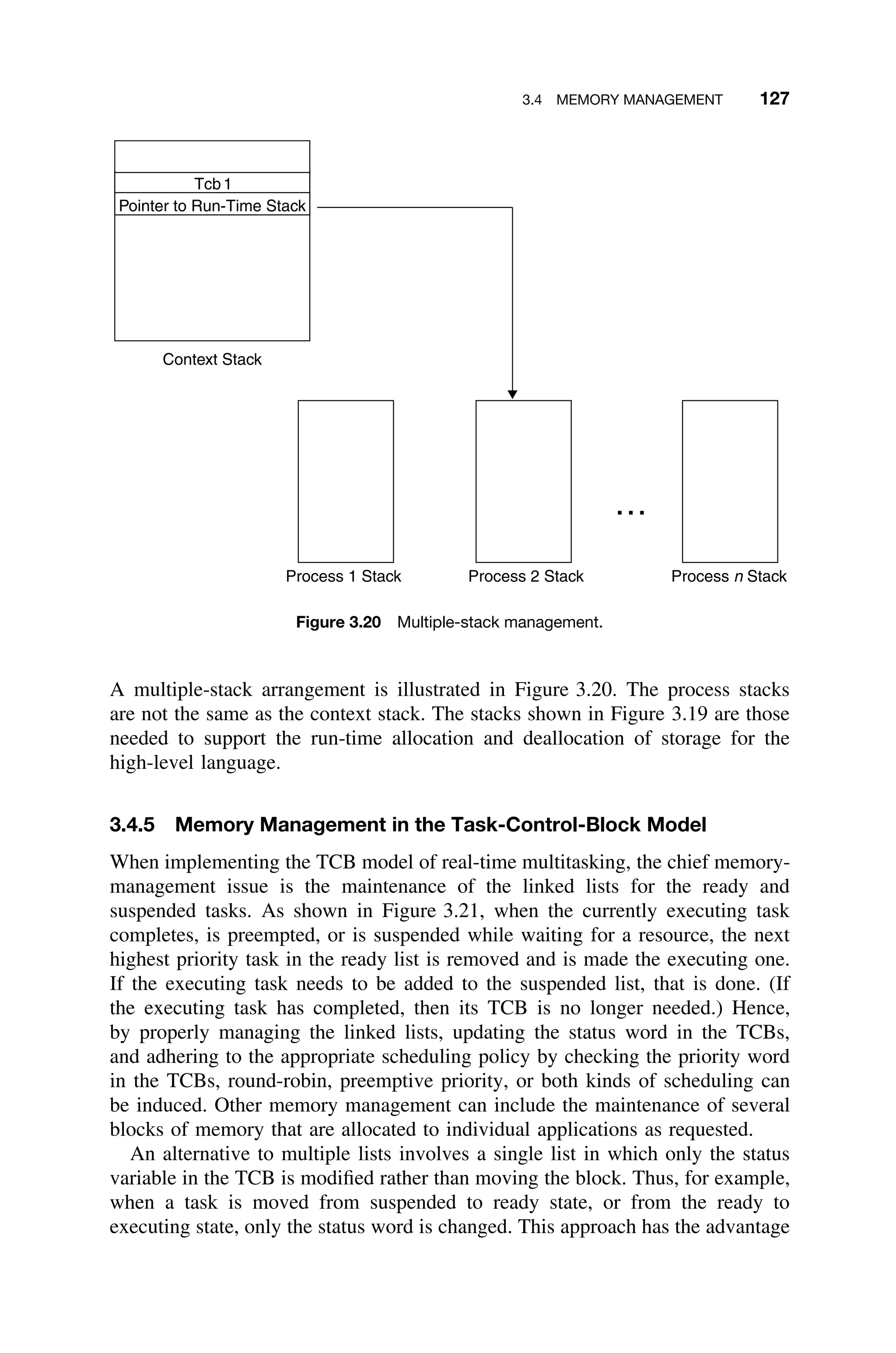 3.4 MEMORY MANAGEMENT 127
Pointer to Run-Time Stack
Process 1 Stack Process 2 Stack Process n Stack
Context Stack
Tcb1
Figure 3.20 Multiple-stack management.
A multiple-stack arrangement is illustrated in Figure 3.20. The process stacks
are not the same as the context stack. The stacks shown in Figure 3.19 are those
needed to support the run-time allocation and deallocation of storage for the
high-level language.
3.4.5 Memory Management in the Task-Control-Block Model
When implementing the TCB model of real-time multitasking, the chief memory-
management issue is the maintenance of the linked lists for the ready and
suspended tasks. As shown in Figure 3.21, when the currently executing task
completes, is preempted, or is suspended while waiting for a resource, the next
highest priority task in the ready list is removed and is made the executing one.
If the executing task needs to be added to the suspended list, that is done. (If
the executing task has completed, then its TCB is no longer needed.) Hence,
by properly managing the linked lists, updating the status word in the TCBs,
and adhering to the appropriate scheduling policy by checking the priority word
in the TCBs, round-robin, preemptive priority, or both kinds of scheduling can
be induced. Other memory management can include the maintenance of several
blocks of memory that are allocated to individual applications as requested.
An alternative to multiple lists involves a single list in which only the status
variable in the TCB is modiﬁed rather than moving the block. Thus, for example,
when a task is moved from suspended to ready state, or from the ready to
executing state, only the status word is changed. This approach has the advantage
 