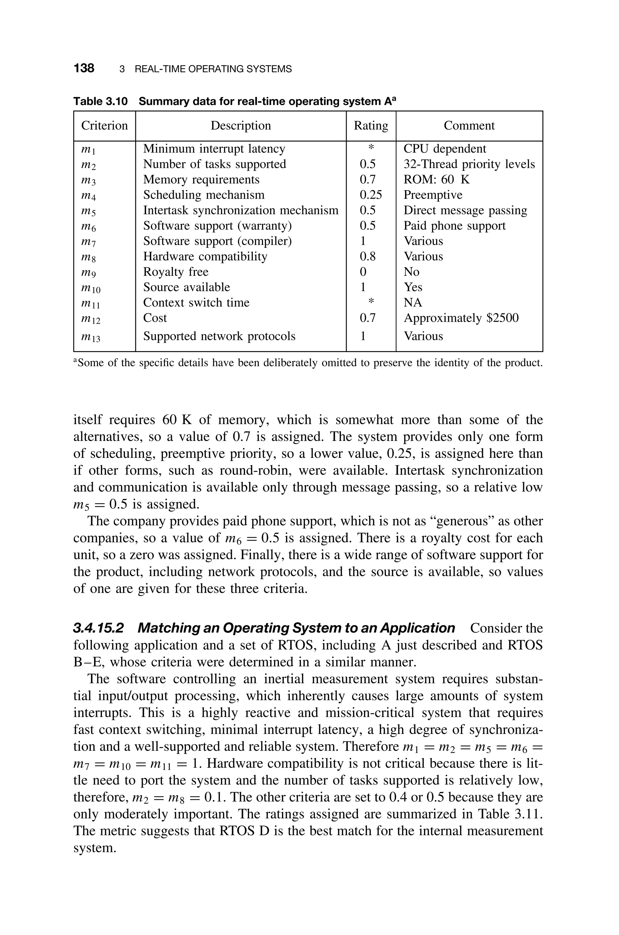 138 3 REAL-TIME OPERATING SYSTEMS
Table 3.10 Summary data for real-time operating system Aa
Criterion Description Rating Comment
m1 Minimum interrupt latency * CPU dependent
m2 Number of tasks supported 0.5 32-Thread priority levels
m3 Memory requirements 0.7 ROM: 60 K
m4 Scheduling mechanism 0.25 Preemptive
m5 Intertask synchronization mechanism 0.5 Direct message passing
m6 Software support (warranty) 0.5 Paid phone support
m7 Software support (compiler) 1 Various
m8 Hardware compatibility 0.8 Various
m9 Royalty free 0 No
m10 Source available 1 Yes
m11 Context switch time * NA
m12 Cost 0.7 Approximately $2500
m13 Supported network protocols 1 Various
a
Some of the speciﬁc details have been deliberately omitted to preserve the identity of the product.
itself requires 60 K of memory, which is somewhat more than some of the
alternatives, so a value of 0.7 is assigned. The system provides only one form
of scheduling, preemptive priority, so a lower value, 0.25, is assigned here than
if other forms, such as round-robin, were available. Intertask synchronization
and communication is available only through message passing, so a relative low
m5 = 0.5 is assigned.
The company provides paid phone support, which is not as “generous” as other
companies, so a value of m6 = 0.5 is assigned. There is a royalty cost for each
unit, so a zero was assigned. Finally, there is a wide range of software support for
the product, including network protocols, and the source is available, so values
of one are given for these three criteria.
3.4.15.2 Matching an Operating System to an Application Consider the
following application and a set of RTOS, including A just described and RTOS
B–E, whose criteria were determined in a similar manner.
The software controlling an inertial measurement system requires substan-
tial input/output processing, which inherently causes large amounts of system
interrupts. This is a highly reactive and mission-critical system that requires
fast context switching, minimal interrupt latency, a high degree of synchroniza-
tion and a well-supported and reliable system. Therefore m1 = m2 = m5 = m6 =
m7 = m10 = m11 = 1. Hardware compatibility is not critical because there is lit-
tle need to port the system and the number of tasks supported is relatively low,
therefore, m2 = m8 = 0.1. The other criteria are set to 0.4 or 0.5 because they are
only moderately important. The ratings assigned are summarized in Table 3.11.
The metric suggests that RTOS D is the best match for the internal measurement
system.
 
