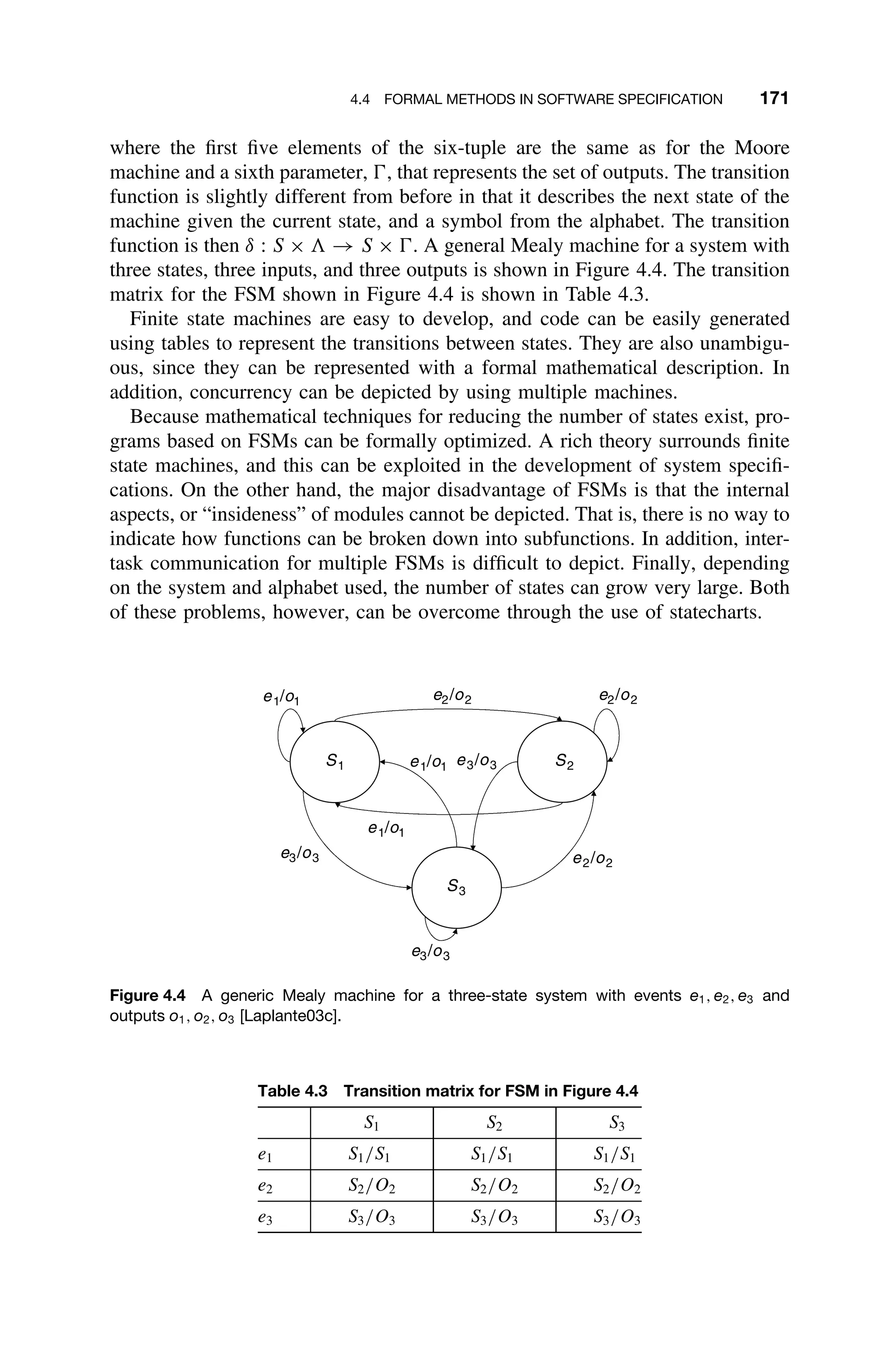 4.4 FORMAL METHODS IN SOFTWARE SPECIFICATION 171
where the ﬁrst ﬁve elements of the six-tuple are the same as for the Moore
machine and a sixth parameter, , that represents the set of outputs. The transition
function is slightly different from before in that it describes the next state of the
machine given the current state, and a symbol from the alphabet. The transition
function is then δ : S ×  → S × . A general Mealy machine for a system with
three states, three inputs, and three outputs is shown in Figure 4.4. The transition
matrix for the FSM shown in Figure 4.4 is shown in Table 4.3.
Finite state machines are easy to develop, and code can be easily generated
using tables to represent the transitions between states. They are also unambigu-
ous, since they can be represented with a formal mathematical description. In
addition, concurrency can be depicted by using multiple machines.
Because mathematical techniques for reducing the number of states exist, pro-
grams based on FSMs can be formally optimized. A rich theory surrounds ﬁnite
state machines, and this can be exploited in the development of system speciﬁ-
cations. On the other hand, the major disadvantage of FSMs is that the internal
aspects, or “insideness” of modules cannot be depicted. That is, there is no way to
indicate how functions can be broken down into subfunctions. In addition, inter-
task communication for multiple FSMs is difﬁcult to depict. Finally, depending
on the system and alphabet used, the number of states can grow very large. Both
of these problems, however, can be overcome through the use of statecharts.
S1 S2
S3
e2/o2 e2/o2
e3/o3
e3/o3
e1/o1
e1/o1
e1/o1
e2/o2
e3/o3
Figure 4.4 A generic Mealy machine for a three-state system with events e1, e2, e3 and
outputs o1, o2, o3 [Laplante03c].
Table 4.3 Transition matrix for FSM in Figure 4.4
S1 S2 S3
e1 S1/S1 S1/S1 S1/S1
e2 S2/O2 S2/O2 S2/O2
e3 S3/O3 S3/O3 S3/O3
 