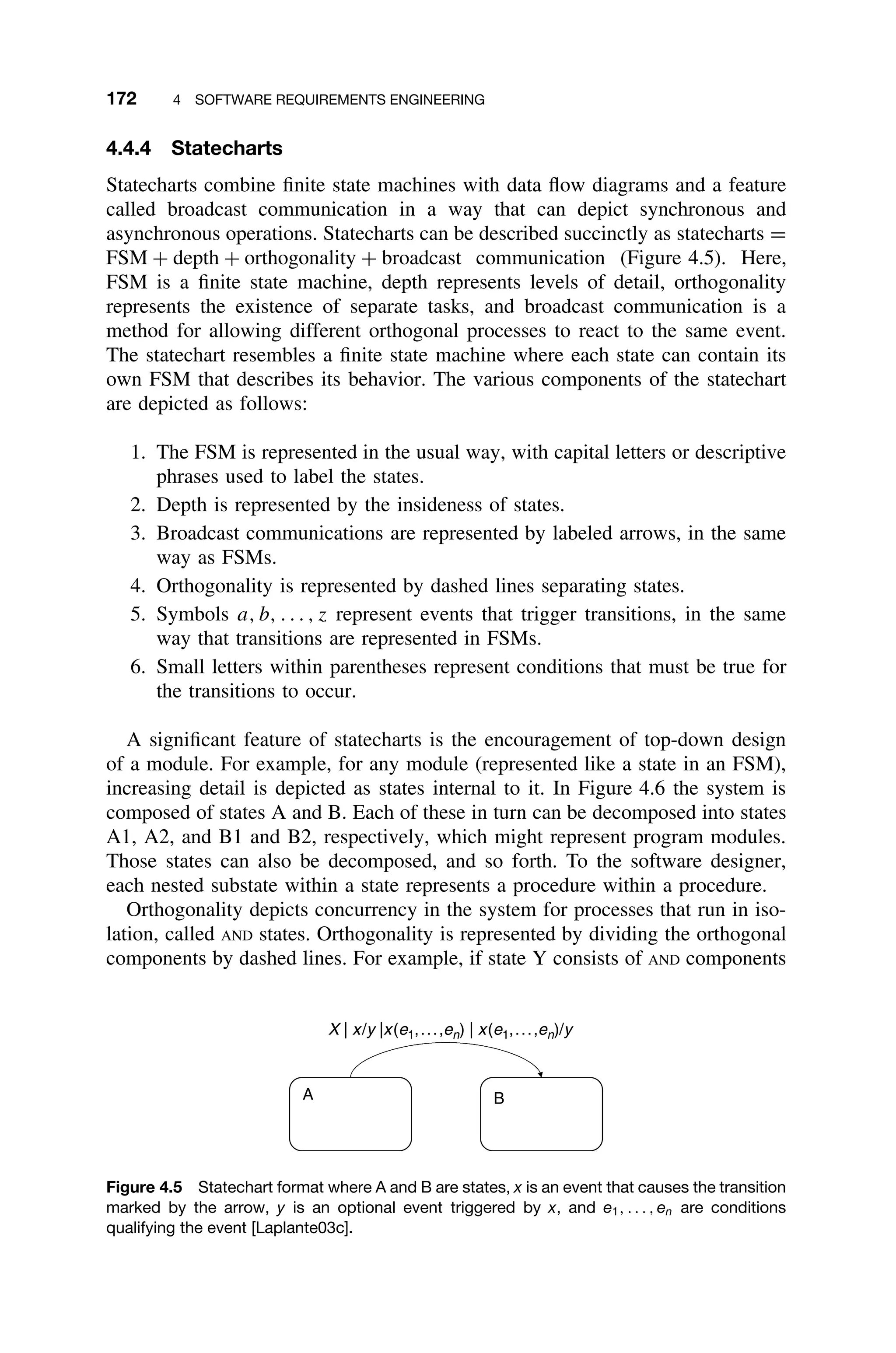 172 4 SOFTWARE REQUIREMENTS ENGINEERING
4.4.4 Statecharts
Statecharts combine ﬁnite state machines with data ﬂow diagrams and a feature
called broadcast communication in a way that can depict synchronous and
asynchronous operations. Statecharts can be described succinctly as statecharts =
FSM + depth + orthogonality + broadcast communication (Figure 4.5). Here,
FSM is a ﬁnite state machine, depth represents levels of detail, orthogonality
represents the existence of separate tasks, and broadcast communication is a
method for allowing different orthogonal processes to react to the same event.
The statechart resembles a ﬁnite state machine where each state can contain its
own FSM that describes its behavior. The various components of the statechart
are depicted as follows:
1. The FSM is represented in the usual way, with capital letters or descriptive
phrases used to label the states.
2. Depth is represented by the insideness of states.
3. Broadcast communications are represented by labeled arrows, in the same
way as FSMs.
4. Orthogonality is represented by dashed lines separating states.
5. Symbols a, b, . . . , z represent events that trigger transitions, in the same
way that transitions are represented in FSMs.
6. Small letters within parentheses represent conditions that must be true for
the transitions to occur.
A signiﬁcant feature of statecharts is the encouragement of top-down design
of a module. For example, for any module (represented like a state in an FSM),
increasing detail is depicted as states internal to it. In Figure 4.6 the system is
composed of states A and B. Each of these in turn can be decomposed into states
A1, A2, and B1 and B2, respectively, which might represent program modules.
Those states can also be decomposed, and so forth. To the software designer,
each nested substate within a state represents a procedure within a procedure.
Orthogonality depicts concurrency in the system for processes that run in iso-
lation, called AND states. Orthogonality is represented by dividing the orthogonal
components by dashed lines. For example, if state Y consists of AND components
A B
X | x/y |x(e1,...,en) | x(e1,...,en)/y
Figure 4.5 Statechart format where A and B are states, x is an event that causes the transition
marked by the arrow, y is an optional event triggered by x, and e1, . . . , en are conditions
qualifying the event [Laplante03c].
 