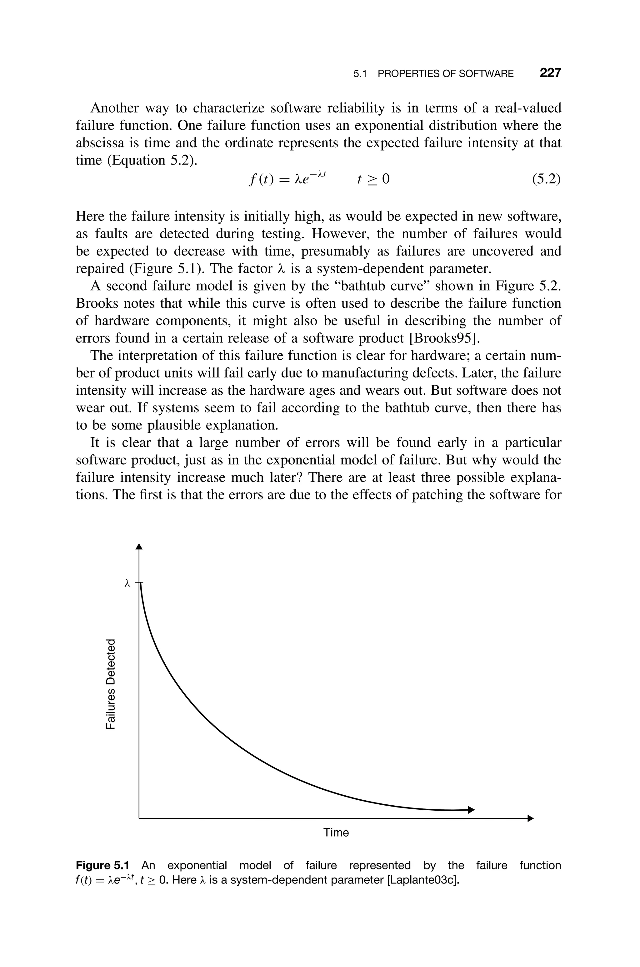 5.1 PROPERTIES OF SOFTWARE 227
Another way to characterize software reliability is in terms of a real-valued
failure function. One failure function uses an exponential distribution where the
abscissa is time and the ordinate represents the expected failure intensity at that
time (Equation 5.2).
f (t) = λe−λt
t ≥ 0 (5.2)
Here the failure intensity is initially high, as would be expected in new software,
as faults are detected during testing. However, the number of failures would
be expected to decrease with time, presumably as failures are uncovered and
repaired (Figure 5.1). The factor λ is a system-dependent parameter.
A second failure model is given by the “bathtub curve” shown in Figure 5.2.
Brooks notes that while this curve is often used to describe the failure function
of hardware components, it might also be useful in describing the number of
errors found in a certain release of a software product [Brooks95].
The interpretation of this failure function is clear for hardware; a certain num-
ber of product units will fail early due to manufacturing defects. Later, the failure
intensity will increase as the hardware ages and wears out. But software does not
wear out. If systems seem to fail according to the bathtub curve, then there has
to be some plausible explanation.
It is clear that a large number of errors will be found early in a particular
software product, just as in the exponential model of failure. But why would the
failure intensity increase much later? There are at least three possible explana-
tions. The ﬁrst is that the errors are due to the effects of patching the software for
Failures
Detected
Time
l
Figure 5.1 An exponential model of failure represented by the failure function
f(t) = λe−λt
, t ≥ 0. Here λ is a system-dependent parameter [Laplante03c].
 
