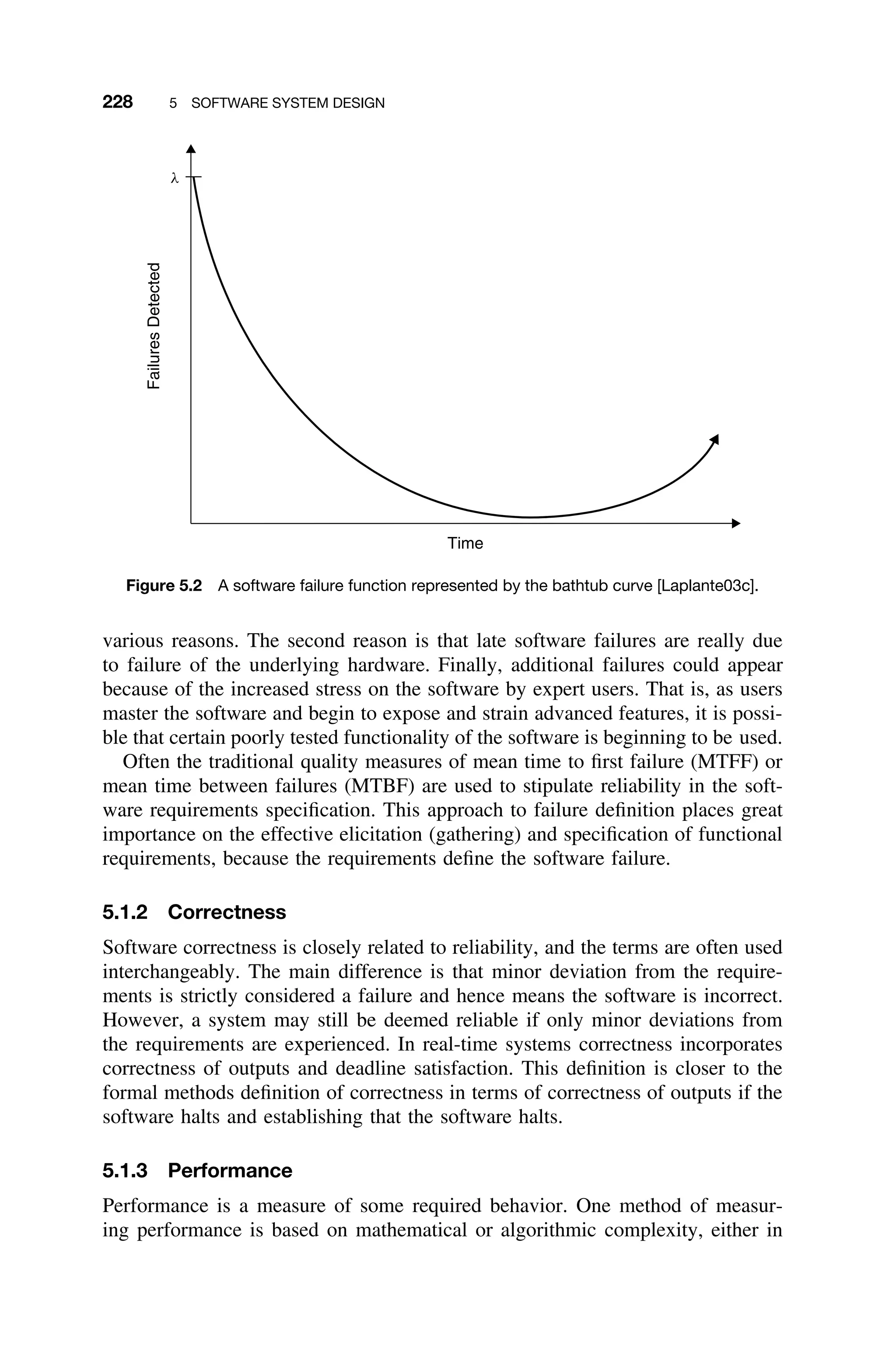 228 5 SOFTWARE SYSTEM DESIGN
Time
l
Failures
Detected
Figure 5.2 A software failure function represented by the bathtub curve [Laplante03c].
various reasons. The second reason is that late software failures are really due
to failure of the underlying hardware. Finally, additional failures could appear
because of the increased stress on the software by expert users. That is, as users
master the software and begin to expose and strain advanced features, it is possi-
ble that certain poorly tested functionality of the software is beginning to be used.
Often the traditional quality measures of mean time to ﬁrst failure (MTFF) or
mean time between failures (MTBF) are used to stipulate reliability in the soft-
ware requirements speciﬁcation. This approach to failure deﬁnition places great
importance on the effective elicitation (gathering) and speciﬁcation of functional
requirements, because the requirements deﬁne the software failure.
5.1.2 Correctness
Software correctness is closely related to reliability, and the terms are often used
interchangeably. The main difference is that minor deviation from the require-
ments is strictly considered a failure and hence means the software is incorrect.
However, a system may still be deemed reliable if only minor deviations from
the requirements are experienced. In real-time systems correctness incorporates
correctness of outputs and deadline satisfaction. This deﬁnition is closer to the
formal methods deﬁnition of correctness in terms of correctness of outputs if the
software halts and establishing that the software halts.
5.1.3 Performance
Performance is a measure of some required behavior. One method of measur-
ing performance is based on mathematical or algorithmic complexity, either in
 