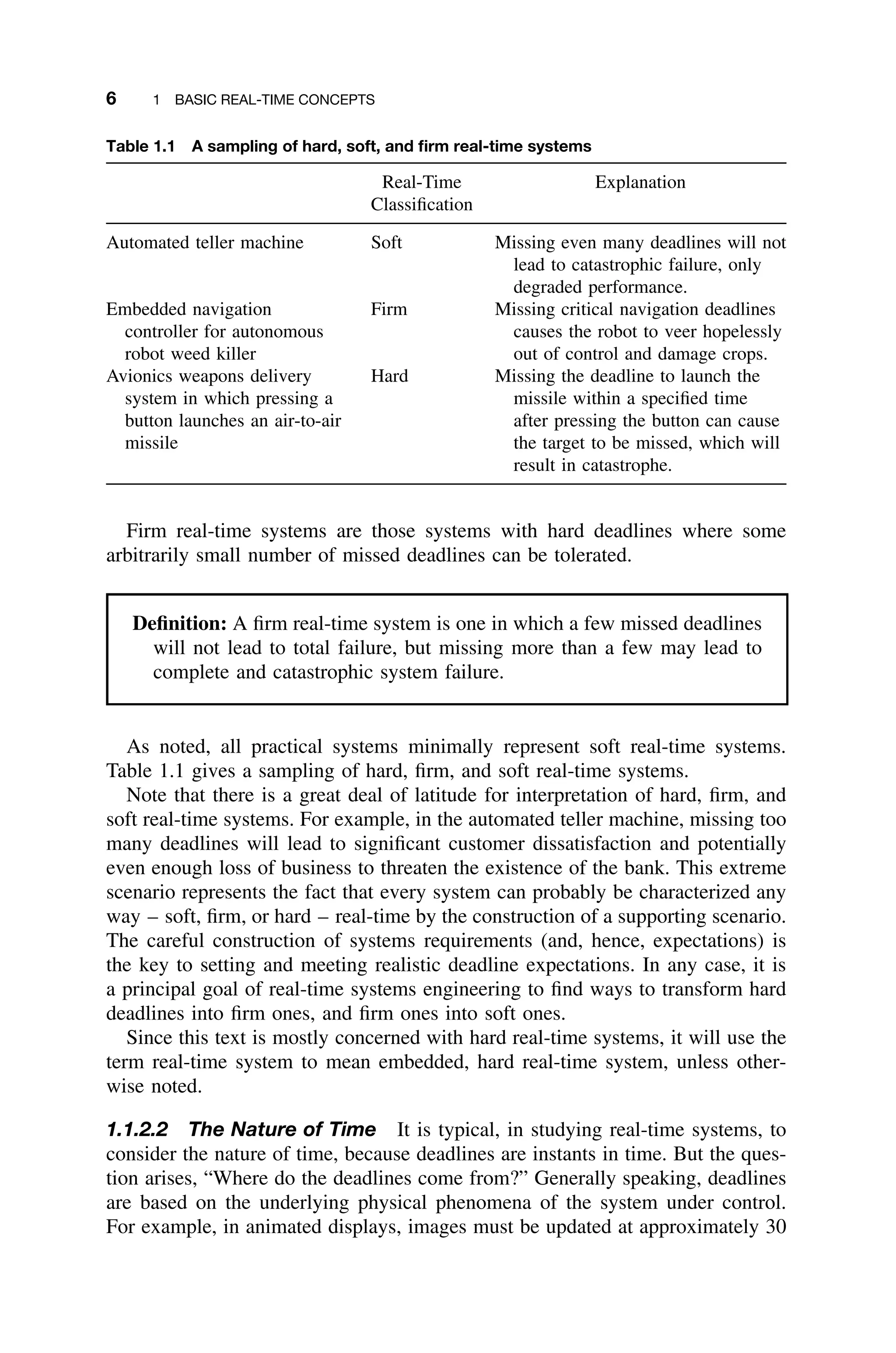6 1 BASIC REAL-TIME CONCEPTS
Table 1.1 A sampling of hard, soft, and ﬁrm real-time systems
Real-Time
Classiﬁcation
Explanation
Automated teller machine Soft Missing even many deadlines will not
lead to catastrophic failure, only
degraded performance.
Embedded navigation
controller for autonomous
robot weed killer
Firm Missing critical navigation deadlines
causes the robot to veer hopelessly
out of control and damage crops.
Avionics weapons delivery
system in which pressing a
button launches an air-to-air
missile
Hard Missing the deadline to launch the
missile within a speciﬁed time
after pressing the button can cause
the target to be missed, which will
result in catastrophe.
Firm real-time systems are those systems with hard deadlines where some
arbitrarily small number of missed deadlines can be tolerated.
Deﬁnition: A ﬁrm real-time system is one in which a few missed deadlines
will not lead to total failure, but missing more than a few may lead to
complete and catastrophic system failure.
As noted, all practical systems minimally represent soft real-time systems.
Table 1.1 gives a sampling of hard, ﬁrm, and soft real-time systems.
Note that there is a great deal of latitude for interpretation of hard, ﬁrm, and
soft real-time systems. For example, in the automated teller machine, missing too
many deadlines will lead to signiﬁcant customer dissatisfaction and potentially
even enough loss of business to threaten the existence of the bank. This extreme
scenario represents the fact that every system can probably be characterized any
way – soft, ﬁrm, or hard – real-time by the construction of a supporting scenario.
The careful construction of systems requirements (and, hence, expectations) is
the key to setting and meeting realistic deadline expectations. In any case, it is
a principal goal of real-time systems engineering to ﬁnd ways to transform hard
deadlines into ﬁrm ones, and ﬁrm ones into soft ones.
Since this text is mostly concerned with hard real-time systems, it will use the
term real-time system to mean embedded, hard real-time system, unless other-
wise noted.
1.1.2.2 The Nature of Time It is typical, in studying real-time systems, to
consider the nature of time, because deadlines are instants in time. But the ques-
tion arises, “Where do the deadlines come from?” Generally speaking, deadlines
are based on the underlying physical phenomena of the system under control.
For example, in animated displays, images must be updated at approximately 30
 
