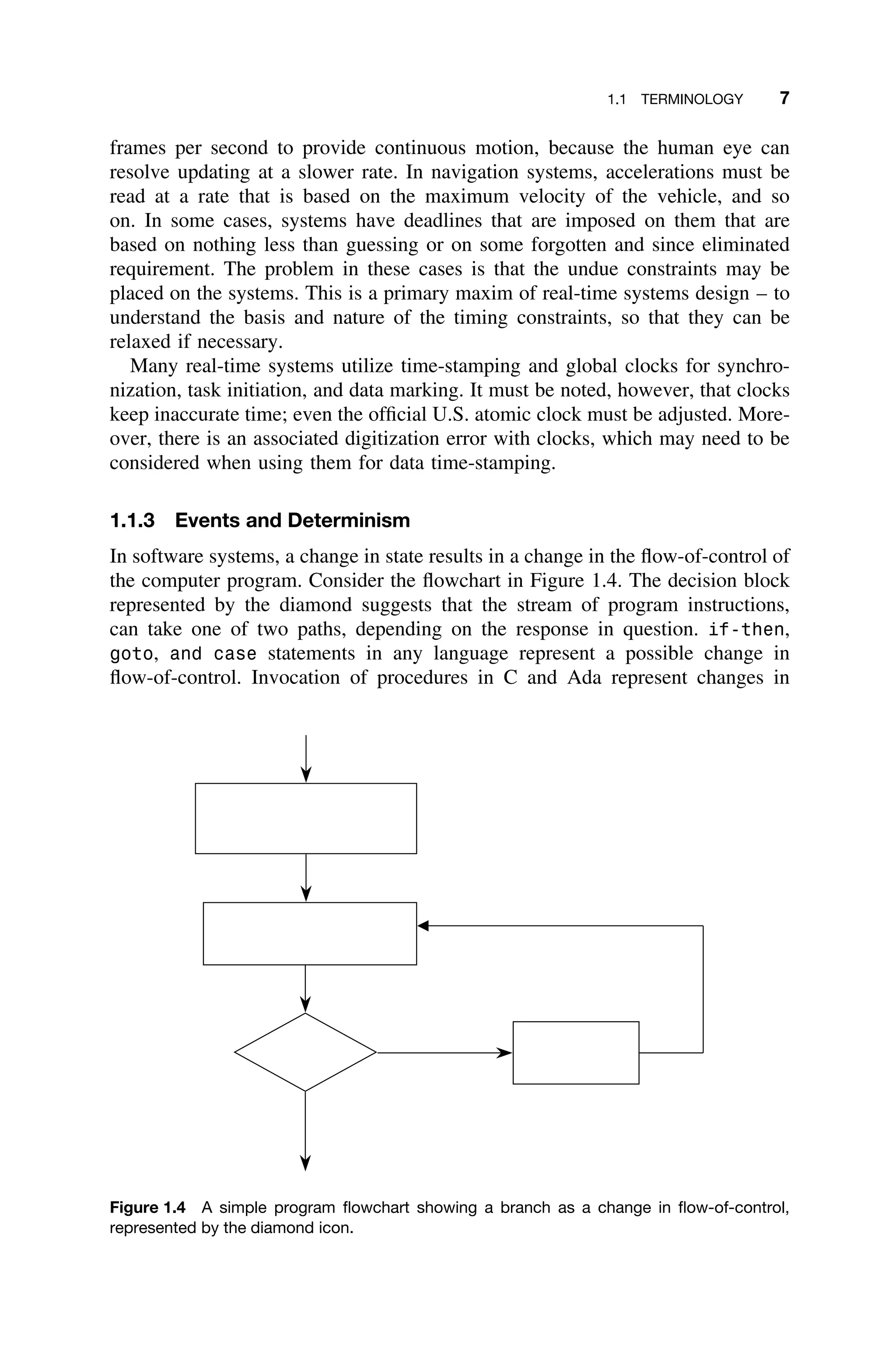 1.1 TERMINOLOGY 7
frames per second to provide continuous motion, because the human eye can
resolve updating at a slower rate. In navigation systems, accelerations must be
read at a rate that is based on the maximum velocity of the vehicle, and so
on. In some cases, systems have deadlines that are imposed on them that are
based on nothing less than guessing or on some forgotten and since eliminated
requirement. The problem in these cases is that the undue constraints may be
placed on the systems. This is a primary maxim of real-time systems design – to
understand the basis and nature of the timing constraints, so that they can be
relaxed if necessary.
Many real-time systems utilize time-stamping and global clocks for synchro-
nization, task initiation, and data marking. It must be noted, however, that clocks
keep inaccurate time; even the ofﬁcial U.S. atomic clock must be adjusted. More-
over, there is an associated digitization error with clocks, which may need to be
considered when using them for data time-stamping.
1.1.3 Events and Determinism
In software systems, a change in state results in a change in the ﬂow-of-control of
the computer program. Consider the ﬂowchart in Figure 1.4. The decision block
represented by the diamond suggests that the stream of program instructions,
can take one of two paths, depending on the response in question. if-then,
goto, and case statements in any language represent a possible change in
ﬂow-of-control. Invocation of procedures in C and Ada represent changes in
Figure 1.4 A simple program ﬂowchart showing a branch as a change in ﬂow-of-control,
represented by the diamond icon.
 