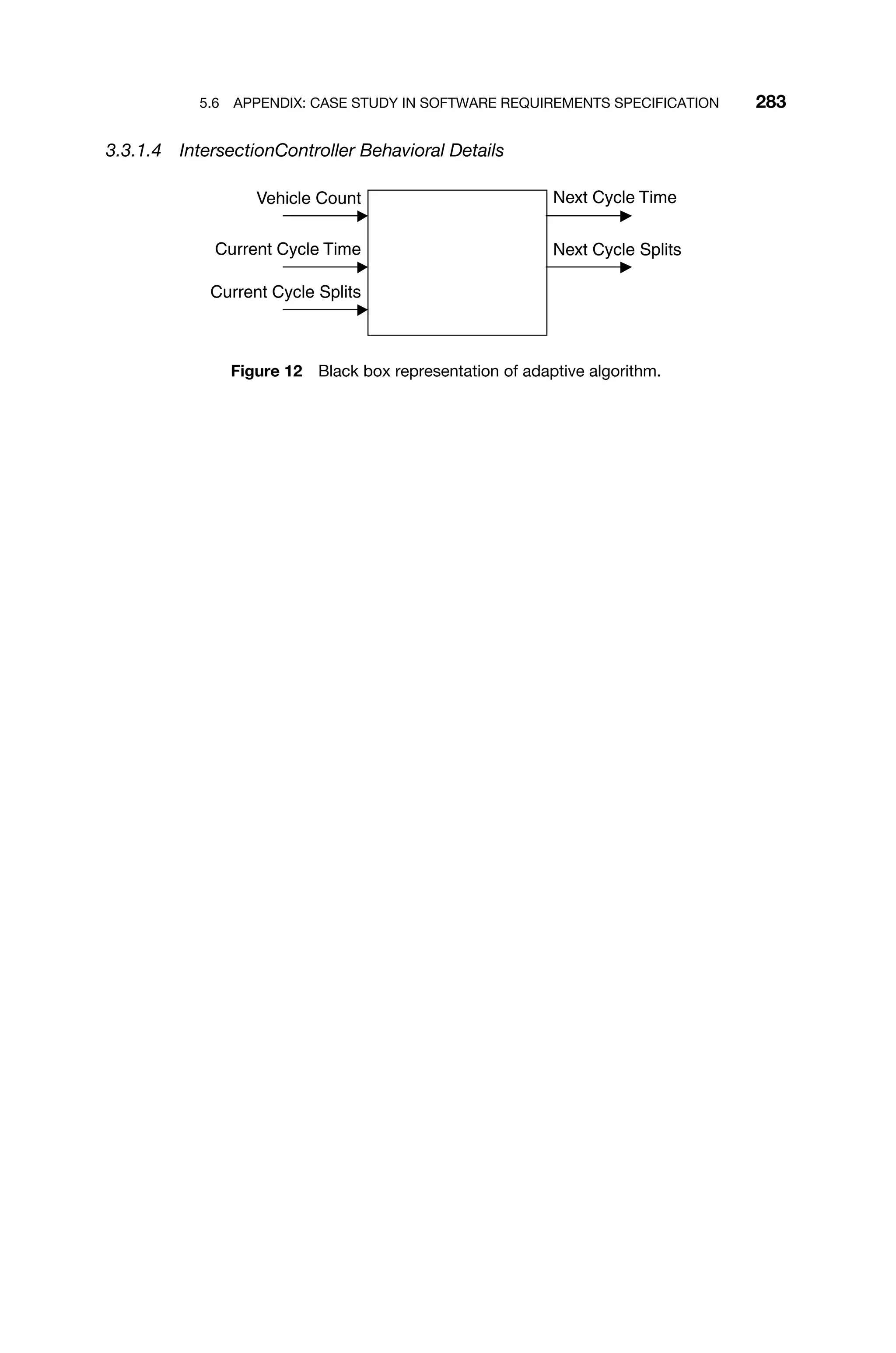 5.6 APPENDIX: CASE STUDY IN SOFTWARE REQUIREMENTS SPECIFICATION 283
3.3.1.4 IntersectionController Behavioral Details
Vehicle Count Next Cycle Time
Next Cycle Splits
Current Cycle Time
Current Cycle Splits
Figure 12 Black box representation of adaptive algorithm.
 