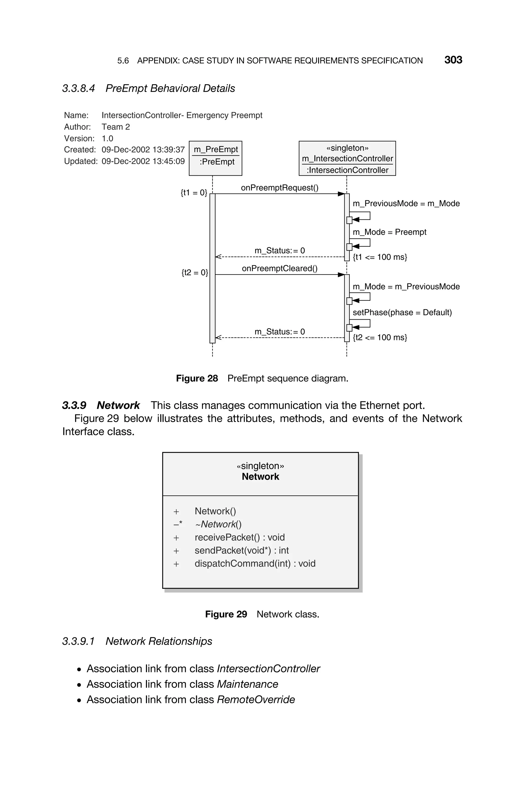 5.6 APPENDIX: CASE STUDY IN SOFTWARE REQUIREMENTS SPECIFICATION 303
3.3.8.4 PreEmpt Behavioral Details
m_PreEmpt
:PreEmpt
«singleton»
m_IntersectionController
:IntersectionController
Name: IntersectionController- Emergency Preempt
Author: Team 2
Version: 1.0
Created: 09-Dec-2002 13:39:37
Updated: 09-Dec-2002 13:45:09
{t1 = 0}
m_PreviousMode = m_Mode
m_Mode = Preempt
{t1 = 100 ms}
{t2 = 0}
m_Mode = m_PreviousMode
setPhase(phase = Default)
{t2 = 100 ms}
onPreemptRequest()
m_Status:= 0
onPreemptCleared()
m_Status:= 0
Figure 28 PreEmpt sequence diagram.
3.3.9 Network This class manages communication via the Ethernet port.
Figure 29 below illustrates the attributes, methods, and events of the Network
Interface class.
«singleton»
Network
+ Network()
−* ~Network()
+ receivePacket() : void
+ sendPacket(void*) : int
+ dispatchCommand(int) : void
Figure 29 Network class.
3.3.9.1 Network Relationships
ž Association link from class IntersectionController
ž Association link from class Maintenance
ž Association link from class RemoteOverride
 