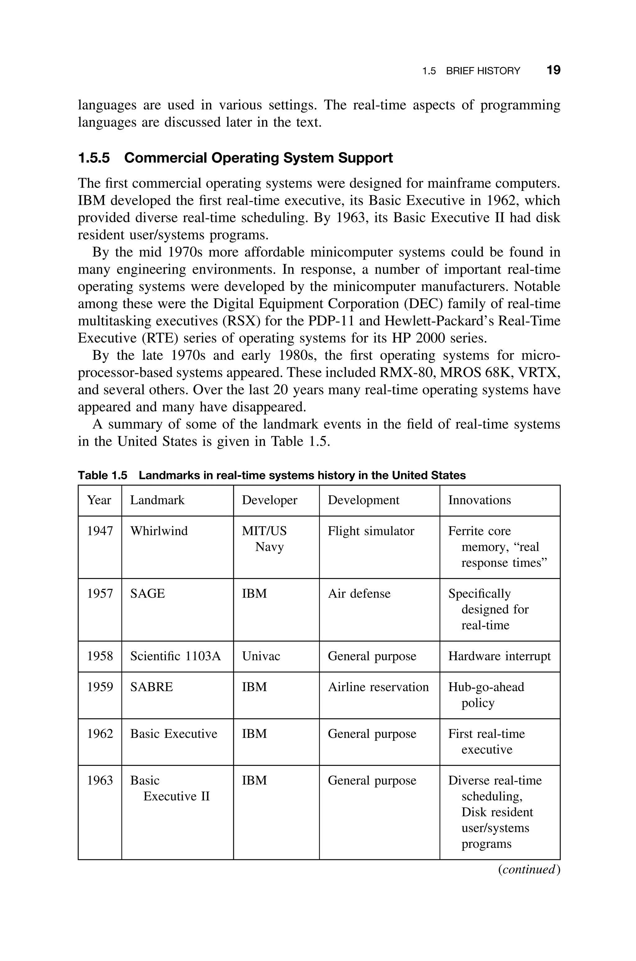 1.5 BRIEF HISTORY 19
languages are used in various settings. The real-time aspects of programming
languages are discussed later in the text.
1.5.5 Commercial Operating System Support
The ﬁrst commercial operating systems were designed for mainframe computers.
IBM developed the ﬁrst real-time executive, its Basic Executive in 1962, which
provided diverse real-time scheduling. By 1963, its Basic Executive II had disk
resident user/systems programs.
By the mid 1970s more affordable minicomputer systems could be found in
many engineering environments. In response, a number of important real-time
operating systems were developed by the minicomputer manufacturers. Notable
among these were the Digital Equipment Corporation (DEC) family of real-time
multitasking executives (RSX) for the PDP-11 and Hewlett-Packard’s Real-Time
Executive (RTE) series of operating systems for its HP 2000 series.
By the late 1970s and early 1980s, the ﬁrst operating systems for micro-
processor-based systems appeared. These included RMX-80, MROS 68K, VRTX,
and several others. Over the last 20 years many real-time operating systems have
appeared and many have disappeared.
A summary of some of the landmark events in the ﬁeld of real-time systems
in the United States is given in Table 1.5.
Table 1.5 Landmarks in real-time systems history in the United States
Year Landmark Developer Development Innovations
1947 Whirlwind MIT/US
Navy
Flight simulator Ferrite core
memory, “real
response times”
1957 SAGE IBM Air defense Speciﬁcally
designed for
real-time
1958 Scientiﬁc 1103A Univac General purpose Hardware interrupt
1959 SABRE IBM Airline reservation Hub-go-ahead
policy
1962 Basic Executive IBM General purpose First real-time
executive
1963 Basic
Executive II
IBM General purpose Diverse real-time
scheduling,
Disk resident
user/systems
programs
(continued)
 
