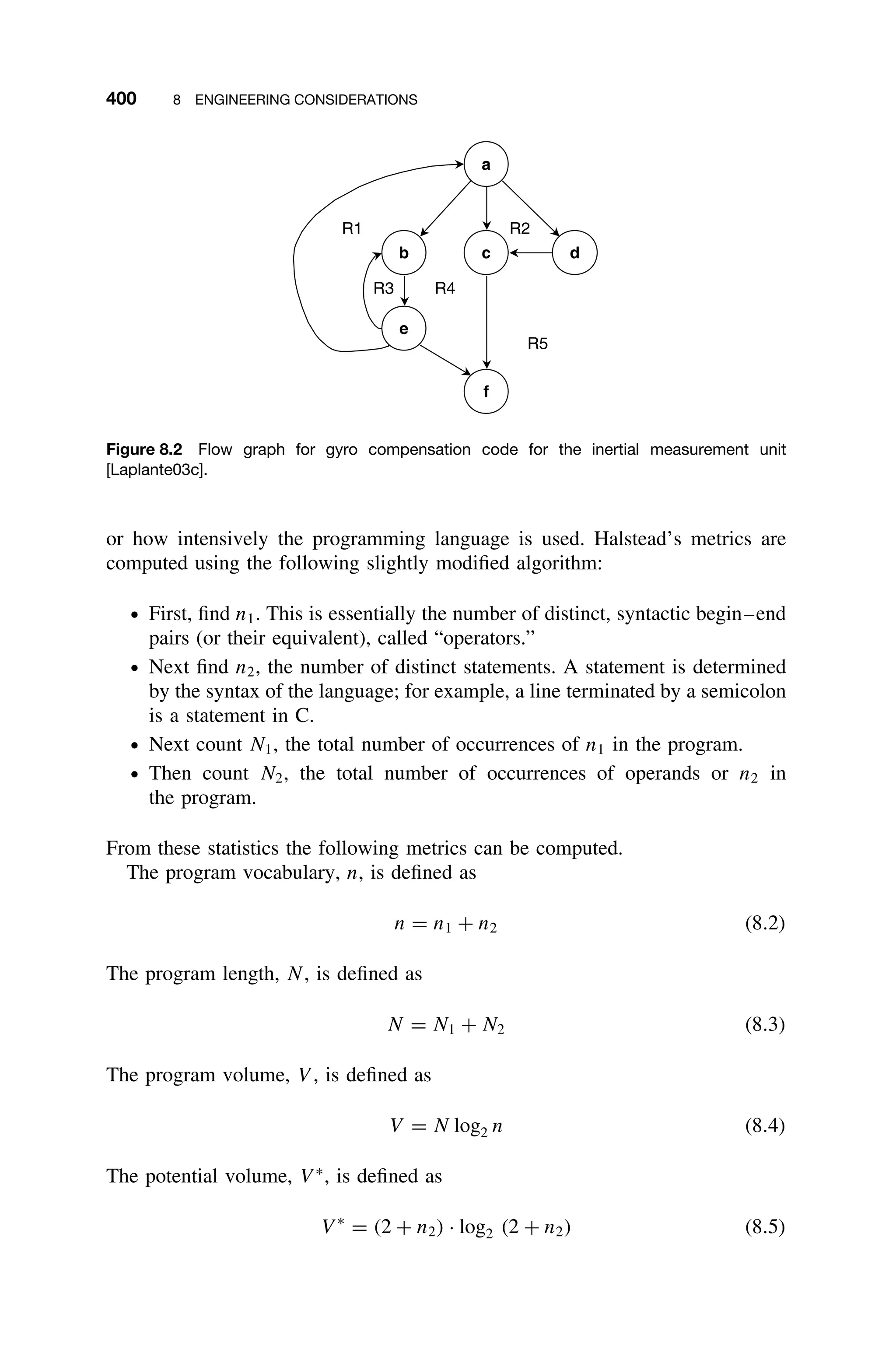 400 8 ENGINEERING CONSIDERATIONS
a
b
R1 R2
R5
R3 R4
c d
e
f
Figure 8.2 Flow graph for gyro compensation code for the inertial measurement unit
[Laplante03c].
or how intensively the programming language is used. Halstead’s metrics are
computed using the following slightly modiﬁed algorithm:
ž First, ﬁnd n1. This is essentially the number of distinct, syntactic begin–end
pairs (or their equivalent), called “operators.”
ž Next ﬁnd n2, the number of distinct statements. A statement is determined
by the syntax of the language; for example, a line terminated by a semicolon
is a statement in C.
ž Next count N1, the total number of occurrences of n1 in the program.
ž Then count N2, the total number of occurrences of operands or n2 in
the program.
From these statistics the following metrics can be computed.
The program vocabulary, n, is deﬁned as
n = n1 + n2 (8.2)
The program length, N, is deﬁned as
N = N1 + N2 (8.3)
The program volume, V , is deﬁned as
V = N log2 n (8.4)
The potential volume, V ∗
, is deﬁned as
V ∗
= (2 + n2) · log2 (2 + n2) (8.5)
 