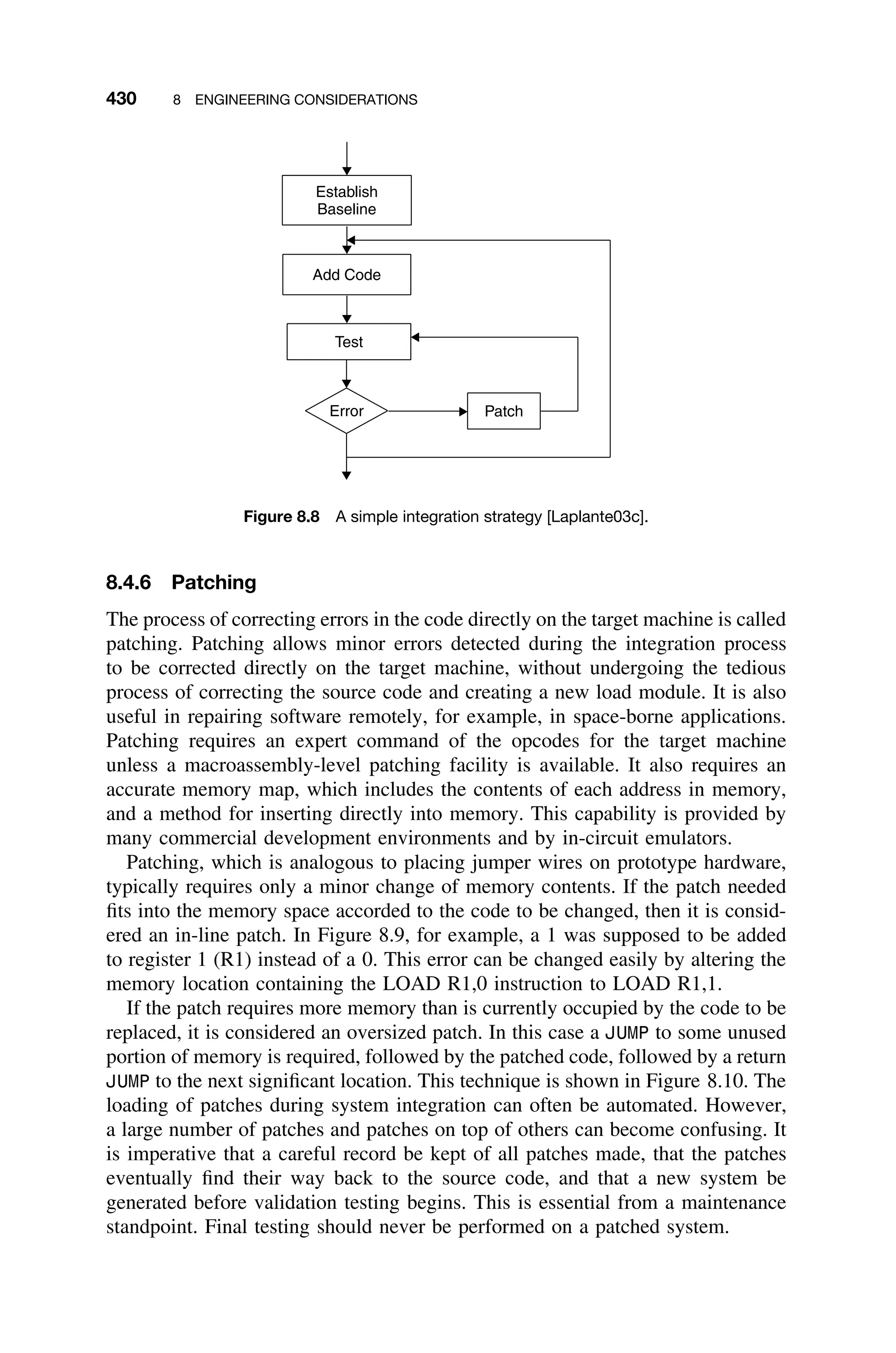 430 8 ENGINEERING CONSIDERATIONS
Establish
Baseline
Add Code
Test
Error Patch
Figure 8.8 A simple integration strategy [Laplante03c].
8.4.6 Patching
The process of correcting errors in the code directly on the target machine is called
patching. Patching allows minor errors detected during the integration process
to be corrected directly on the target machine, without undergoing the tedious
process of correcting the source code and creating a new load module. It is also
useful in repairing software remotely, for example, in space-borne applications.
Patching requires an expert command of the opcodes for the target machine
unless a macroassembly-level patching facility is available. It also requires an
accurate memory map, which includes the contents of each address in memory,
and a method for inserting directly into memory. This capability is provided by
many commercial development environments and by in-circuit emulators.
Patching, which is analogous to placing jumper wires on prototype hardware,
typically requires only a minor change of memory contents. If the patch needed
ﬁts into the memory space accorded to the code to be changed, then it is consid-
ered an in-line patch. In Figure 8.9, for example, a 1 was supposed to be added
to register 1 (R1) instead of a 0. This error can be changed easily by altering the
memory location containing the LOAD R1,0 instruction to LOAD R1,1.
If the patch requires more memory than is currently occupied by the code to be
replaced, it is considered an oversized patch. In this case a JUMP to some unused
portion of memory is required, followed by the patched code, followed by a return
JUMP to the next signiﬁcant location. This technique is shown in Figure 8.10. The
loading of patches during system integration can often be automated. However,
a large number of patches and patches on top of others can become confusing. It
is imperative that a careful record be kept of all patches made, that the patches
eventually ﬁnd their way back to the source code, and that a new system be
generated before validation testing begins. This is essential from a maintenance
standpoint. Final testing should never be performed on a patched system.
 