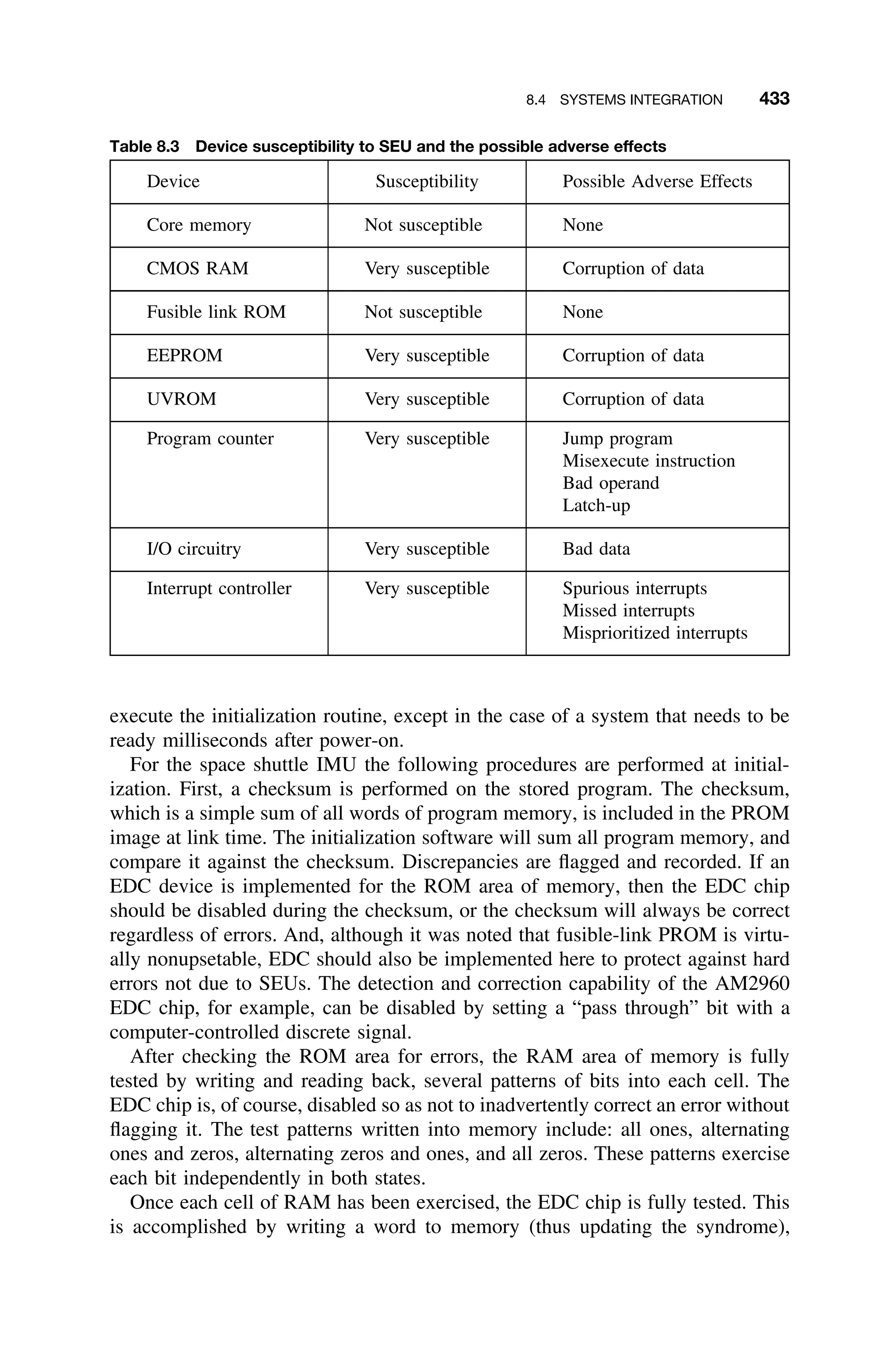 8.4 SYSTEMS INTEGRATION 433
Table 8.3 Device susceptibility to SEU and the possible adverse effects
Device Susceptibility Possible Adverse Effects
Core memory Not susceptible None
CMOS RAM Very susceptible Corruption of data
Fusible link ROM Not susceptible None
EEPROM Very susceptible Corruption of data
UVROM Very susceptible Corruption of data
Program counter Very susceptible Jump program
Misexecute instruction
Bad operand
Latch-up
I/O circuitry Very susceptible Bad data
Interrupt controller Very susceptible Spurious interrupts
Missed interrupts
Misprioritized interrupts
execute the initialization routine, except in the case of a system that needs to be
ready milliseconds after power-on.
For the space shuttle IMU the following procedures are performed at initial-
ization. First, a checksum is performed on the stored program. The checksum,
which is a simple sum of all words of program memory, is included in the PROM
image at link time. The initialization software will sum all program memory, and
compare it against the checksum. Discrepancies are ﬂagged and recorded. If an
EDC device is implemented for the ROM area of memory, then the EDC chip
should be disabled during the checksum, or the checksum will always be correct
regardless of errors. And, although it was noted that fusible-link PROM is virtu-
ally nonupsetable, EDC should also be implemented here to protect against hard
errors not due to SEUs. The detection and correction capability of the AM2960
EDC chip, for example, can be disabled by setting a “pass through” bit with a
computer-controlled discrete signal.
After checking the ROM area for errors, the RAM area of memory is fully
tested by writing and reading back, several patterns of bits into each cell. The
EDC chip is, of course, disabled so as not to inadvertently correct an error without
ﬂagging it. The test patterns written into memory include: all ones, alternating
ones and zeros, alternating zeros and ones, and all zeros. These patterns exercise
each bit independently in both states.
Once each cell of RAM has been exercised, the EDC chip is fully tested. This
is accomplished by writing a word to memory (thus updating the syndrome),
 