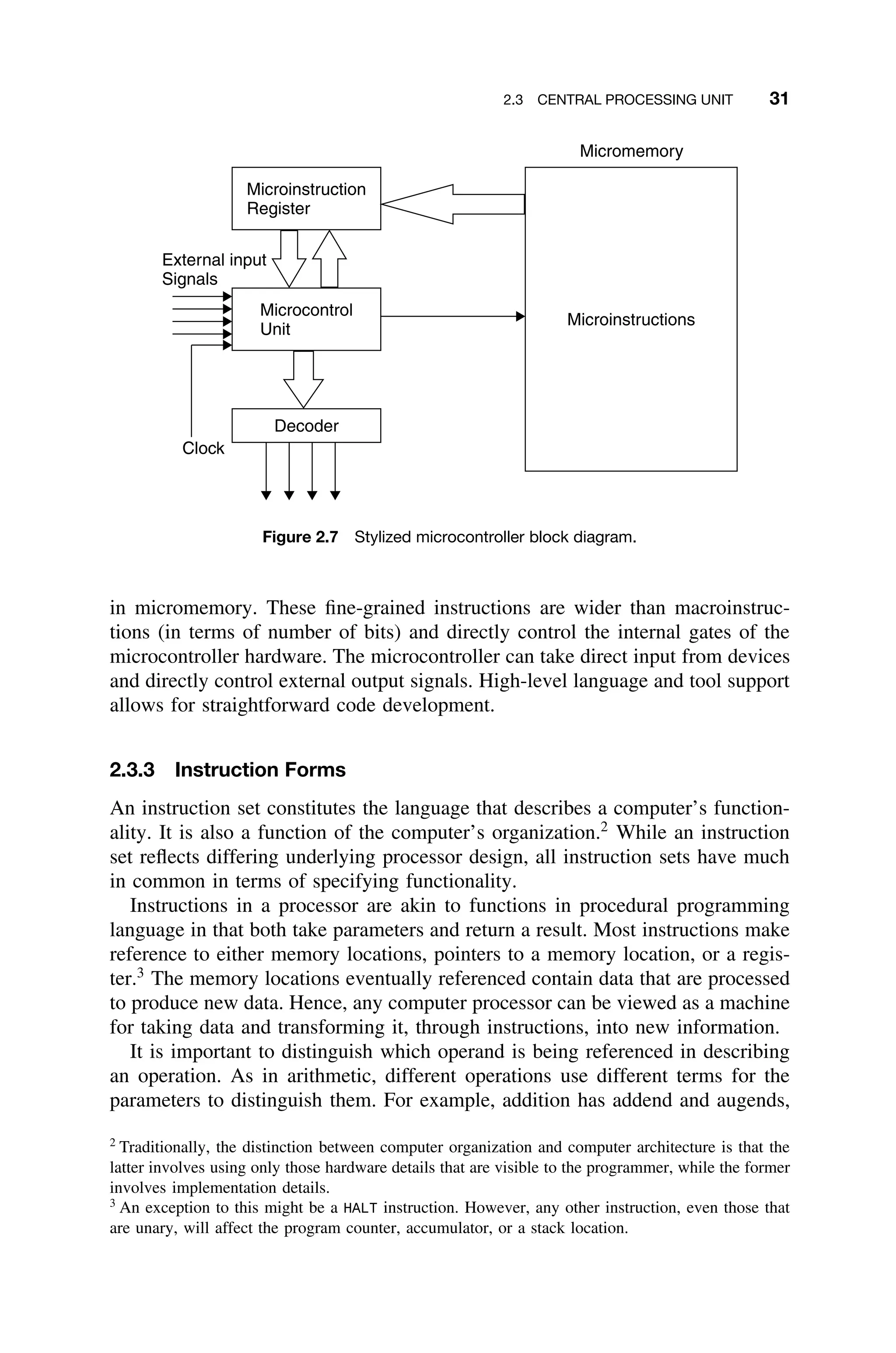 2.3 CENTRAL PROCESSING UNIT 31
Microinstruction
Register
Micromemory
Microinstructions
Microcontrol
Unit
Decoder
External input
Signals
Clock
Figure 2.7 Stylized microcontroller block diagram.
in micromemory. These ﬁne-grained instructions are wider than macroinstruc-
tions (in terms of number of bits) and directly control the internal gates of the
microcontroller hardware. The microcontroller can take direct input from devices
and directly control external output signals. High-level language and tool support
allows for straightforward code development.
2.3.3 Instruction Forms
An instruction set constitutes the language that describes a computer’s function-
ality. It is also a function of the computer’s organization.2
While an instruction
set reﬂects differing underlying processor design, all instruction sets have much
in common in terms of specifying functionality.
Instructions in a processor are akin to functions in procedural programming
language in that both take parameters and return a result. Most instructions make
reference to either memory locations, pointers to a memory location, or a regis-
ter.3
The memory locations eventually referenced contain data that are processed
to produce new data. Hence, any computer processor can be viewed as a machine
for taking data and transforming it, through instructions, into new information.
It is important to distinguish which operand is being referenced in describing
an operation. As in arithmetic, different operations use different terms for the
parameters to distinguish them. For example, addition has addend and augends,
2
Traditionally, the distinction between computer organization and computer architecture is that the
latter involves using only those hardware details that are visible to the programmer, while the former
involves implementation details.
3
An exception to this might be a HALT instruction. However, any other instruction, even those that
are unary, will affect the program counter, accumulator, or a stack location.
 