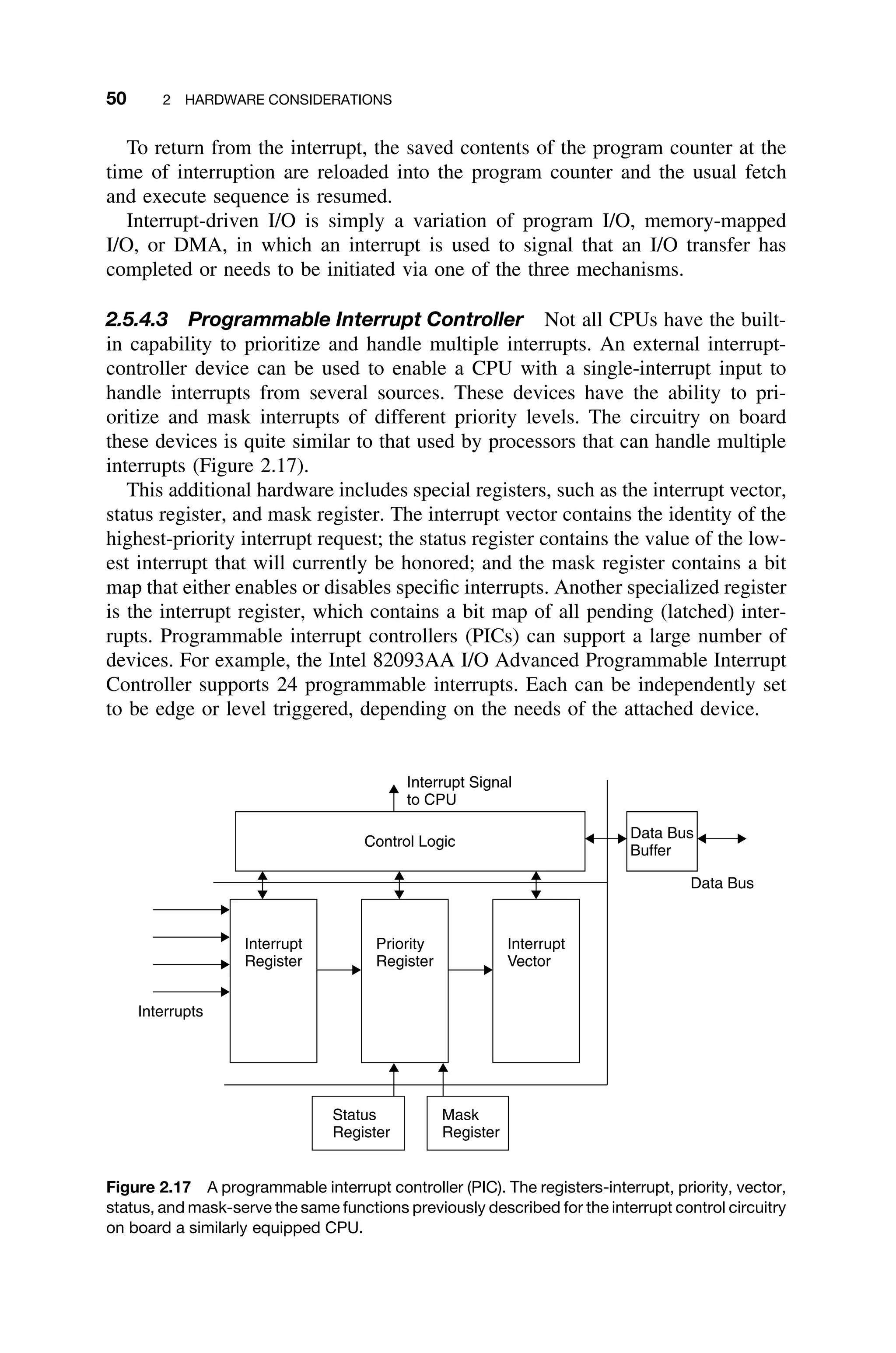 50 2 HARDWARE CONSIDERATIONS
To return from the interrupt, the saved contents of the program counter at the
time of interruption are reloaded into the program counter and the usual fetch
and execute sequence is resumed.
Interrupt-driven I/O is simply a variation of program I/O, memory-mapped
I/O, or DMA, in which an interrupt is used to signal that an I/O transfer has
completed or needs to be initiated via one of the three mechanisms.
2.5.4.3 Programmable Interrupt Controller Not all CPUs have the built-
in capability to prioritize and handle multiple interrupts. An external interrupt-
controller device can be used to enable a CPU with a single-interrupt input to
handle interrupts from several sources. These devices have the ability to pri-
oritize and mask interrupts of different priority levels. The circuitry on board
these devices is quite similar to that used by processors that can handle multiple
interrupts (Figure 2.17).
This additional hardware includes special registers, such as the interrupt vector,
status register, and mask register. The interrupt vector contains the identity of the
highest-priority interrupt request; the status register contains the value of the low-
est interrupt that will currently be honored; and the mask register contains a bit
map that either enables or disables speciﬁc interrupts. Another specialized register
is the interrupt register, which contains a bit map of all pending (latched) inter-
rupts. Programmable interrupt controllers (PICs) can support a large number of
devices. For example, the Intel 82093AA I/O Advanced Programmable Interrupt
Controller supports 24 programmable interrupts. Each can be independently set
to be edge or level triggered, depending on the needs of the attached device.
Control Logic
Interrupt
Vector
Priority
Register
Interrupt
Register
Status
Register
Mask
Register
Interrupt Signal
to CPU
Data Bus
Buffer
Interrupts
Data Bus
Figure 2.17 A programmable interrupt controller (PIC). The registers-interrupt, priority, vector,
status, and mask-serve the same functions previously described for the interrupt control circuitry
on board a similarly equipped CPU.
 