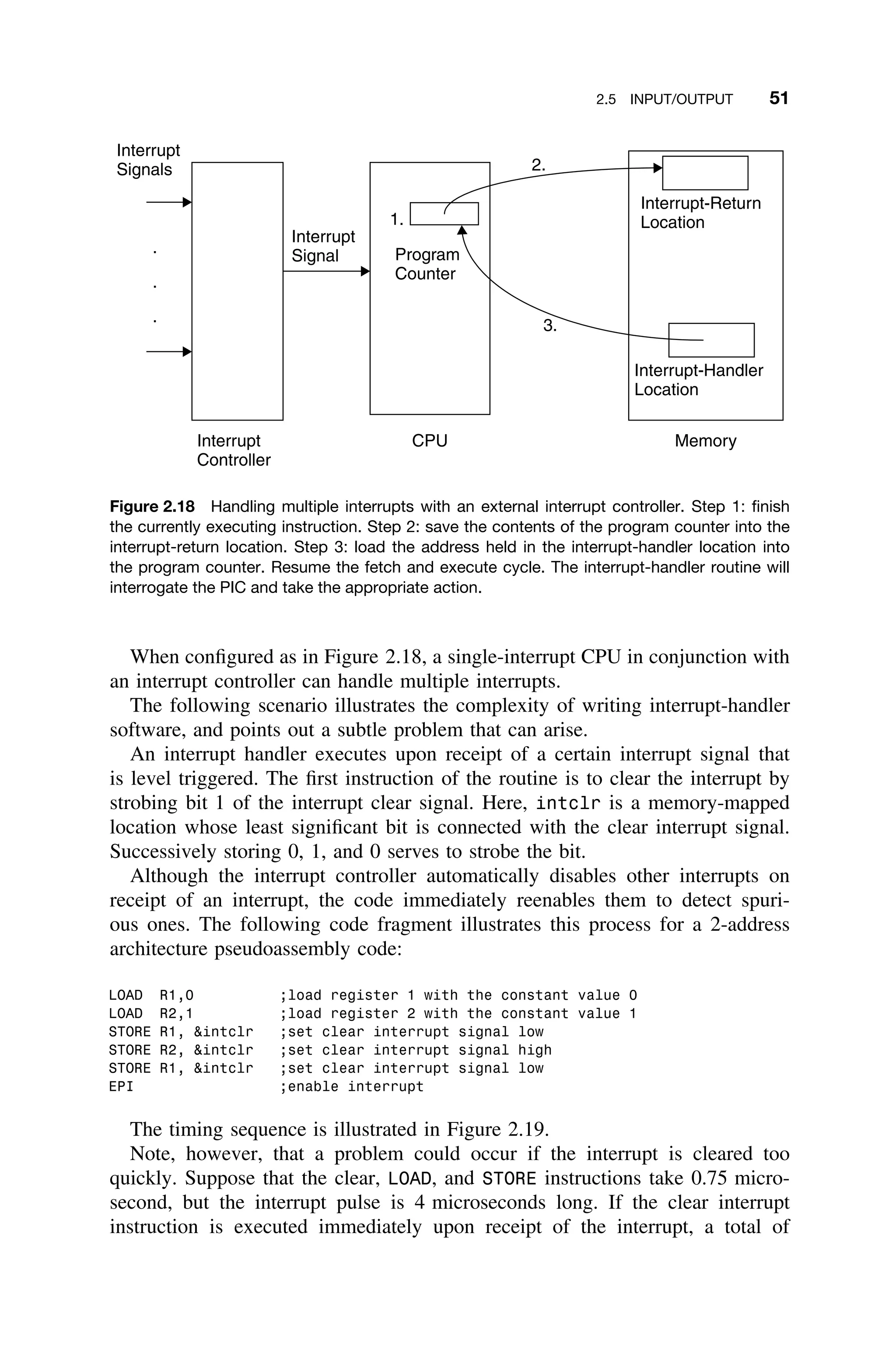 2.5 INPUT/OUTPUT 51
CPU
Interrupt-Return
Location
Interrupt-Handler
Location
Memory
2.
1.
3.
Interrupt
Controller
.
.
.
Interrupt
Signals
Interrupt
Signal Program
Counter
Figure 2.18 Handling multiple interrupts with an external interrupt controller. Step 1: ﬁnish
the currently executing instruction. Step 2: save the contents of the program counter into the
interrupt-return location. Step 3: load the address held in the interrupt-handler location into
the program counter. Resume the fetch and execute cycle. The interrupt-handler routine will
interrogate the PIC and take the appropriate action.
When conﬁgured as in Figure 2.18, a single-interrupt CPU in conjunction with
an interrupt controller can handle multiple interrupts.
The following scenario illustrates the complexity of writing interrupt-handler
software, and points out a subtle problem that can arise.
An interrupt handler executes upon receipt of a certain interrupt signal that
is level triggered. The ﬁrst instruction of the routine is to clear the interrupt by
strobing bit 1 of the interrupt clear signal. Here, intclr is a memory-mapped
location whose least signiﬁcant bit is connected with the clear interrupt signal.
Successively storing 0, 1, and 0 serves to strobe the bit.
Although the interrupt controller automatically disables other interrupts on
receipt of an interrupt, the code immediately reenables them to detect spuri-
ous ones. The following code fragment illustrates this process for a 2-address
architecture pseudoassembly code:
LOAD R1,0 ;load register 1 with the constant value 0
LOAD R2,1 ;load register 2 with the constant value 1
STORE R1, intclr ;set clear interrupt signal low
STORE R2, intclr ;set clear interrupt signal high
STORE R1, intclr ;set clear interrupt signal low
EPI ;enable interrupt
The timing sequence is illustrated in Figure 2.19.
Note, however, that a problem could occur if the interrupt is cleared too
quickly. Suppose that the clear, LOAD, and STORE instructions take 0.75 micro-
second, but the interrupt pulse is 4 microseconds long. If the clear interrupt
instruction is executed immediately upon receipt of the interrupt, a total of
 