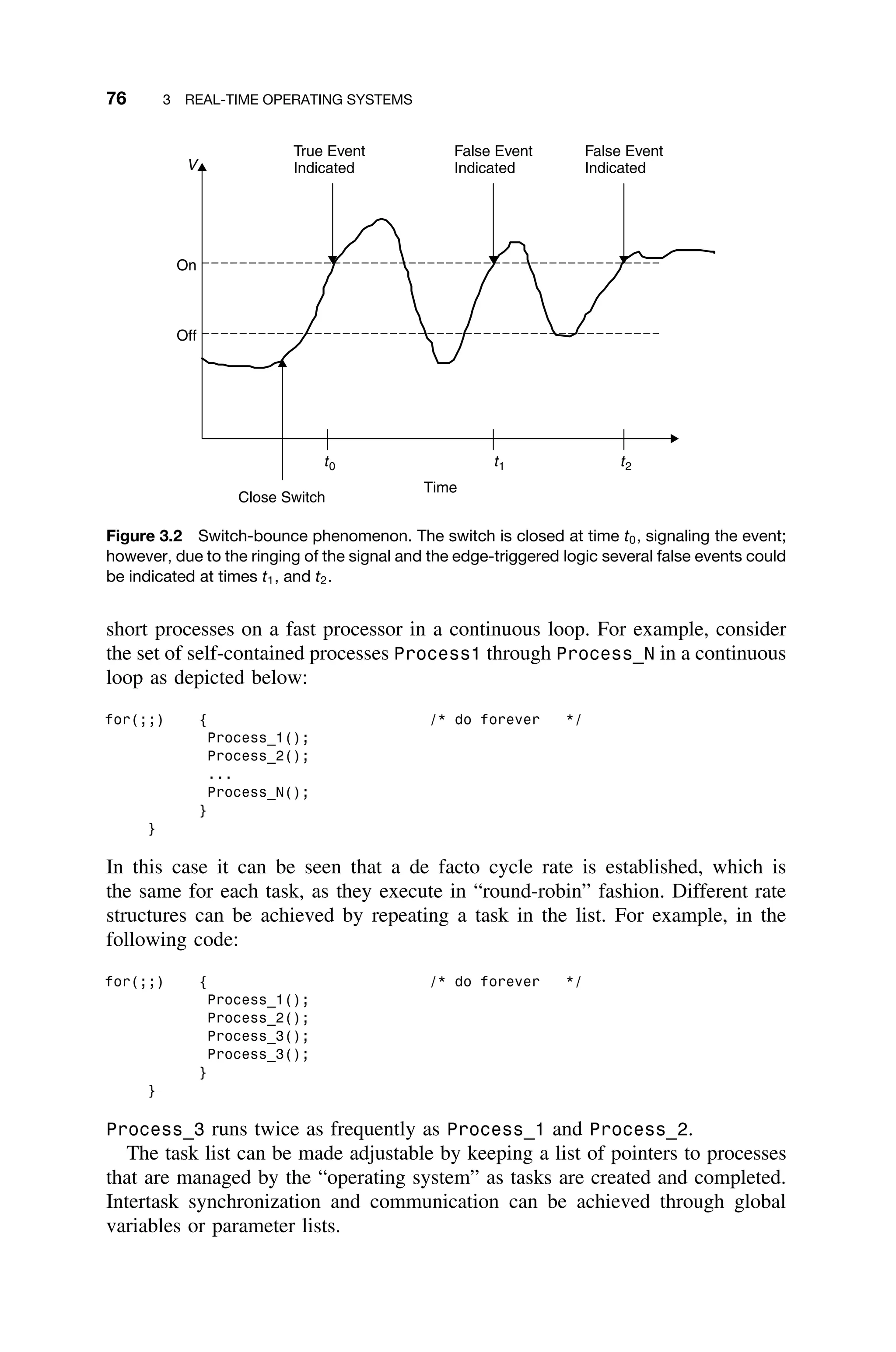 76 3 REAL-TIME OPERATING SYSTEMS
V
Time
On
Off
Close Switch
t0
True Event
Indicated
False Event
Indicated
False Event
Indicated
t1 t2
Figure 3.2 Switch-bounce phenomenon. The switch is closed at time t0, signaling the event;
however, due to the ringing of the signal and the edge-triggered logic several false events could
be indicated at times t1, and t2.
short processes on a fast processor in a continuous loop. For example, consider
the set of self-contained processes Process1 through Process_N in a continuous
loop as depicted below:
for(;;) { /* do forever */
Process_1();
Process_2();
...
Process_N();
}
}
In this case it can be seen that a de facto cycle rate is established, which is
the same for each task, as they execute in “round-robin” fashion. Different rate
structures can be achieved by repeating a task in the list. For example, in the
following code:
for(;;) { /* do forever */
Process_1();
Process_2();
Process_3();
Process_3();
}
}
Process_3 runs twice as frequently as Process_1 and Process_2.
The task list can be made adjustable by keeping a list of pointers to processes
that are managed by the “operating system” as tasks are created and completed.
Intertask synchronization and communication can be achieved through global
variables or parameter lists.
 