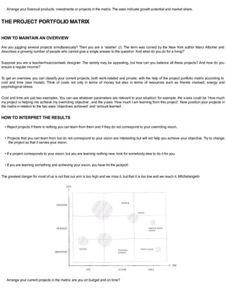 Arrange your financial products, investments or projects in the matrix. The axes indicate growth potential and market share.
THE PROJECT PORTFOLIO MATRIX
HOW TO MAINTAIN AN OVERVIEW
Are you juggling several projects simultaneously? Then you are a ‘slasher’ (/). The term was coined by the New York author Marci Alboher and
describes a growing number of people who cannot give a single answer to the question ‘And what do you do for a living?’
Suppose you are a teacher/musician/web designer. The variety may be appealing, but how can you balance all these projects? And how do you
ensure a regular income?
To get an overview, you can classify your current projects, both work-related and private, with the help of the project portfolio matrix according to
cost and time (see model). Think of costs not only in terms of money but also in terms of resources such as friends involved, energy and
psychological stress.
Cost and time are just two examples. You can use whatever parameters are relevant to your situation: for example, the x-axis could be ‘How much
my project is helping me achieve my overriding objective’, and the y-axis ‘How much I am learning from this project’. Now position your projects in
the matrix in relation to the two axes ‘objectives achieved’ and ‘amount learned’.
HOW TO INTERPRET THE RESULTS
• Reject projects if there is nothing you can learn from them and if they do not correspond to your overriding vision.
• Projects that you can learn from but do not correspond to your vision are interesting but will not help you achieve your objective. Try to change
the project so that it serves your vision.
• If a project corresponds to your vision, but you are learning nothing new, look for somebody else to do it for you.
• If you are learning something and achieving your vision, you have hit the jackpot!
The greatest danger for most of us is not that our aim is too high and we miss it, but that it is too low and we reach it. Michelangelo
Arrange your current projects in the matrix: are you on budget and on time?
 
