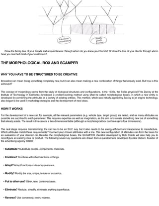Draw the family tree of your friends and acquaintances: through whom do you know your friends? Or draw the tree of your clients: through whom
have you reached most of your customers?
THE MORPHOLOGICAL BOX AND SCAMPER
WHY YOU HAVE TO BE STRUCTURED TO BE CREATIVE
Innovation can mean doing something completely new, but it can also mean making a new combination of things that already exist. But how is this
achieved?
The concept of morphology stems from the study of biological structures and configurations. In the 1930s, the Swiss physicist Fritz Zwicky at the
Institute of Technology in California developed a problem-solving method using what he called morphological boxes, in which a new entity is
developed by combining the attributes of a variety of existing entities. This method, which was initially applied by Zwicky to jet engine technology,
also began to be used in marketing strategies and the development of new ideas.
HOW IT WORKS
For the development of a new car, for example, all the relevant parameters (e.g. vehicle type, target group) are noted, and as many attributes as
possible are ascribed to each parameter. This requires expertise as well as imagination, as the aim is to create something new out of something
that already exists. The result in this case is a two-dimensional table (although a morphological box can have up to four dimensions).
The next stage requires brainstorming: the car has to be an SUV, say, but it also needs to be energy-efficient and inexpensive to manufacture.
Which attributes match these requirements? Connect your chosen attributes with a line. This new configuration of attributes can form the basis for
an evaluation of your desired car. Besides the morphological boxes, the SCAMPER checklist developed by Bob Eberle will also help you to
reconfigure an existing idea or product. The following seven key questions are drawn from a questionnaire developed by Alex Osborn, founder of
the advertising agency BBDO:
• Substitute? Substitute people, components, materials.
• Combine? Combine with other functions or things.
• Adapt? Adapt functions or visual appearance.
• Modify? Modify the size, shape, texture or acoustics.
• Put to other use? Other, new, combined uses.
• Eliminate? Reduce, simplify, eliminate anything superfluous.
• Reverse? Use conversely, invert, reverse.
 